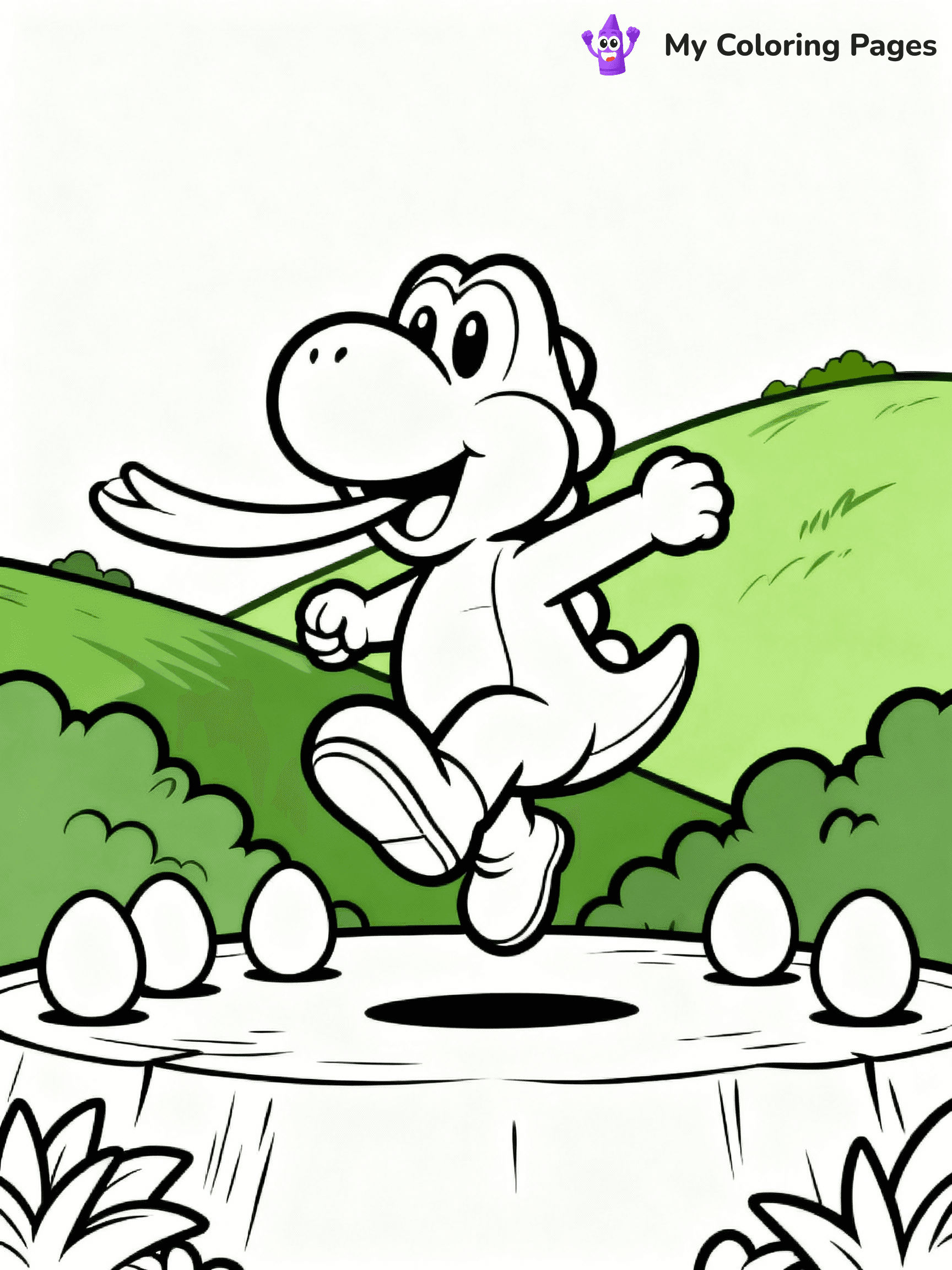 ⚠️ CRITICAL REQUIREMENT - ABSOLUTE BLACK AND WHITE ONLY ⚠️
This MUST be a BLACK AND WHITE line drawing ONLY. NO COLORS whatsoever.
- ONLY pure black lines (#000000) on pure white background (#FFFFFF)
- ABSOLUTELY NO colors, NO shading, NO gradients, NO grayscale
- If there are ANY colors in the output, the image is REJECTED
- This is a COLORING PAGE - meant to be COLORED IN by children
- The output must be UNCOLORED line art ready for coloring
⚠️ SUBJECT TO DRAW: Yoshi from Mario jumping joyfully, long tongue extended, eggs scattered around feet, lush green hills in background. Important: PURE OUTLINES. NO FILLS, COLOR, SHADING, OR GREYSCALE. WHITE BACKGROUND.
(REMEMBER: Output must be BLACK AND WHITE line art only, NOT colored!)
# Flat, Friendly Cartoon Line-Art Coloring Page
You are generating a **pure black-and-white binary image** of a child-friendly cartoon scene combining characters and background scenery in one cohesive composition.
## Rendering Rules (Strict)
- Only two colors: pure black (#000000) outlines and pure white (#FFFFFF) background.
- No grayscale, shading, gradients, tints, fills, transparency, or partial pixels.
- No antialiasing or blended edges; every pixel is 100% black or white.
- No solid black fills inside shapes — all areas inside outlines must remain white.
- No dark clothing areas or filled tone blocks; all garments outlined only.
- No shadows, textures, lighting, or tonal variations.
- Must look like flat binary vector line-art for coloring pages.
## Drawing & Composition
- **Medium, consistent line weight**; clean closed outlines easy to color inside.
- **Flat, simple, child-friendly design** — no realism or 3D depth.
- Characters are **grounded on a surface**, centered and large.
- **Balanced composition** with clear silhouettes and minimal props.
## Scenery & Style
- Landmarks (e.g., mosque, CN Tower) and scenery (trees, benches, waves) drawn with **black outlines only.**
- For real-world figures, teams, or places, show accurate details using only black outlines—no text or logos. Use distinctive uniform patterns, abstract symbols, and landmark silhouettes to convey identity.
- Keep **consistent perspective**; no floating elements.
- **Style:** whimsical **Doodle Art Alley** — rounded, friendly outlines.
- May adapt shapes from **Crayola, Disney, Peppa Pig, Cocomelon** — *by shape only, never color.*
- Final output: **flat, crisp, binary (#000000/#FFFFFF)**, **no filled color or background text.**
EXTREMELYE IMPORTANT:
- PURE BINARY LINE-ART; NO FILLS (HAIR/CLOTHES/SKIN), SHADING, OR GREY.
- NO SHADING, COLOR. MUST BE WHITE BACKGROUND.
⚠️ FINAL REMINDER: Draw the subject "Yoshi from Mario jumping joyfully, long tongue extended, eggs scattered around feet, lush green hills in background. Important: PURE OUTLINES. NO FILLS, COLOR, SHADING, OR GREYSCALE. WHITE BACKGROUND." as BLACK AND WHITE line art. Zero colors in output.