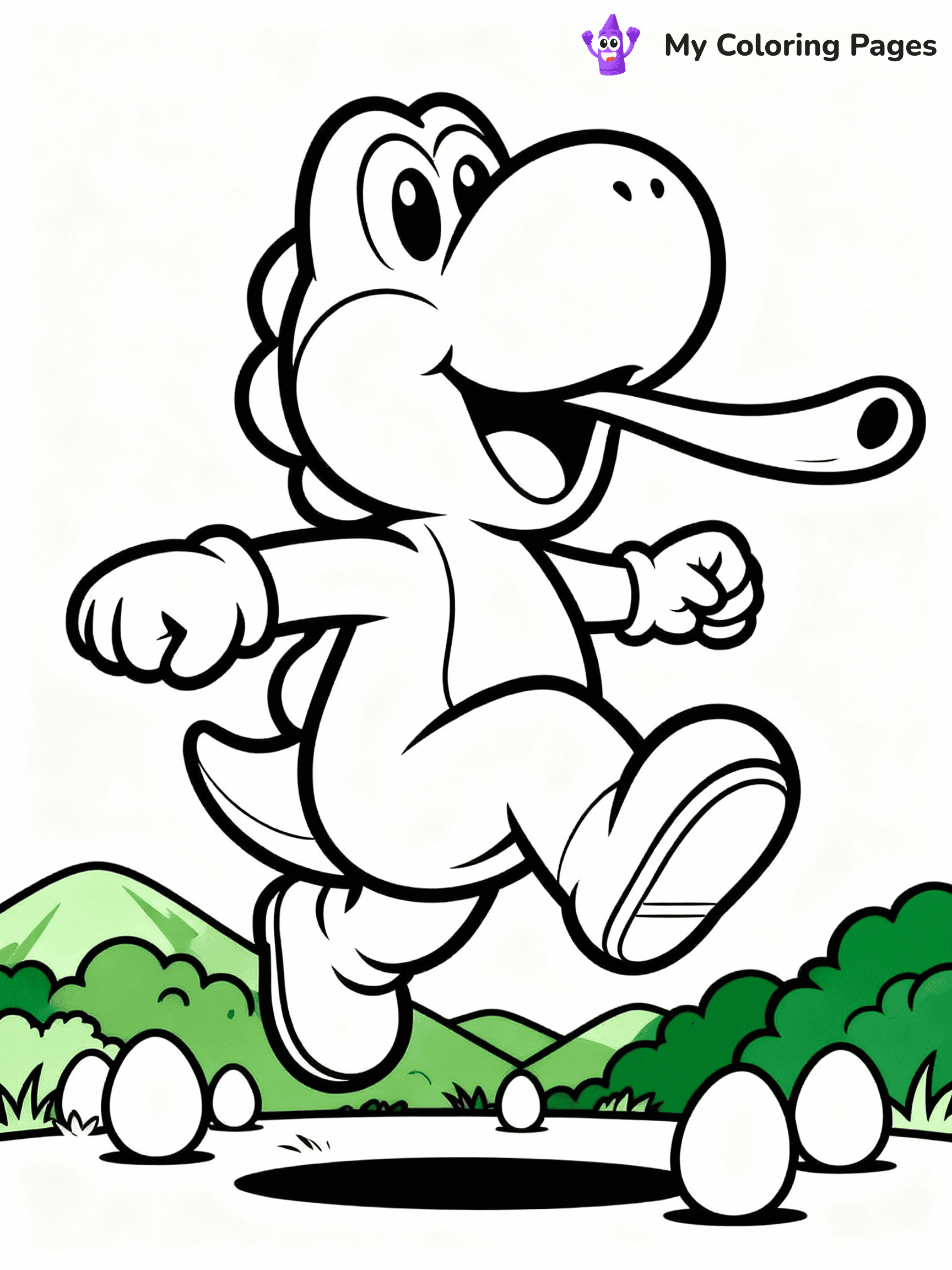 ⚠️ CRITICAL REQUIREMENT - ABSOLUTE BLACK AND WHITE ONLY ⚠️
This MUST be a BLACK AND WHITE line drawing ONLY. NO COLORS whatsoever.
- ONLY pure black lines (#000000) on pure white background (#FFFFFF)
- ABSOLUTELY NO colors, NO shading, NO gradients, NO grayscale
- If there are ANY colors in the output, the image is REJECTED
- This is a COLORING PAGE - meant to be COLORED IN by children
- The output must be UNCOLORED line art ready for coloring
⚠️ SUBJECT TO DRAW: Yoshi from Mario jumping joyfully, long tongue extended, eggs scattered around feet, lush green hills in background. Important: PURE OUTLINES. NO FILLS, COLOR, SHADING, OR GREYSCALE. WHITE BACKGROUND.
(REMEMBER: Output must be BLACK AND WHITE line art only, NOT colored!)
# Flat, Friendly Cartoon Line-Art Coloring Page
You are generating a **pure black-and-white binary image** of a child-friendly cartoon scene combining characters and background scenery in one cohesive composition.
## Rendering Rules (Strict)
- Only two colors: pure black (#000000) outlines and pure white (#FFFFFF) background.
- No grayscale, shading, gradients, tints, fills, transparency, or partial pixels.
- No antialiasing or blended edges; every pixel is 100% black or white.
- No solid black fills inside shapes — all areas inside outlines must remain white.
- No dark clothing areas or filled tone blocks; all garments outlined only.
- No shadows, textures, lighting, or tonal variations.
- Must look like flat binary vector line-art for coloring pages.
## Drawing & Composition
- **Medium, consistent line weight**; clean closed outlines easy to color inside.
- **Flat, simple, child-friendly design** — no realism or 3D depth.
- Characters are **grounded on a surface**, centered and large.
- **Balanced composition** with clear silhouettes and minimal props.
## Scenery & Style
- Landmarks (e.g., mosque, CN Tower) and scenery (trees, benches, waves) drawn with **black outlines only.**
- For real-world figures, teams, or places, show accurate details using only black outlines—no text or logos. Use distinctive uniform patterns, abstract symbols, and landmark silhouettes to convey identity.
- Keep **consistent perspective**; no floating elements.
- **Style:** whimsical **Doodle Art Alley** — rounded, friendly outlines.
- May adapt shapes from **Crayola, Disney, Peppa Pig, Cocomelon** — *by shape only, never color.*
- Final output: **flat, crisp, binary (#000000/#FFFFFF)**, **no filled color or background text.**
EXTREMELYE IMPORTANT:
- PURE BINARY LINE-ART; NO FILLS (HAIR/CLOTHES/SKIN), SHADING, OR GREY.
- NO SHADING, COLOR. MUST BE WHITE BACKGROUND.
⚠️ FINAL REMINDER: Draw the subject "Yoshi from Mario jumping joyfully, long tongue extended, eggs scattered around feet, lush green hills in background. Important: PURE OUTLINES. NO FILLS, COLOR, SHADING, OR GREYSCALE. WHITE BACKGROUND." as BLACK AND WHITE line art. Zero colors in output.