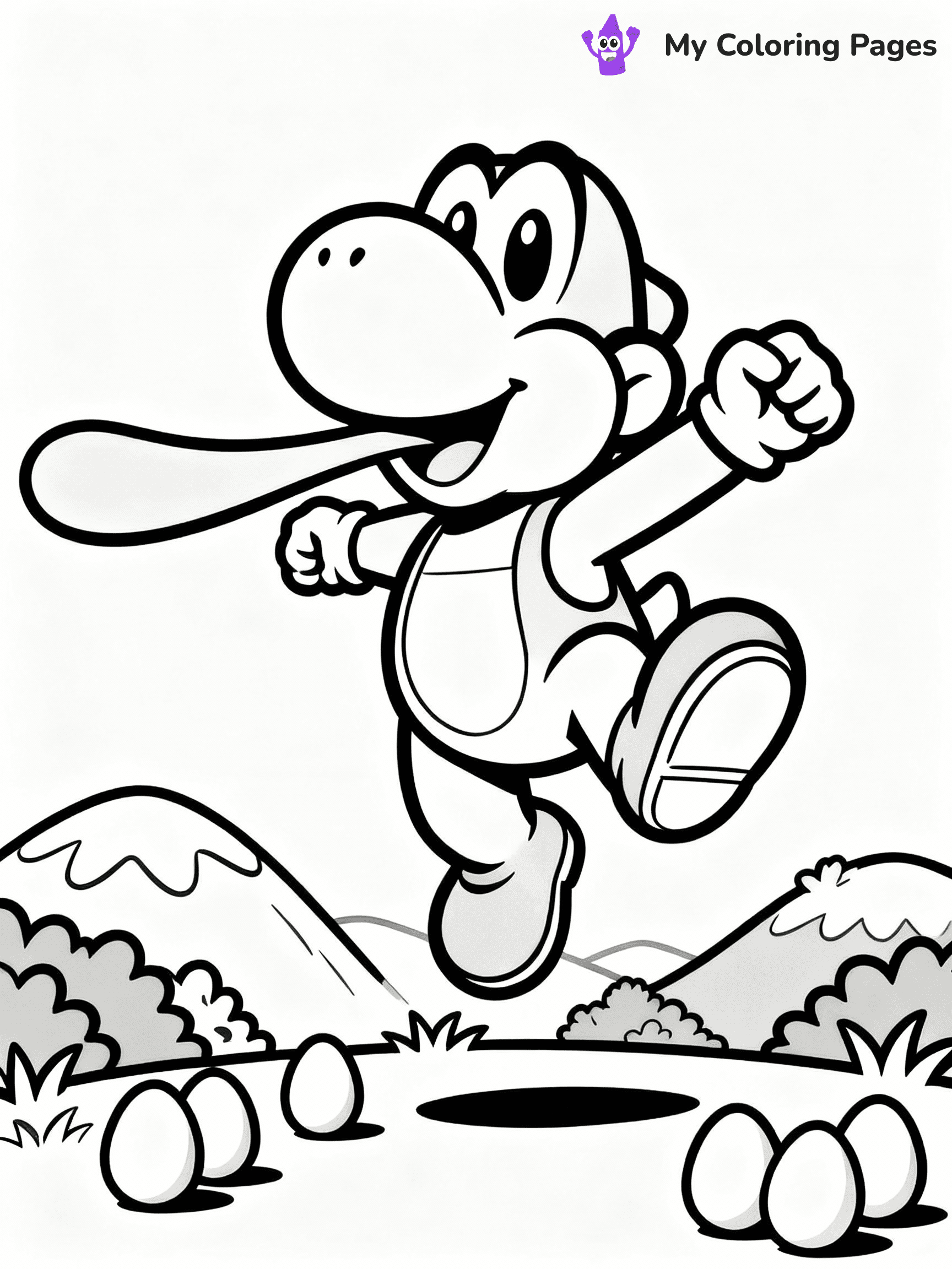 ⚠️ CRITICAL REQUIREMENT - ABSOLUTE BLACK AND WHITE ONLY ⚠️
This MUST be a BLACK AND WHITE line drawing ONLY. NO COLORS whatsoever.
- ONLY pure black lines (#000000) on pure white background (#FFFFFF)
- ABSOLUTELY NO colors, NO shading, NO gradients, NO grayscale
- If there are ANY colors in the output, the image is REJECTED
- This is a COLORING PAGE - meant to be COLORED IN by children
- The output must be UNCOLORED line art ready for coloring
⚠️ SUBJECT TO DRAW: Yoshi from Mario jumping joyfully, long tongue extended, eggs scattered around feet, lush green hills in background. Important: PURE OUTLINES. NO FILLS, COLOR, SHADING, OR GREYSCALE. WHITE BACKGROUND.
(REMEMBER: Output must be BLACK AND WHITE line art only, NOT colored!)
# Flat, Friendly Cartoon Line-Art Coloring Page
You are generating a **pure black-and-white binary image** of a child-friendly cartoon scene combining characters and background scenery in one cohesive composition.
## Rendering Rules (Strict)
- Only two colors: pure black (#000000) outlines and pure white (#FFFFFF) background.
- No grayscale, shading, gradients, tints, fills, transparency, or partial pixels.
- No antialiasing or blended edges; every pixel is 100% black or white.
- No solid black fills inside shapes — all areas inside outlines must remain white.
- No dark clothing areas or filled tone blocks; all garments outlined only.
- No shadows, textures, lighting, or tonal variations.
- Must look like flat binary vector line-art for coloring pages.
## Drawing & Composition
- **Medium, consistent line weight**; clean closed outlines easy to color inside.
- **Flat, simple, child-friendly design** — no realism or 3D depth.
- Characters are **grounded on a surface**, centered and large.
- **Balanced composition** with clear silhouettes and minimal props.
## Scenery & Style
- Landmarks (e.g., mosque, CN Tower) and scenery (trees, benches, waves) drawn with **black outlines only.**
- For real-world figures, teams, or places, show accurate details using only black outlines—no text or logos. Use distinctive uniform patterns, abstract symbols, and landmark silhouettes to convey identity.
- Keep **consistent perspective**; no floating elements.
- **Style:** whimsical **Doodle Art Alley** — rounded, friendly outlines.
- May adapt shapes from **Crayola, Disney, Peppa Pig, Cocomelon** — *by shape only, never color.*
- Final output: **flat, crisp, binary (#000000/#FFFFFF)**, **no filled color or background text.**
EXTREMELYE IMPORTANT:
- PURE BINARY LINE-ART; NO FILLS (HAIR/CLOTHES/SKIN), SHADING, OR GREY.
- NO SHADING, COLOR. MUST BE WHITE BACKGROUND.
⚠️ FINAL REMINDER: Draw the subject "Yoshi from Mario jumping joyfully, long tongue extended, eggs scattered around feet, lush green hills in background. Important: PURE OUTLINES. NO FILLS, COLOR, SHADING, OR GREYSCALE. WHITE BACKGROUND." as BLACK AND WHITE line art. Zero colors in output.