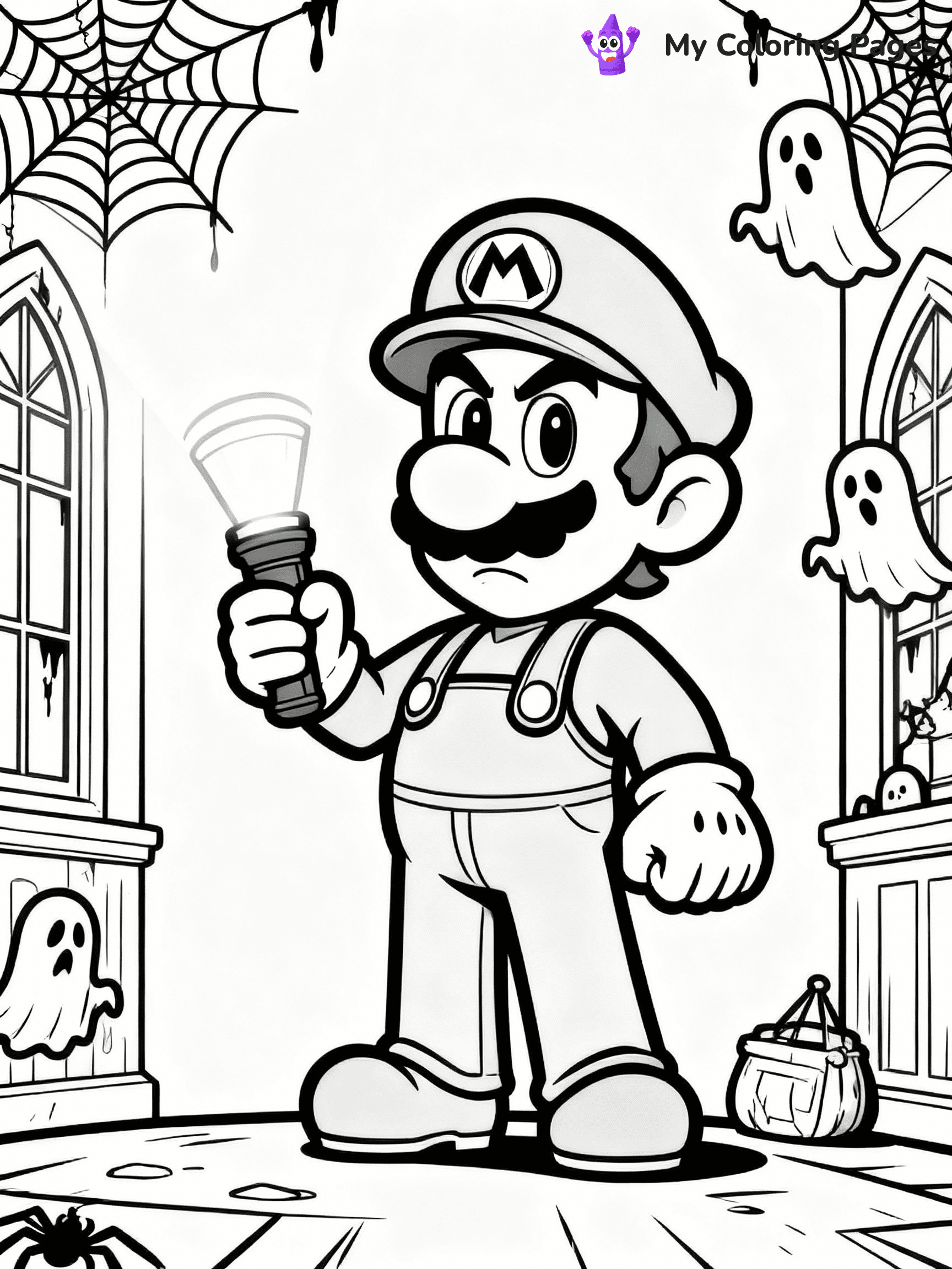 ⚠️ CRITICAL REQUIREMENT - ABSOLUTE BLACK AND WHITE ONLY ⚠️
This MUST be a BLACK AND WHITE line drawing ONLY. NO COLORS whatsoever.
- ONLY pure black lines (#000000) on pure white background (#FFFFFF)
- ABSOLUTELY NO colors, NO shading, NO gradients, NO grayscale
- If there are ANY colors in the output, the image is REJECTED
- This is a COLORING PAGE - meant to be COLORED IN by children
- The output must be UNCOLORED line art ready for coloring
⚠️ SUBJECT TO DRAW: Luigi from Mario holding a flashlight, determined expression, standing in a spooky haunted mansion, cobwebs and ghosts lurking in the corners. Important: PURE OUTLINES. NO FILLS, COLOR, SHADING, OR GREYSCALE. WHITE BACKGROUND.
(REMEMBER: Output must be BLACK AND WHITE line art only, NOT colored!)
# Flat, Friendly Cartoon Line-Art Coloring Page
You are generating a **pure black-and-white binary image** of a child-friendly cartoon scene combining characters and background scenery in one cohesive composition.
## Rendering Rules (Strict)
- Only two colors: pure black (#000000) outlines and pure white (#FFFFFF) background.
- No grayscale, shading, gradients, tints, fills, transparency, or partial pixels.
- No antialiasing or blended edges; every pixel is 100% black or white.
- No solid black fills inside shapes — all areas inside outlines must remain white.
- No dark clothing areas or filled tone blocks; all garments outlined only.
- No shadows, textures, lighting, or tonal variations.
- Must look like flat binary vector line-art for coloring pages.
## Drawing & Composition
- **Medium, consistent line weight**; clean closed outlines easy to color inside.
- **Flat, simple, child-friendly design** — no realism or 3D depth.
- Characters are **grounded on a surface**, centered and large.
- **Balanced composition** with clear silhouettes and minimal props.
## Scenery & Style
- Landmarks (e.g., mosque, CN Tower) and scenery (trees, benches, waves) drawn with **black outlines only.**
- For real-world figures, teams, or places, show accurate details using only black outlines—no text or logos. Use distinctive uniform patterns, abstract symbols, and landmark silhouettes to convey identity.
- Keep **consistent perspective**; no floating elements.
- **Style:** whimsical **Doodle Art Alley** — rounded, friendly outlines.
- May adapt shapes from **Crayola, Disney, Peppa Pig, Cocomelon** — *by shape only, never color.*
- Final output: **flat, crisp, binary (#000000/#FFFFFF)**, **no filled color or background text.**
EXTREMELYE IMPORTANT:
- PURE BINARY LINE-ART; NO FILLS (HAIR/CLOTHES/SKIN), SHADING, OR GREY.
- NO SHADING, COLOR. MUST BE WHITE BACKGROUND.
⚠️ FINAL REMINDER: Draw the subject "Luigi from Mario holding a flashlight, determined expression, standing in a spooky haunted mansion, cobwebs and ghosts lurking in the corners. Important: PURE OUTLINES. NO FILLS, COLOR, SHADING, OR GREYSCALE. WHITE BACKGROUND." as BLACK AND WHITE line art. Zero colors in output.
