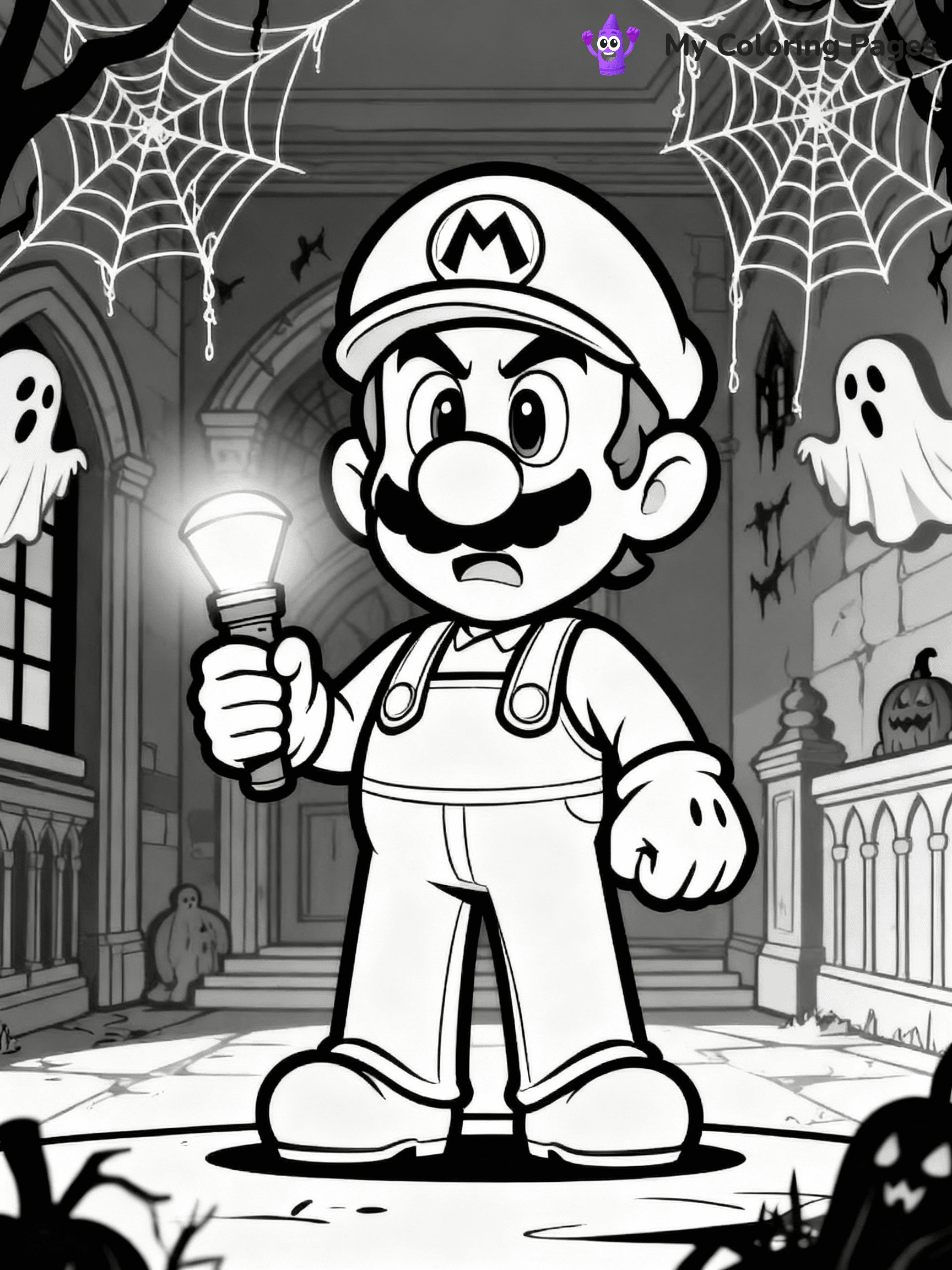 ⚠️ CRITICAL REQUIREMENT - ABSOLUTE BLACK AND WHITE ONLY ⚠️
This MUST be a BLACK AND WHITE line drawing ONLY. NO COLORS whatsoever.
- ONLY pure black lines (#000000) on pure white background (#FFFFFF)
- ABSOLUTELY NO colors, NO shading, NO gradients, NO grayscale
- If there are ANY colors in the output, the image is REJECTED
- This is a COLORING PAGE - meant to be COLORED IN by children
- The output must be UNCOLORED line art ready for coloring
⚠️ SUBJECT TO DRAW: Luigi from Mario holding a flashlight, determined expression, standing in a spooky haunted mansion, cobwebs and ghosts lurking in the corners. Important: PURE OUTLINES. NO FILLS, COLOR, SHADING, OR GREYSCALE. WHITE BACKGROUND.
(REMEMBER: Output must be BLACK AND WHITE line art only, NOT colored!)
# Flat, Friendly Cartoon Line-Art Coloring Page
You are generating a **pure black-and-white binary image** of a child-friendly cartoon scene combining characters and background scenery in one cohesive composition.
## Rendering Rules (Strict)
- Only two colors: pure black (#000000) outlines and pure white (#FFFFFF) background.
- No grayscale, shading, gradients, tints, fills, transparency, or partial pixels.
- No antialiasing or blended edges; every pixel is 100% black or white.
- No solid black fills inside shapes — all areas inside outlines must remain white.
- No dark clothing areas or filled tone blocks; all garments outlined only.
- No shadows, textures, lighting, or tonal variations.
- Must look like flat binary vector line-art for coloring pages.
## Drawing & Composition
- **Medium, consistent line weight**; clean closed outlines easy to color inside.
- **Flat, simple, child-friendly design** — no realism or 3D depth.
- Characters are **grounded on a surface**, centered and large.
- **Balanced composition** with clear silhouettes and minimal props.
## Scenery & Style
- Landmarks (e.g., mosque, CN Tower) and scenery (trees, benches, waves) drawn with **black outlines only.**
- For real-world figures, teams, or places, show accurate details using only black outlines—no text or logos. Use distinctive uniform patterns, abstract symbols, and landmark silhouettes to convey identity.
- Keep **consistent perspective**; no floating elements.
- **Style:** whimsical **Doodle Art Alley** — rounded, friendly outlines.
- May adapt shapes from **Crayola, Disney, Peppa Pig, Cocomelon** — *by shape only, never color.*
- Final output: **flat, crisp, binary (#000000/#FFFFFF)**, **no filled color or background text.**
EXTREMELYE IMPORTANT:
- PURE BINARY LINE-ART; NO FILLS (HAIR/CLOTHES/SKIN), SHADING, OR GREY.
- NO SHADING, COLOR. MUST BE WHITE BACKGROUND.
⚠️ FINAL REMINDER: Draw the subject "Luigi from Mario holding a flashlight, determined expression, standing in a spooky haunted mansion, cobwebs and ghosts lurking in the corners. Important: PURE OUTLINES. NO FILLS, COLOR, SHADING, OR GREYSCALE. WHITE BACKGROUND." as BLACK AND WHITE line art. Zero colors in output.