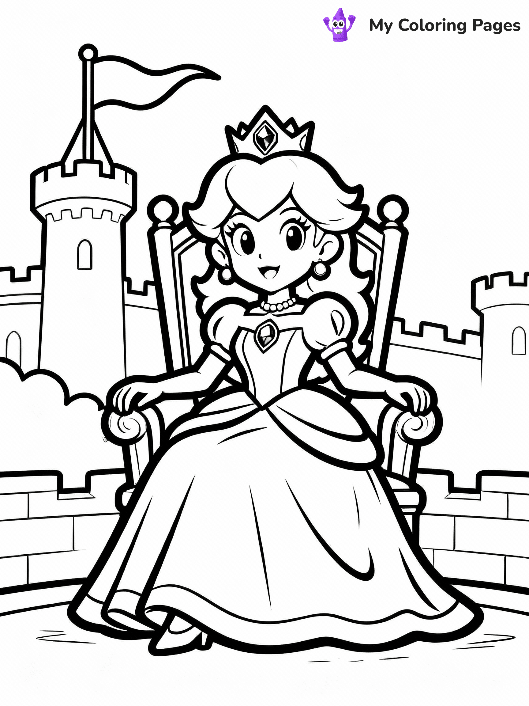 ⚠️ CRITICAL REQUIREMENT - ABSOLUTE BLACK AND WHITE ONLY ⚠️
This MUST be a BLACK AND WHITE line drawing ONLY. NO COLORS whatsoever.
- ONLY pure black lines (#000000) on pure white background (#FFFFFF)
- ABSOLUTELY NO colors, NO shading, NO gradients, NO grayscale
- If there are ANY colors in the output, the image is REJECTED
- This is a COLORING PAGE - meant to be COLORED IN by children
- The output must be UNCOLORED line art ready for coloring
⚠️ SUBJECT TO DRAW: Princess Peach from Mario sitting on a throne, elegant gown flowing, crown adorned with jewels, castle backdrop with flags waving. Important: PURE OUTLINES. NO FILLS, COLOR, SHADING, OR GREYSCALE. WHITE BACKGROUND.
(REMEMBER: Output must be BLACK AND WHITE line art only, NOT colored!)
# Flat, Friendly Cartoon Line-Art Coloring Page
You are generating a **pure black-and-white binary image** of a child-friendly cartoon scene combining characters and background scenery in one cohesive composition.
## Rendering Rules (Strict)
- Only two colors: pure black (#000000) outlines and pure white (#FFFFFF) background.
- No grayscale, shading, gradients, tints, fills, transparency, or partial pixels.
- No antialiasing or blended edges; every pixel is 100% black or white.
- No solid black fills inside shapes — all areas inside outlines must remain white.
- No dark clothing areas or filled tone blocks; all garments outlined only.
- No shadows, textures, lighting, or tonal variations.
- Must look like flat binary vector line-art for coloring pages.
## Drawing & Composition
- **Medium, consistent line weight**; clean closed outlines easy to color inside.
- **Flat, simple, child-friendly design** — no realism or 3D depth.
- Characters are **grounded on a surface**, centered and large.
- **Balanced composition** with clear silhouettes and minimal props.
## Scenery & Style
- Landmarks (e.g., mosque, CN Tower) and scenery (trees, benches, waves) drawn with **black outlines only.**
- For real-world figures, teams, or places, show accurate details using only black outlines—no text or logos. Use distinctive uniform patterns, abstract symbols, and landmark silhouettes to convey identity.
- Keep **consistent perspective**; no floating elements.
- **Style:** whimsical **Doodle Art Alley** — rounded, friendly outlines.
- May adapt shapes from **Crayola, Disney, Peppa Pig, Cocomelon** — *by shape only, never color.*
- Final output: **flat, crisp, binary (#000000/#FFFFFF)**, **no filled color or background text.**
EXTREMELYE IMPORTANT:
- PURE BINARY LINE-ART; NO FILLS (HAIR/CLOTHES/SKIN), SHADING, OR GREY.
- NO SHADING, COLOR. MUST BE WHITE BACKGROUND.
⚠️ FINAL REMINDER: Draw the subject "Princess Peach from Mario sitting on a throne, elegant gown flowing, crown adorned with jewels, castle backdrop with flags waving. Important: PURE OUTLINES. NO FILLS, COLOR, SHADING, OR GREYSCALE. WHITE BACKGROUND." as BLACK AND WHITE line art. Zero colors in output.