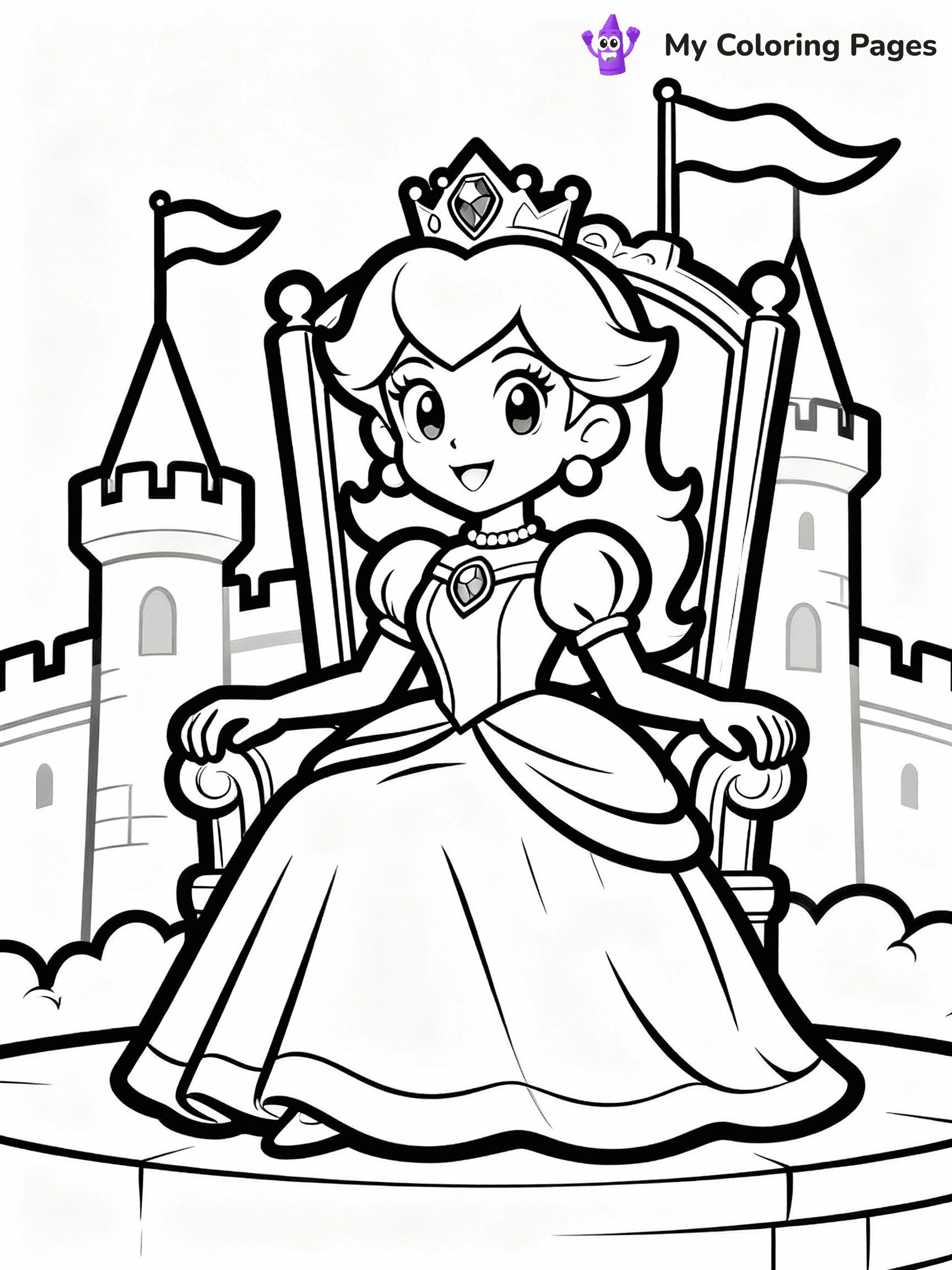 ⚠️ CRITICAL REQUIREMENT - ABSOLUTE BLACK AND WHITE ONLY ⚠️
This MUST be a BLACK AND WHITE line drawing ONLY. NO COLORS whatsoever.
- ONLY pure black lines (#000000) on pure white background (#FFFFFF)
- ABSOLUTELY NO colors, NO shading, NO gradients, NO grayscale
- If there are ANY colors in the output, the image is REJECTED
- This is a COLORING PAGE - meant to be COLORED IN by children
- The output must be UNCOLORED line art ready for coloring
⚠️ SUBJECT TO DRAW: Princess Peach from Mario sitting on a throne, elegant gown flowing, crown adorned with jewels, castle backdrop with flags waving. Important: PURE OUTLINES. NO FILLS, COLOR, SHADING, OR GREYSCALE. WHITE BACKGROUND.
(REMEMBER: Output must be BLACK AND WHITE line art only, NOT colored!)
# Flat, Friendly Cartoon Line-Art Coloring Page
You are generating a **pure black-and-white binary image** of a child-friendly cartoon scene combining characters and background scenery in one cohesive composition.
## Rendering Rules (Strict)
- Only two colors: pure black (#000000) outlines and pure white (#FFFFFF) background.
- No grayscale, shading, gradients, tints, fills, transparency, or partial pixels.
- No antialiasing or blended edges; every pixel is 100% black or white.
- No solid black fills inside shapes — all areas inside outlines must remain white.
- No dark clothing areas or filled tone blocks; all garments outlined only.
- No shadows, textures, lighting, or tonal variations.
- Must look like flat binary vector line-art for coloring pages.
## Drawing & Composition
- **Medium, consistent line weight**; clean closed outlines easy to color inside.
- **Flat, simple, child-friendly design** — no realism or 3D depth.
- Characters are **grounded on a surface**, centered and large.
- **Balanced composition** with clear silhouettes and minimal props.
## Scenery & Style
- Landmarks (e.g., mosque, CN Tower) and scenery (trees, benches, waves) drawn with **black outlines only.**
- For real-world figures, teams, or places, show accurate details using only black outlines—no text or logos. Use distinctive uniform patterns, abstract symbols, and landmark silhouettes to convey identity.
- Keep **consistent perspective**; no floating elements.
- **Style:** whimsical **Doodle Art Alley** — rounded, friendly outlines.
- May adapt shapes from **Crayola, Disney, Peppa Pig, Cocomelon** — *by shape only, never color.*
- Final output: **flat, crisp, binary (#000000/#FFFFFF)**, **no filled color or background text.**
EXTREMELYE IMPORTANT:
- PURE BINARY LINE-ART; NO FILLS (HAIR/CLOTHES/SKIN), SHADING, OR GREY.
- NO SHADING, COLOR. MUST BE WHITE BACKGROUND.
⚠️ FINAL REMINDER: Draw the subject "Princess Peach from Mario sitting on a throne, elegant gown flowing, crown adorned with jewels, castle backdrop with flags waving. Important: PURE OUTLINES. NO FILLS, COLOR, SHADING, OR GREYSCALE. WHITE BACKGROUND." as BLACK AND WHITE line art. Zero colors in output.