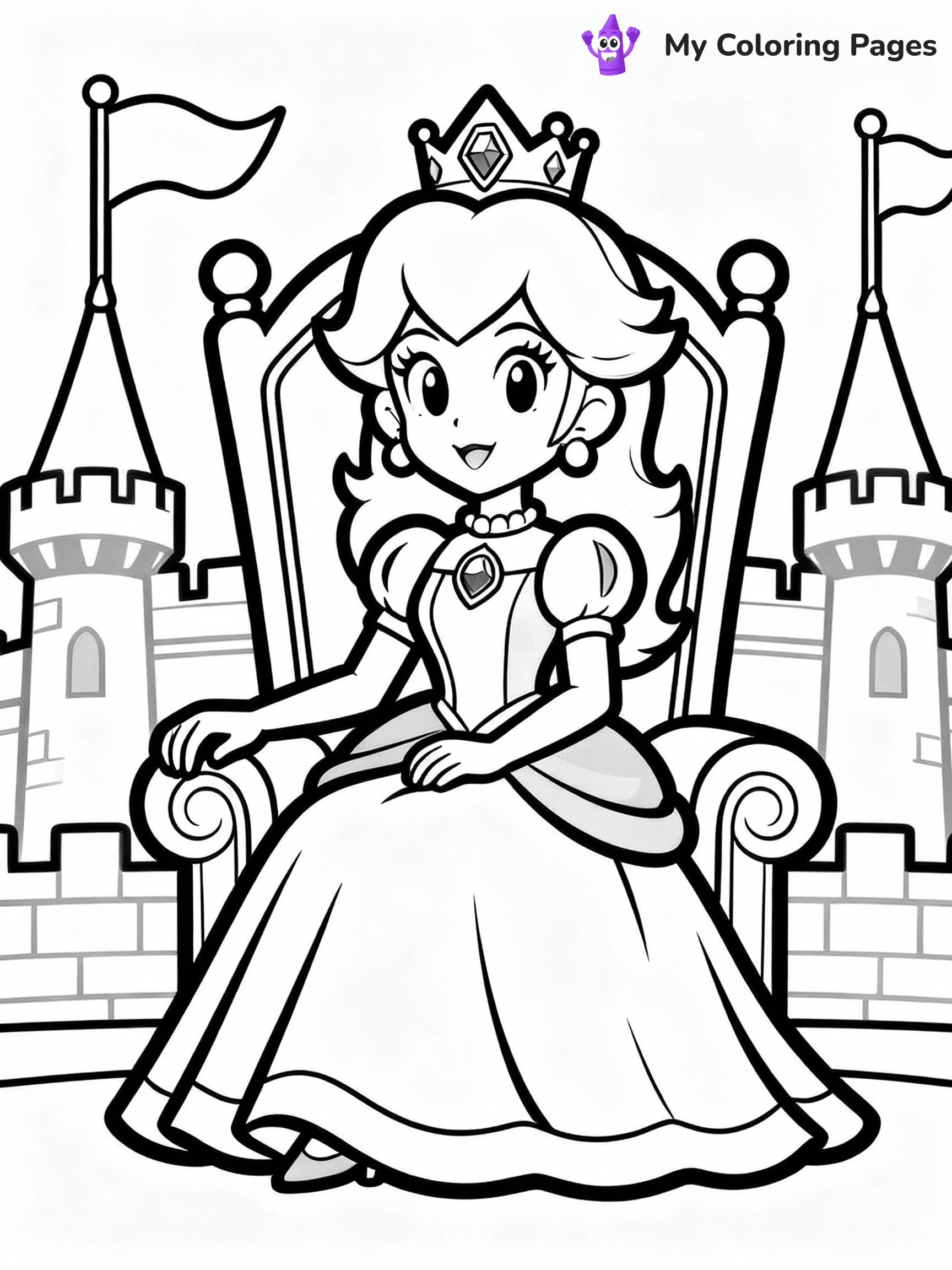 ⚠️ CRITICAL REQUIREMENT - ABSOLUTE BLACK AND WHITE ONLY ⚠️
This MUST be a BLACK AND WHITE line drawing ONLY. NO COLORS whatsoever.
- ONLY pure black lines (#000000) on pure white background (#FFFFFF)
- ABSOLUTELY NO colors, NO shading, NO gradients, NO grayscale
- If there are ANY colors in the output, the image is REJECTED
- This is a COLORING PAGE - meant to be COLORED IN by children
- The output must be UNCOLORED line art ready for coloring
⚠️ SUBJECT TO DRAW: Princess Peach from Mario sitting on a throne, elegant gown flowing, crown adorned with jewels, castle backdrop with flags waving. Important: PURE OUTLINES. NO FILLS, COLOR, SHADING, OR GREYSCALE. WHITE BACKGROUND.
(REMEMBER: Output must be BLACK AND WHITE line art only, NOT colored!)
# Flat, Friendly Cartoon Line-Art Coloring Page
You are generating a **pure black-and-white binary image** of a child-friendly cartoon scene combining characters and background scenery in one cohesive composition.
## Rendering Rules (Strict)
- Only two colors: pure black (#000000) outlines and pure white (#FFFFFF) background.
- No grayscale, shading, gradients, tints, fills, transparency, or partial pixels.
- No antialiasing or blended edges; every pixel is 100% black or white.
- No solid black fills inside shapes — all areas inside outlines must remain white.
- No dark clothing areas or filled tone blocks; all garments outlined only.
- No shadows, textures, lighting, or tonal variations.
- Must look like flat binary vector line-art for coloring pages.
## Drawing & Composition
- **Medium, consistent line weight**; clean closed outlines easy to color inside.
- **Flat, simple, child-friendly design** — no realism or 3D depth.
- Characters are **grounded on a surface**, centered and large.
- **Balanced composition** with clear silhouettes and minimal props.
## Scenery & Style
- Landmarks (e.g., mosque, CN Tower) and scenery (trees, benches, waves) drawn with **black outlines only.**
- For real-world figures, teams, or places, show accurate details using only black outlines—no text or logos. Use distinctive uniform patterns, abstract symbols, and landmark silhouettes to convey identity.
- Keep **consistent perspective**; no floating elements.
- **Style:** whimsical **Doodle Art Alley** — rounded, friendly outlines.
- May adapt shapes from **Crayola, Disney, Peppa Pig, Cocomelon** — *by shape only, never color.*
- Final output: **flat, crisp, binary (#000000/#FFFFFF)**, **no filled color or background text.**
EXTREMELYE IMPORTANT:
- PURE BINARY LINE-ART; NO FILLS (HAIR/CLOTHES/SKIN), SHADING, OR GREY.
- NO SHADING, COLOR. MUST BE WHITE BACKGROUND.
⚠️ FINAL REMINDER: Draw the subject "Princess Peach from Mario sitting on a throne, elegant gown flowing, crown adorned with jewels, castle backdrop with flags waving. Important: PURE OUTLINES. NO FILLS, COLOR, SHADING, OR GREYSCALE. WHITE BACKGROUND." as BLACK AND WHITE line art. Zero colors in output.