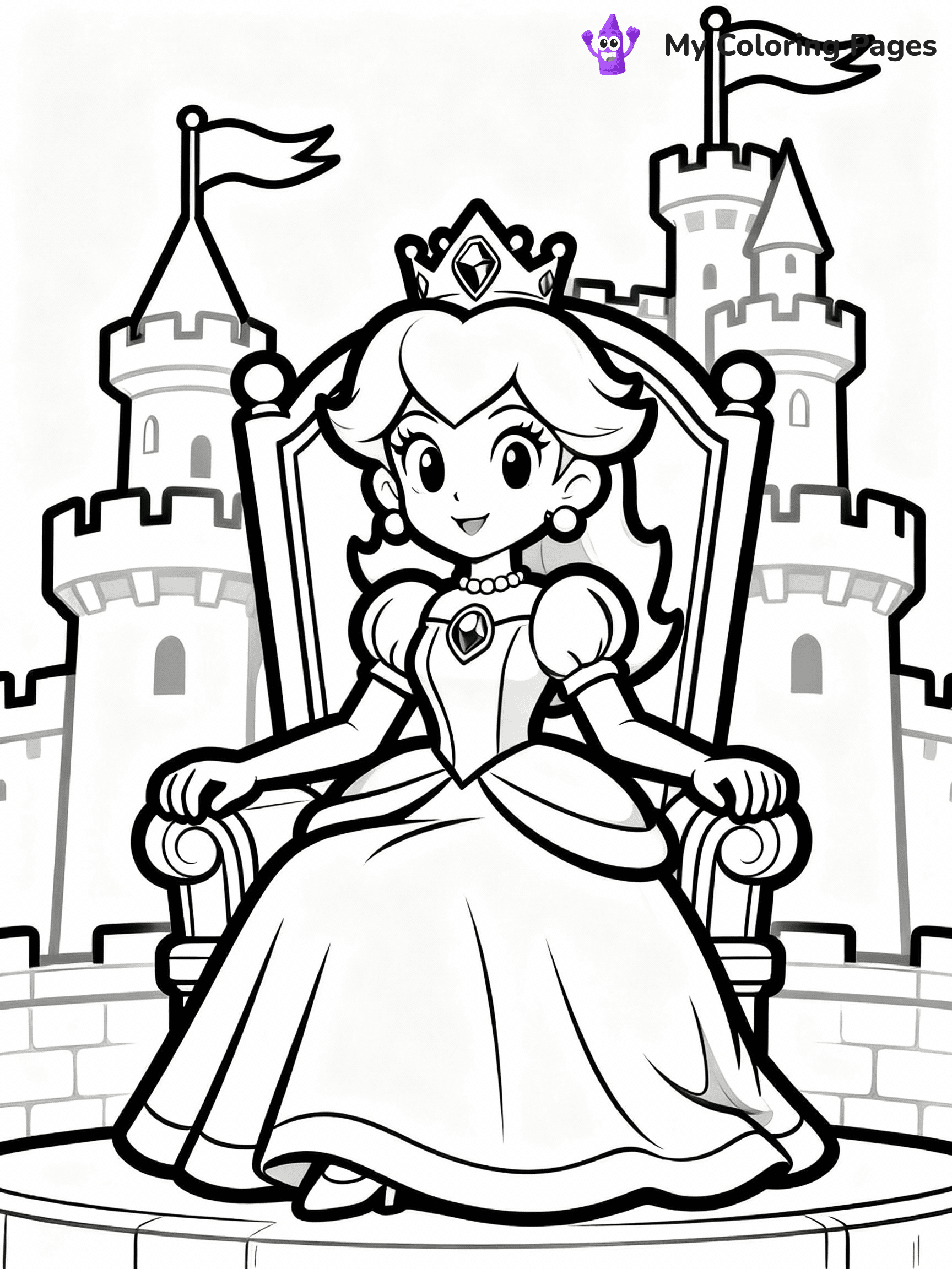 ⚠️ CRITICAL REQUIREMENT - ABSOLUTE BLACK AND WHITE ONLY ⚠️
This MUST be a BLACK AND WHITE line drawing ONLY. NO COLORS whatsoever.
- ONLY pure black lines (#000000) on pure white background (#FFFFFF)
- ABSOLUTELY NO colors, NO shading, NO gradients, NO grayscale
- If there are ANY colors in the output, the image is REJECTED
- This is a COLORING PAGE - meant to be COLORED IN by children
- The output must be UNCOLORED line art ready for coloring
⚠️ SUBJECT TO DRAW: Princess Peach from Mario sitting on a throne, elegant gown flowing, crown adorned with jewels, castle backdrop with flags waving. Important: PURE OUTLINES. NO FILLS, COLOR, SHADING, OR GREYSCALE. WHITE BACKGROUND.
(REMEMBER: Output must be BLACK AND WHITE line art only, NOT colored!)
# Flat, Friendly Cartoon Line-Art Coloring Page
You are generating a **pure black-and-white binary image** of a child-friendly cartoon scene combining characters and background scenery in one cohesive composition.
## Rendering Rules (Strict)
- Only two colors: pure black (#000000) outlines and pure white (#FFFFFF) background.
- No grayscale, shading, gradients, tints, fills, transparency, or partial pixels.
- No antialiasing or blended edges; every pixel is 100% black or white.
- No solid black fills inside shapes — all areas inside outlines must remain white.
- No dark clothing areas or filled tone blocks; all garments outlined only.
- No shadows, textures, lighting, or tonal variations.
- Must look like flat binary vector line-art for coloring pages.
## Drawing & Composition
- **Medium, consistent line weight**; clean closed outlines easy to color inside.
- **Flat, simple, child-friendly design** — no realism or 3D depth.
- Characters are **grounded on a surface**, centered and large.
- **Balanced composition** with clear silhouettes and minimal props.
## Scenery & Style
- Landmarks (e.g., mosque, CN Tower) and scenery (trees, benches, waves) drawn with **black outlines only.**
- For real-world figures, teams, or places, show accurate details using only black outlines—no text or logos. Use distinctive uniform patterns, abstract symbols, and landmark silhouettes to convey identity.
- Keep **consistent perspective**; no floating elements.
- **Style:** whimsical **Doodle Art Alley** — rounded, friendly outlines.
- May adapt shapes from **Crayola, Disney, Peppa Pig, Cocomelon** — *by shape only, never color.*
- Final output: **flat, crisp, binary (#000000/#FFFFFF)**, **no filled color or background text.**
EXTREMELYE IMPORTANT:
- PURE BINARY LINE-ART; NO FILLS (HAIR/CLOTHES/SKIN), SHADING, OR GREY.
- NO SHADING, COLOR. MUST BE WHITE BACKGROUND.
⚠️ FINAL REMINDER: Draw the subject "Princess Peach from Mario sitting on a throne, elegant gown flowing, crown adorned with jewels, castle backdrop with flags waving. Important: PURE OUTLINES. NO FILLS, COLOR, SHADING, OR GREYSCALE. WHITE BACKGROUND." as BLACK AND WHITE line art. Zero colors in output.