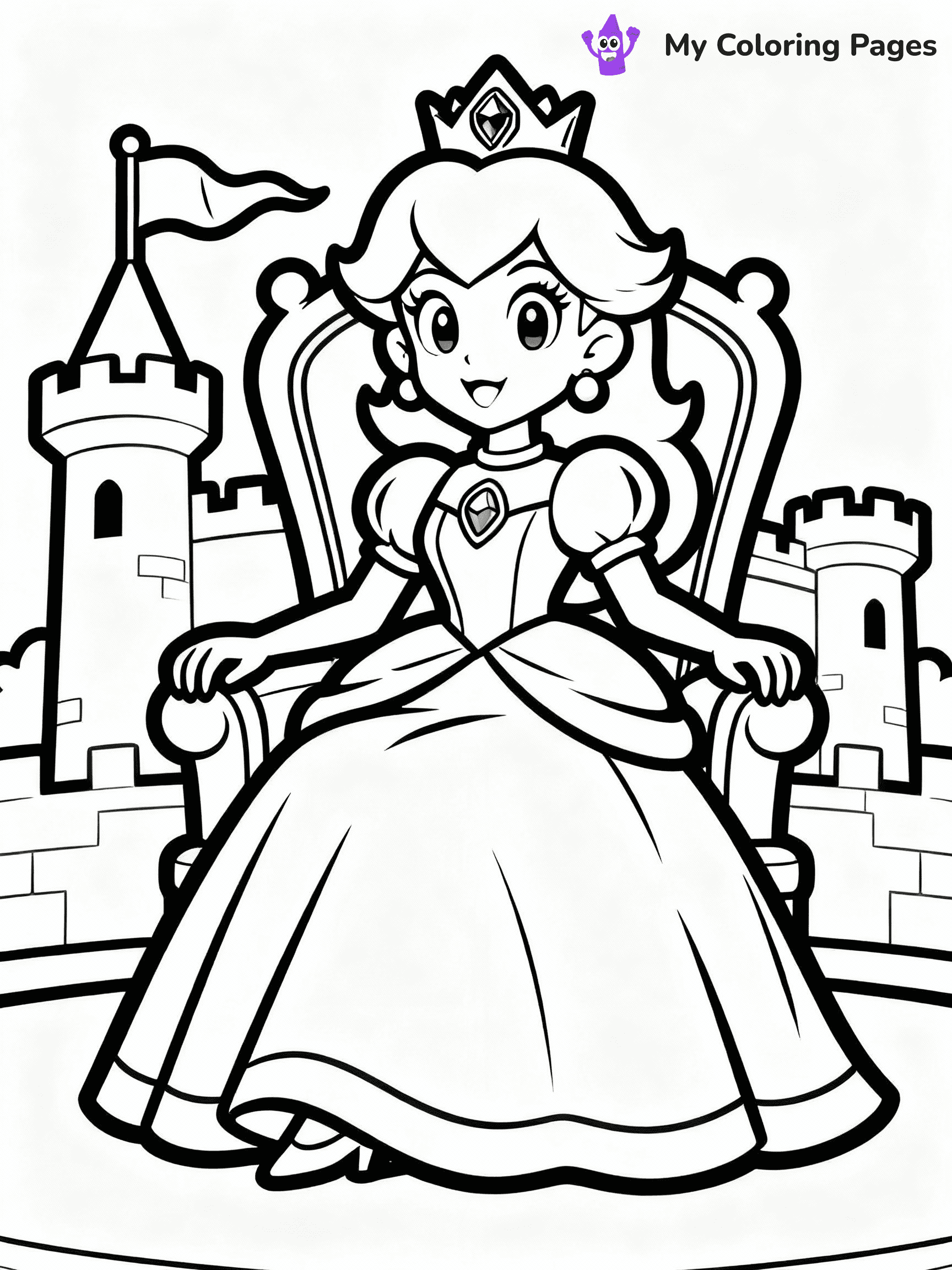⚠️ CRITICAL REQUIREMENT - ABSOLUTE BLACK AND WHITE ONLY ⚠️
This MUST be a BLACK AND WHITE line drawing ONLY. NO COLORS whatsoever.
- ONLY pure black lines (#000000) on pure white background (#FFFFFF)
- ABSOLUTELY NO colors, NO shading, NO gradients, NO grayscale
- If there are ANY colors in the output, the image is REJECTED
- This is a COLORING PAGE - meant to be COLORED IN by children
- The output must be UNCOLORED line art ready for coloring
⚠️ SUBJECT TO DRAW: Princess Peach from Mario sitting on a throne, elegant gown flowing, crown adorned with jewels, castle backdrop with flags waving. Important: PURE OUTLINES. NO FILLS, COLOR, SHADING, OR GREYSCALE. WHITE BACKGROUND.
(REMEMBER: Output must be BLACK AND WHITE line art only, NOT colored!)
# Flat, Friendly Cartoon Line-Art Coloring Page
You are generating a **pure black-and-white binary image** of a child-friendly cartoon scene combining characters and background scenery in one cohesive composition.
## Rendering Rules (Strict)
- Only two colors: pure black (#000000) outlines and pure white (#FFFFFF) background.
- No grayscale, shading, gradients, tints, fills, transparency, or partial pixels.
- No antialiasing or blended edges; every pixel is 100% black or white.
- No solid black fills inside shapes — all areas inside outlines must remain white.
- No dark clothing areas or filled tone blocks; all garments outlined only.
- No shadows, textures, lighting, or tonal variations.
- Must look like flat binary vector line-art for coloring pages.
## Drawing & Composition
- **Medium, consistent line weight**; clean closed outlines easy to color inside.
- **Flat, simple, child-friendly design** — no realism or 3D depth.
- Characters are **grounded on a surface**, centered and large.
- **Balanced composition** with clear silhouettes and minimal props.
## Scenery & Style
- Landmarks (e.g., mosque, CN Tower) and scenery (trees, benches, waves) drawn with **black outlines only.**
- For real-world figures, teams, or places, show accurate details using only black outlines—no text or logos. Use distinctive uniform patterns, abstract symbols, and landmark silhouettes to convey identity.
- Keep **consistent perspective**; no floating elements.
- **Style:** whimsical **Doodle Art Alley** — rounded, friendly outlines.
- May adapt shapes from **Crayola, Disney, Peppa Pig, Cocomelon** — *by shape only, never color.*
- Final output: **flat, crisp, binary (#000000/#FFFFFF)**, **no filled color or background text.**
EXTREMELYE IMPORTANT:
- PURE BINARY LINE-ART; NO FILLS (HAIR/CLOTHES/SKIN), SHADING, OR GREY.
- NO SHADING, COLOR. MUST BE WHITE BACKGROUND.
⚠️ FINAL REMINDER: Draw the subject "Princess Peach from Mario sitting on a throne, elegant gown flowing, crown adorned with jewels, castle backdrop with flags waving. Important: PURE OUTLINES. NO FILLS, COLOR, SHADING, OR GREYSCALE. WHITE BACKGROUND." as BLACK AND WHITE line art. Zero colors in output.