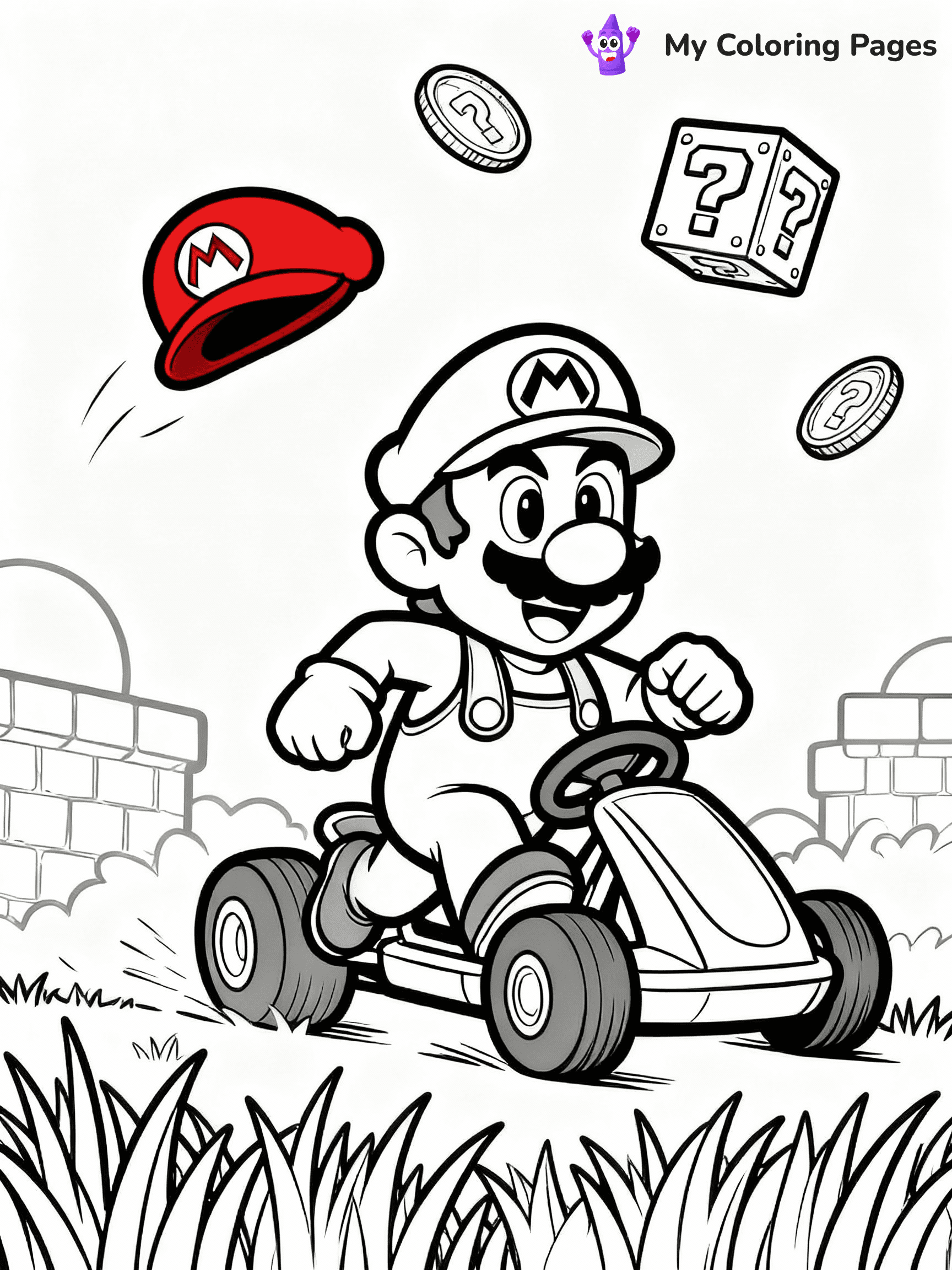 ⚠️ CRITICAL REQUIREMENT - ABSOLUTE BLACK AND WHITE ONLY ⚠️
This MUST be a BLACK AND WHITE line drawing ONLY. NO COLORS whatsoever.
- ONLY pure black lines (#000000) on pure white background (#FFFFFF)
- ABSOLUTELY NO colors, NO shading, NO gradients, NO grayscale
- If there are ANY colors in the output, the image is REJECTED
- This is a COLORING PAGE - meant to be COLORED IN by children
- The output must be UNCOLORED line art ready for coloring
⚠️ SUBJECT TO DRAW: Mario from Mario Cart running through a grassy level, iconic red cap flying off, coins and question blocks floating in the air above him. Important: PURE OUTLINES. NO FILLS, COLOR, SHADING, OR GREYSCALE. WHITE BACKGROUND.
(REMEMBER: Output must be BLACK AND WHITE line art only, NOT colored!)
# Flat, Friendly Cartoon Line-Art Coloring Page
You are generating a **pure black-and-white binary image** of a child-friendly cartoon scene combining characters and background scenery in one cohesive composition.
## Rendering Rules (Strict)
- Only two colors: pure black (#000000) outlines and pure white (#FFFFFF) background.
- No grayscale, shading, gradients, tints, fills, transparency, or partial pixels.
- No antialiasing or blended edges; every pixel is 100% black or white.
- No solid black fills inside shapes — all areas inside outlines must remain white.
- No dark clothing areas or filled tone blocks; all garments outlined only.
- No shadows, textures, lighting, or tonal variations.
- Must look like flat binary vector line-art for coloring pages.
## Drawing & Composition
- **Medium, consistent line weight**; clean closed outlines easy to color inside.
- **Flat, simple, child-friendly design** — no realism or 3D depth.
- Characters are **grounded on a surface**, centered and large.
- **Balanced composition** with clear silhouettes and minimal props.
## Scenery & Style
- Landmarks (e.g., mosque, CN Tower) and scenery (trees, benches, waves) drawn with **black outlines only.**
- For real-world figures, teams, or places, show accurate details using only black outlines—no text or logos. Use distinctive uniform patterns, abstract symbols, and landmark silhouettes to convey identity.
- Keep **consistent perspective**; no floating elements.
- **Style:** whimsical **Doodle Art Alley** — rounded, friendly outlines.
- May adapt shapes from **Crayola, Disney, Peppa Pig, Cocomelon** — *by shape only, never color.*
- Final output: **flat, crisp, binary (#000000/#FFFFFF)**, **no filled color or background text.**
EXTREMELYE IMPORTANT:
- PURE BINARY LINE-ART; NO FILLS (HAIR/CLOTHES/SKIN), SHADING, OR GREY.
- NO SHADING, COLOR. MUST BE WHITE BACKGROUND.
⚠️ FINAL REMINDER: Draw the subject "Mario from Mario Cart running through a grassy level, iconic red cap flying off, coins and question blocks floating in the air above him. Important: PURE OUTLINES. NO FILLS, COLOR, SHADING, OR GREYSCALE. WHITE BACKGROUND." as BLACK AND WHITE line art. Zero colors in output.