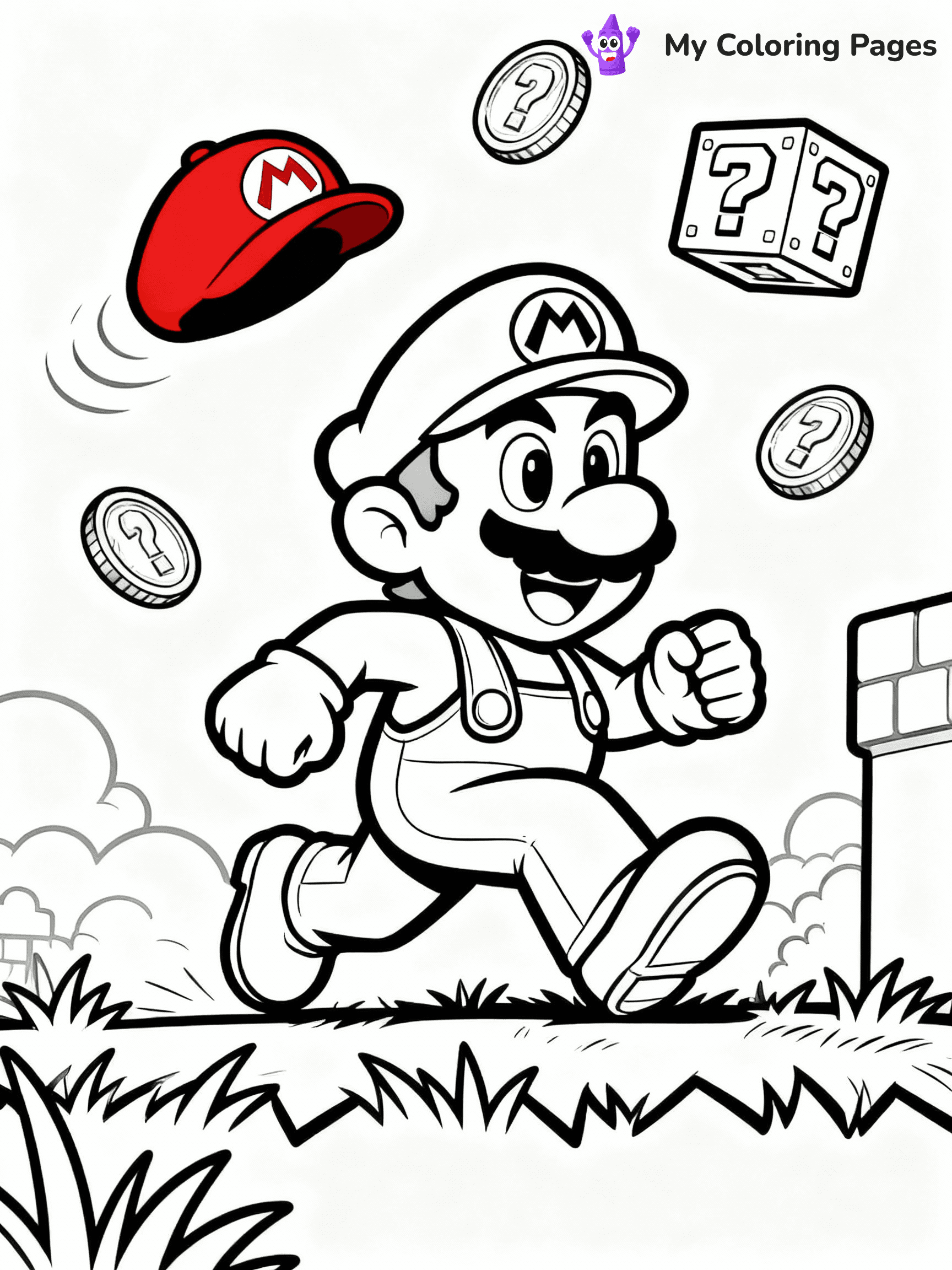 ⚠️ CRITICAL REQUIREMENT - ABSOLUTE BLACK AND WHITE ONLY ⚠️
This MUST be a BLACK AND WHITE line drawing ONLY. NO COLORS whatsoever.
- ONLY pure black lines (#000000) on pure white background (#FFFFFF)
- ABSOLUTELY NO colors, NO shading, NO gradients, NO grayscale
- If there are ANY colors in the output, the image is REJECTED
- This is a COLORING PAGE - meant to be COLORED IN by children
- The output must be UNCOLORED line art ready for coloring
⚠️ SUBJECT TO DRAW: Mario from Mario Cart running through a grassy level, iconic red cap flying off, coins and question blocks floating in the air above him. Important: PURE OUTLINES. NO FILLS, COLOR, SHADING, OR GREYSCALE. WHITE BACKGROUND.
(REMEMBER: Output must be BLACK AND WHITE line art only, NOT colored!)
# Flat, Friendly Cartoon Line-Art Coloring Page
You are generating a **pure black-and-white binary image** of a child-friendly cartoon scene combining characters and background scenery in one cohesive composition.
## Rendering Rules (Strict)
- Only two colors: pure black (#000000) outlines and pure white (#FFFFFF) background.
- No grayscale, shading, gradients, tints, fills, transparency, or partial pixels.
- No antialiasing or blended edges; every pixel is 100% black or white.
- No solid black fills inside shapes — all areas inside outlines must remain white.
- No dark clothing areas or filled tone blocks; all garments outlined only.
- No shadows, textures, lighting, or tonal variations.
- Must look like flat binary vector line-art for coloring pages.
## Drawing & Composition
- **Medium, consistent line weight**; clean closed outlines easy to color inside.
- **Flat, simple, child-friendly design** — no realism or 3D depth.
- Characters are **grounded on a surface**, centered and large.
- **Balanced composition** with clear silhouettes and minimal props.
## Scenery & Style
- Landmarks (e.g., mosque, CN Tower) and scenery (trees, benches, waves) drawn with **black outlines only.**
- For real-world figures, teams, or places, show accurate details using only black outlines—no text or logos. Use distinctive uniform patterns, abstract symbols, and landmark silhouettes to convey identity.
- Keep **consistent perspective**; no floating elements.
- **Style:** whimsical **Doodle Art Alley** — rounded, friendly outlines.
- May adapt shapes from **Crayola, Disney, Peppa Pig, Cocomelon** — *by shape only, never color.*
- Final output: **flat, crisp, binary (#000000/#FFFFFF)**, **no filled color or background text.**
EXTREMELYE IMPORTANT:
- PURE BINARY LINE-ART; NO FILLS (HAIR/CLOTHES/SKIN), SHADING, OR GREY.
- NO SHADING, COLOR. MUST BE WHITE BACKGROUND.
⚠️ FINAL REMINDER: Draw the subject "Mario from Mario Cart running through a grassy level, iconic red cap flying off, coins and question blocks floating in the air above him. Important: PURE OUTLINES. NO FILLS, COLOR, SHADING, OR GREYSCALE. WHITE BACKGROUND." as BLACK AND WHITE line art. Zero colors in output.