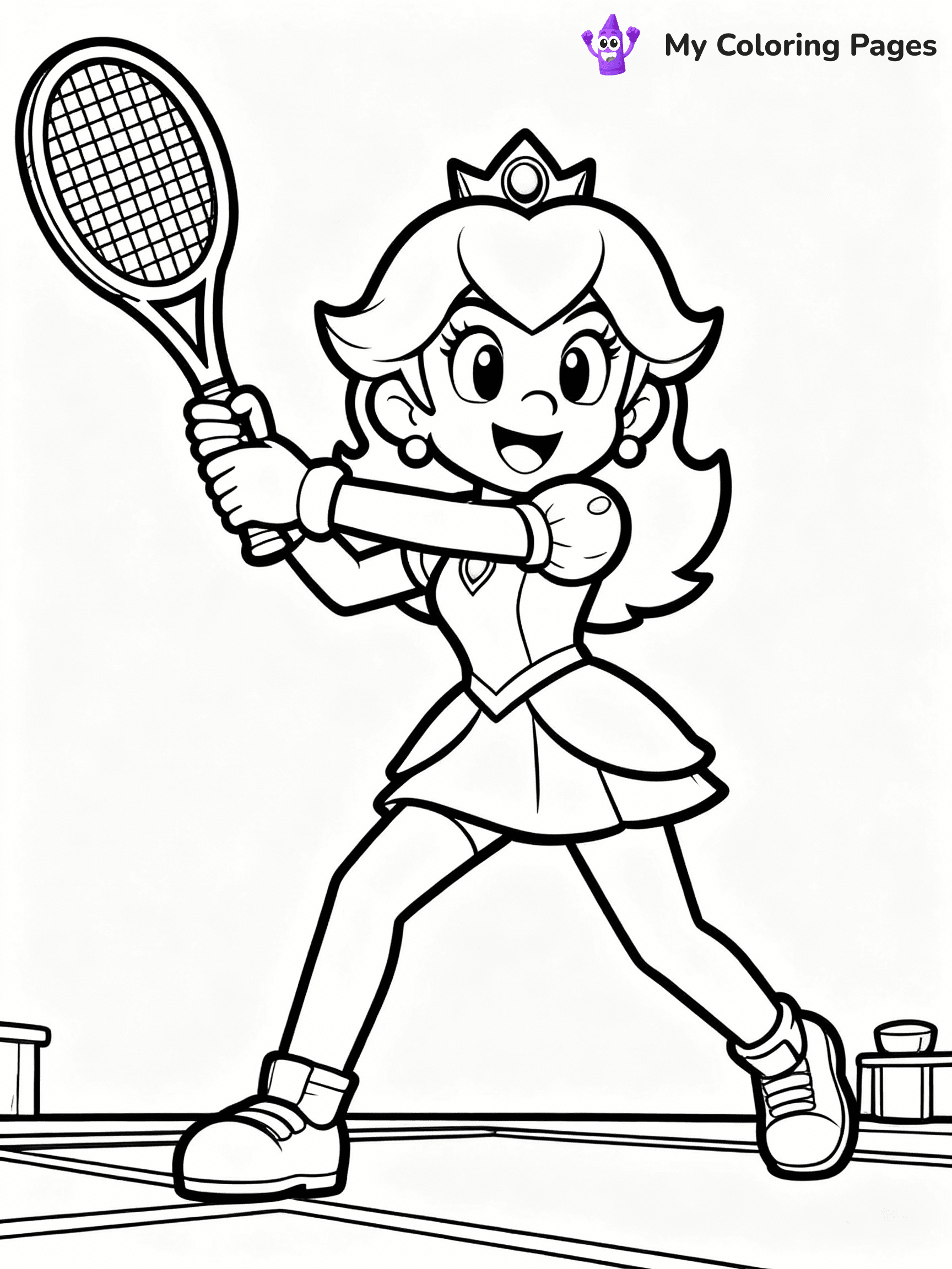 ⚠️ CRITICAL REQUIREMENT - ABSOLUTE BLACK AND WHITE ONLY ⚠️
This MUST be a BLACK AND WHITE line drawing ONLY. NO COLORS whatsoever.
- ONLY pure black lines (#000000) on pure white background (#FFFFFF)
- ABSOLUTELY NO colors, NO shading, NO gradients, NO grayscale
- If there are ANY colors in the output, the image is REJECTED
- This is a COLORING PAGE - meant to be COLORED IN by children
- The output must be UNCOLORED line art ready for coloring
⚠️ SUBJECT TO DRAW: Princess Daisy from Mario playing tennis, racket swinging mid-action, athletic pose captured. Important: PURE OUTLINES. NO FILLS, COLOR, SHADING, OR GREYSCALE. WHITE BACKGROUND.
(REMEMBER: Output must be BLACK AND WHITE line art only, NOT colored!)
# Flat, Friendly Cartoon Line-Art Coloring Page
You are generating a **pure black-and-white binary image** of a child-friendly cartoon scene combining characters and background scenery in one cohesive composition.
## Rendering Rules (Strict)
- Only two colors: pure black (#000000) outlines and pure white (#FFFFFF) background.
- No grayscale, shading, gradients, tints, fills, transparency, or partial pixels.
- No antialiasing or blended edges; every pixel is 100% black or white.
- No solid black fills inside shapes — all areas inside outlines must remain white.
- No dark clothing areas or filled tone blocks; all garments outlined only.
- No shadows, textures, lighting, or tonal variations.
- Must look like flat binary vector line-art for coloring pages.
## Drawing & Composition
- **Medium, consistent line weight**; clean closed outlines easy to color inside.
- **Flat, simple, child-friendly design** — no realism or 3D depth.
- Characters are **grounded on a surface**, centered and large.
- **Balanced composition** with clear silhouettes and minimal props.
## Scenery & Style
- Landmarks (e.g., mosque, CN Tower) and scenery (trees, benches, waves) drawn with **black outlines only.**
- For real-world figures, teams, or places, show accurate details using only black outlines—no text or logos. Use distinctive uniform patterns, abstract symbols, and landmark silhouettes to convey identity.
- Keep **consistent perspective**; no floating elements.
- **Style:** whimsical **Doodle Art Alley** — rounded, friendly outlines.
- May adapt shapes from **Crayola, Disney, Peppa Pig, Cocomelon** — *by shape only, never color.*
- Final output: **flat, crisp, binary (#000000/#FFFFFF)**, **no filled color or background text.**
EXTREMELYE IMPORTANT:
- PURE BINARY LINE-ART; NO FILLS (HAIR/CLOTHES/SKIN), SHADING, OR GREY.
- NO SHADING, COLOR. MUST BE WHITE BACKGROUND.
⚠️ FINAL REMINDER: Draw the subject "Princess Daisy from Mario playing tennis, racket swinging mid-action, athletic pose captured. Important: PURE OUTLINES. NO FILLS, COLOR, SHADING, OR GREYSCALE. WHITE BACKGROUND." as BLACK AND WHITE line art. Zero colors in output.