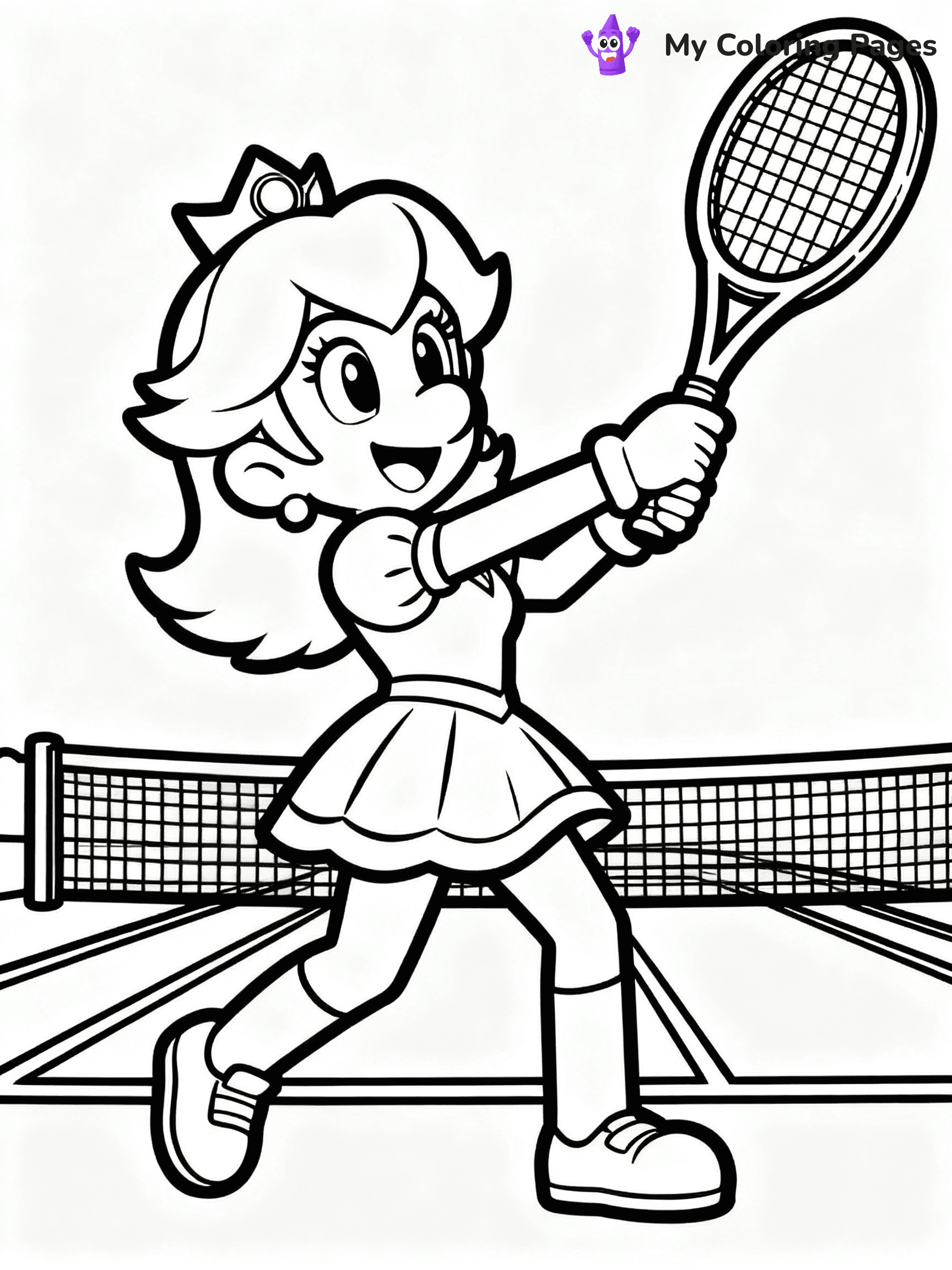 ⚠️ CRITICAL REQUIREMENT - ABSOLUTE BLACK AND WHITE ONLY ⚠️
This MUST be a BLACK AND WHITE line drawing ONLY. NO COLORS whatsoever.
- ONLY pure black lines (#000000) on pure white background (#FFFFFF)
- ABSOLUTELY NO colors, NO shading, NO gradients, NO grayscale
- If there are ANY colors in the output, the image is REJECTED
- This is a COLORING PAGE - meant to be COLORED IN by children
- The output must be UNCOLORED line art ready for coloring
⚠️ SUBJECT TO DRAW: Princess Daisy from Mario playing tennis, racket swinging mid-action, athletic pose captured. Important: PURE OUTLINES. NO FILLS, COLOR, SHADING, OR GREYSCALE. WHITE BACKGROUND.
(REMEMBER: Output must be BLACK AND WHITE line art only, NOT colored!)
# Flat, Friendly Cartoon Line-Art Coloring Page
You are generating a **pure black-and-white binary image** of a child-friendly cartoon scene combining characters and background scenery in one cohesive composition.
## Rendering Rules (Strict)
- Only two colors: pure black (#000000) outlines and pure white (#FFFFFF) background.
- No grayscale, shading, gradients, tints, fills, transparency, or partial pixels.
- No antialiasing or blended edges; every pixel is 100% black or white.
- No solid black fills inside shapes — all areas inside outlines must remain white.
- No dark clothing areas or filled tone blocks; all garments outlined only.
- No shadows, textures, lighting, or tonal variations.
- Must look like flat binary vector line-art for coloring pages.
## Drawing & Composition
- **Medium, consistent line weight**; clean closed outlines easy to color inside.
- **Flat, simple, child-friendly design** — no realism or 3D depth.
- Characters are **grounded on a surface**, centered and large.
- **Balanced composition** with clear silhouettes and minimal props.
## Scenery & Style
- Landmarks (e.g., mosque, CN Tower) and scenery (trees, benches, waves) drawn with **black outlines only.**
- For real-world figures, teams, or places, show accurate details using only black outlines—no text or logos. Use distinctive uniform patterns, abstract symbols, and landmark silhouettes to convey identity.
- Keep **consistent perspective**; no floating elements.
- **Style:** whimsical **Doodle Art Alley** — rounded, friendly outlines.
- May adapt shapes from **Crayola, Disney, Peppa Pig, Cocomelon** — *by shape only, never color.*
- Final output: **flat, crisp, binary (#000000/#FFFFFF)**, **no filled color or background text.**
EXTREMELYE IMPORTANT:
- PURE BINARY LINE-ART; NO FILLS (HAIR/CLOTHES/SKIN), SHADING, OR GREY.
- NO SHADING, COLOR. MUST BE WHITE BACKGROUND.
⚠️ FINAL REMINDER: Draw the subject "Princess Daisy from Mario playing tennis, racket swinging mid-action, athletic pose captured. Important: PURE OUTLINES. NO FILLS, COLOR, SHADING, OR GREYSCALE. WHITE BACKGROUND." as BLACK AND WHITE line art. Zero colors in output.