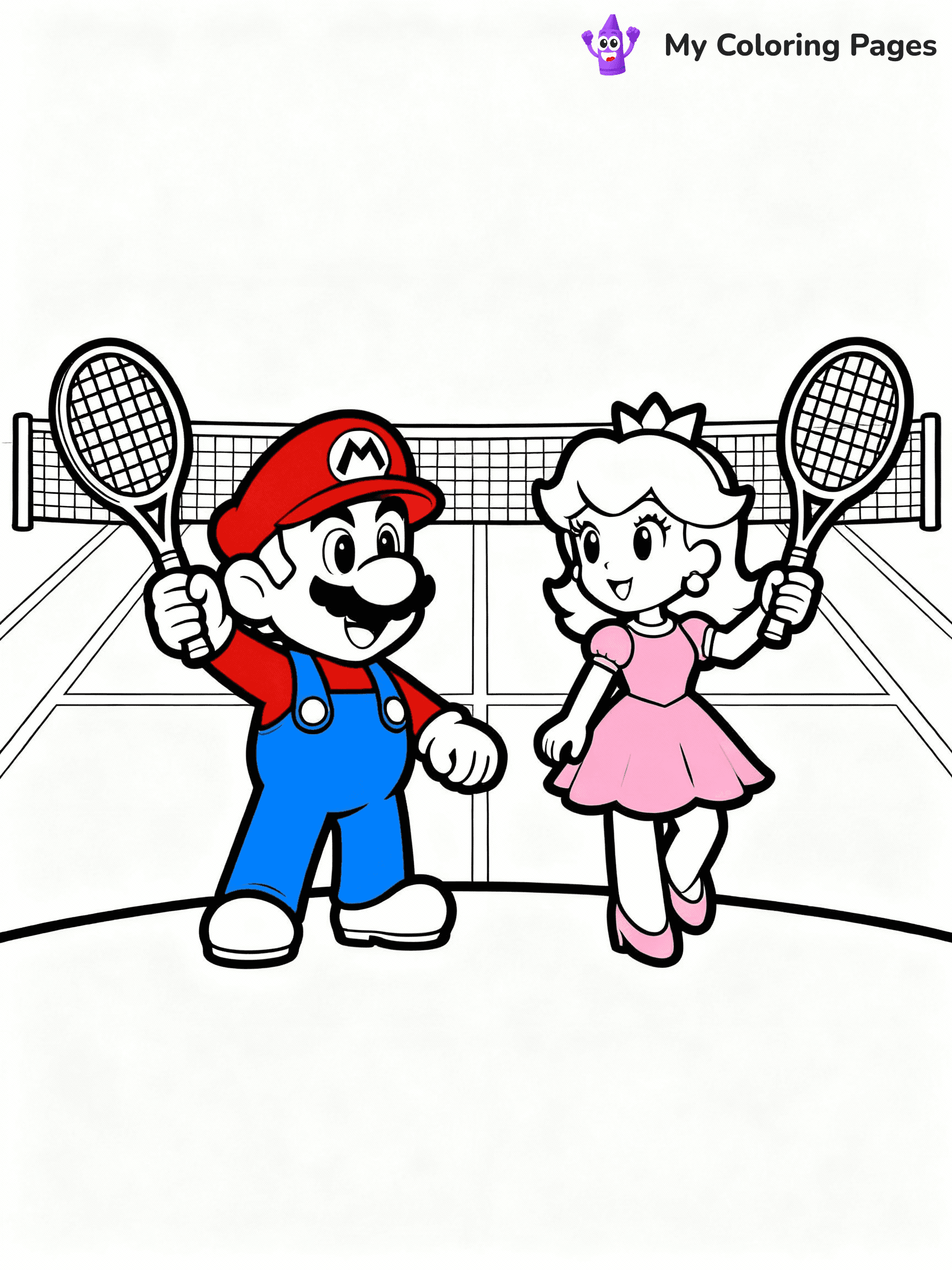 ⚠️ CRITICAL REQUIREMENT - ABSOLUTE BLACK AND WHITE ONLY ⚠️
This MUST be a BLACK AND WHITE line drawing ONLY. NO COLORS whatsoever.
- ONLY pure black lines (#000000) on pure white background (#FFFFFF)
- ABSOLUTELY NO colors, NO shading, NO gradients, NO grayscale
- If there are ANY colors in the output, the image is REJECTED
- This is a COLORING PAGE - meant to be COLORED IN by children
- The output must be UNCOLORED line art ready for coloring
⚠️ SUBJECT TO DRAW: Mario and Daisy playing tennis. No Fills, colors, greyscale.
(REMEMBER: Output must be BLACK AND WHITE line art only, NOT colored!)
# Flat, Friendly Cartoon Line-Art Coloring Page
You are generating a **pure black-and-white binary image** of a child-friendly cartoon scene combining characters and background scenery in one cohesive composition.
## Rendering Rules (Strict)
- Only two colors: pure black (#000000) outlines and pure white (#FFFFFF) background.
- No grayscale, shading, gradients, tints, fills, transparency, or partial pixels.
- No antialiasing or blended edges; every pixel is 100% black or white.
- No solid black fills inside shapes — all areas inside outlines must remain white.
- No dark clothing areas or filled tone blocks; all garments outlined only.
- No shadows, textures, lighting, or tonal variations.
- Must look like flat binary vector line-art for coloring pages.
## Drawing & Composition
- **Medium, consistent line weight**; clean closed outlines easy to color inside.
- **Flat, simple, child-friendly design** — no realism or 3D depth.
- Characters are **grounded on a surface**, centered and large.
- **Balanced composition** with clear silhouettes and minimal props.
## Scenery & Style
- Landmarks (e.g., mosque, CN Tower) and scenery (trees, benches, waves) drawn with **black outlines only.**
- For real-world figures, teams, or places, show accurate details using only black outlines—no text or logos. Use distinctive uniform patterns, abstract symbols, and landmark silhouettes to convey identity.
- Keep **consistent perspective**; no floating elements.
- **Style:** whimsical **Doodle Art Alley** — rounded, friendly outlines.
- May adapt shapes from **Crayola, Disney, Peppa Pig, Cocomelon** — *by shape only, never color.*
- Final output: **flat, crisp, binary (#000000/#FFFFFF)**, **no filled color or background text.**
EXTREMELYE IMPORTANT:
- PURE BINARY LINE-ART; NO FILLS (HAIR/CLOTHES/SKIN), SHADING, OR GREY.
- NO SHADING, COLOR. MUST BE WHITE BACKGROUND.
⚠️ FINAL REMINDER: Draw the subject "Mario and Daisy playing tennis. No Fills, colors, greyscale." as BLACK AND WHITE line art. Zero colors in output.