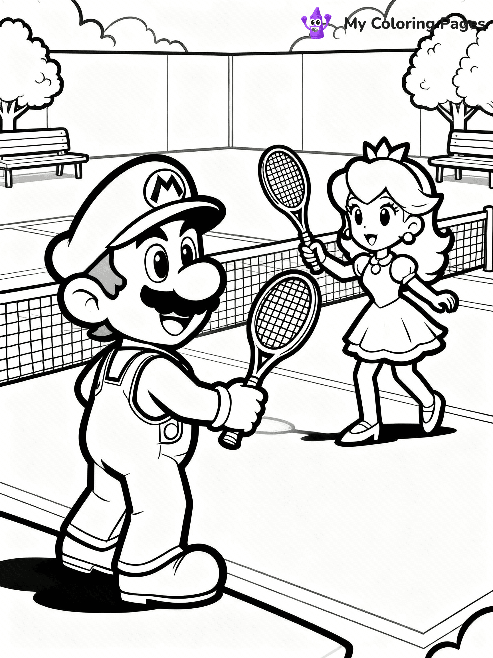 ⚠️ CRITICAL REQUIREMENT - ABSOLUTE BLACK AND WHITE ONLY ⚠️
This MUST be a BLACK AND WHITE line drawing ONLY. NO COLORS whatsoever.
- ONLY pure black lines (#000000) on pure white background (#FFFFFF)
- ABSOLUTELY NO colors, NO shading, NO gradients, NO grayscale
- If there are ANY colors in the output, the image is REJECTED
- This is a COLORING PAGE - meant to be COLORED IN by children
- The output must be UNCOLORED line art ready for coloring
⚠️ SUBJECT TO DRAW: Mario and Daisy playing tennis. No Fills, colors, greyscale.
(REMEMBER: Output must be BLACK AND WHITE line art only, NOT colored!)
# Flat, Friendly Cartoon Line-Art Coloring Page
You are generating a **pure black-and-white binary image** of a child-friendly cartoon scene combining characters and background scenery in one cohesive composition.
## Rendering Rules (Strict)
- Only two colors: pure black (#000000) outlines and pure white (#FFFFFF) background.
- No grayscale, shading, gradients, tints, fills, transparency, or partial pixels.
- No antialiasing or blended edges; every pixel is 100% black or white.
- No solid black fills inside shapes — all areas inside outlines must remain white.
- No dark clothing areas or filled tone blocks; all garments outlined only.
- No shadows, textures, lighting, or tonal variations.
- Must look like flat binary vector line-art for coloring pages.
## Drawing & Composition
- **Medium, consistent line weight**; clean closed outlines easy to color inside.
- **Flat, simple, child-friendly design** — no realism or 3D depth.
- Characters are **grounded on a surface**, centered and large.
- **Balanced composition** with clear silhouettes and minimal props.
## Scenery & Style
- Landmarks (e.g., mosque, CN Tower) and scenery (trees, benches, waves) drawn with **black outlines only.**
- For real-world figures, teams, or places, show accurate details using only black outlines—no text or logos. Use distinctive uniform patterns, abstract symbols, and landmark silhouettes to convey identity.
- Keep **consistent perspective**; no floating elements.
- **Style:** whimsical **Doodle Art Alley** — rounded, friendly outlines.
- May adapt shapes from **Crayola, Disney, Peppa Pig, Cocomelon** — *by shape only, never color.*
- Final output: **flat, crisp, binary (#000000/#FFFFFF)**, **no filled color or background text.**
EXTREMELYE IMPORTANT:
- PURE BINARY LINE-ART; NO FILLS (HAIR/CLOTHES/SKIN), SHADING, OR GREY.
- NO SHADING, COLOR. MUST BE WHITE BACKGROUND.
⚠️ FINAL REMINDER: Draw the subject "Mario and Daisy playing tennis. No Fills, colors, greyscale." as BLACK AND WHITE line art. Zero colors in output.