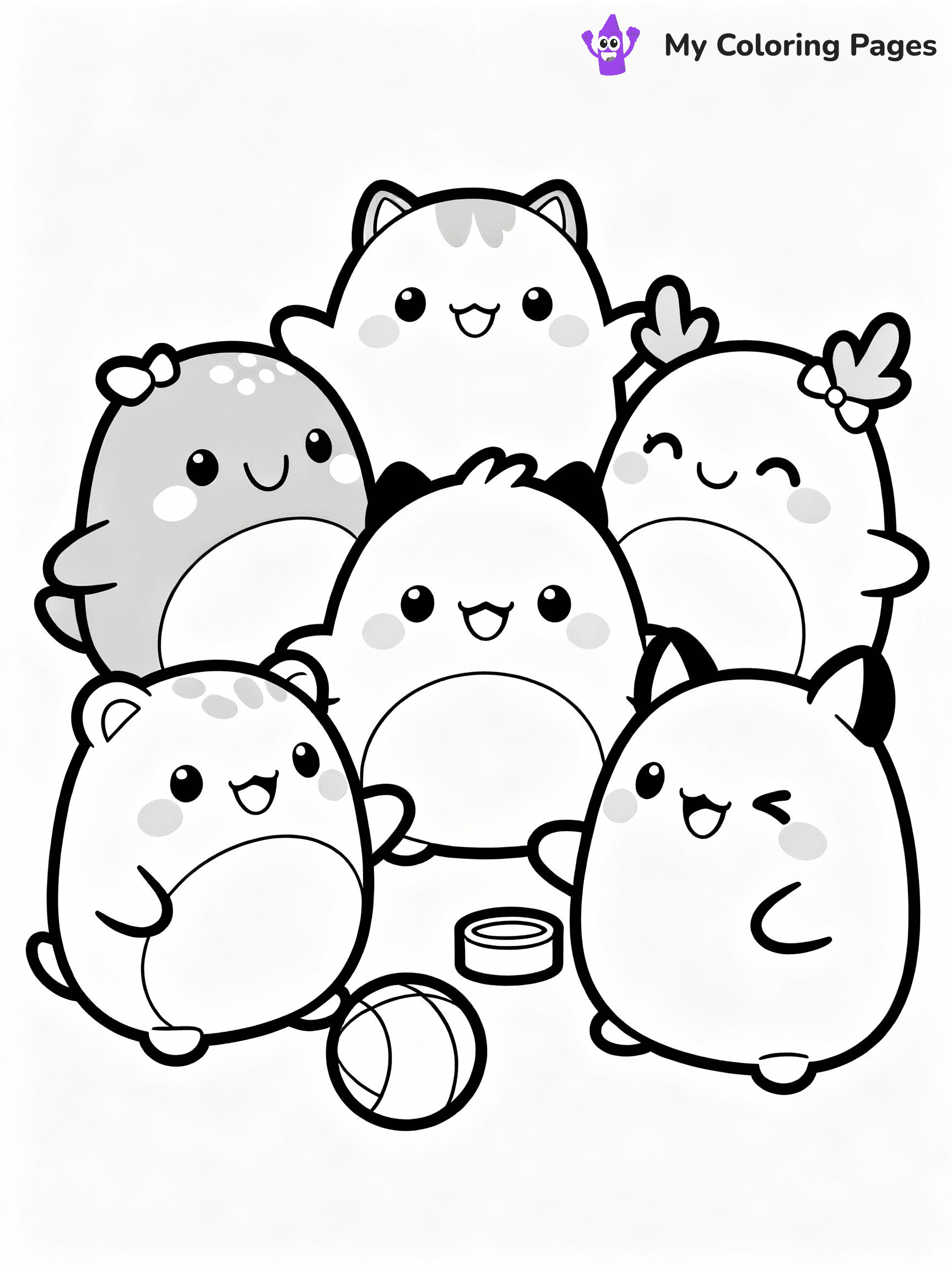 ⚠️ CRITICAL REQUIREMENT - ABSOLUTE BLACK AND WHITE ONLY ⚠️
This MUST be a BLACK AND WHITE line drawing ONLY. NO COLORS whatsoever.
- ONLY pure black lines (#000000) on pure white background (#FFFFFF)
- ABSOLUTELY NO colors, NO shading, NO gradients, NO grayscale
- If there are ANY colors in the output, the image is REJECTED
- This is a COLORING PAGE - meant to be COLORED IN by children
- The output must be UNCOLORED line art ready for coloring
⚠️ SUBJECT TO DRAW: A group of Squishmallows from Squishmallows playing together, smiles bright. Important: PURE OUTLINES. NO FILLS, COLOR, SHADING, OR GREYSCALE. WHITE BACKGROUND.
(REMEMBER: Output must be BLACK AND WHITE line art only, NOT colored!)
# Flat, Friendly Cartoon Line-Art Coloring Page
You are generating a **pure black-and-white binary image** of a child-friendly cartoon scene combining characters and background scenery in one cohesive composition.
## Rendering Rules (Strict)
- Only two colors: pure black (#000000) outlines and pure white (#FFFFFF) background.
- No grayscale, shading, gradients, tints, fills, transparency, or partial pixels.
- No antialiasing or blended edges; every pixel is 100% black or white.
- No solid black fills inside shapes — all areas inside outlines must remain white.
- No dark clothing areas or filled tone blocks; all garments outlined only.
- No shadows, textures, lighting, or tonal variations.
- Must look like flat binary vector line-art for coloring pages.
## Drawing & Composition
- **Medium, consistent line weight**; clean closed outlines easy to color inside.
- **Flat, simple, child-friendly design** — no realism or 3D depth.
- Characters are **grounded on a surface**, centered and large.
- **Balanced composition** with clear silhouettes and minimal props.
## Scenery & Style
- Landmarks (e.g., mosque, CN Tower) and scenery (trees, benches, waves) drawn with **black outlines only.**
- For real-world figures, teams, or places, show accurate details using only black outlines—no text or logos. Use distinctive uniform patterns, abstract symbols, and landmark silhouettes to convey identity.
- Keep **consistent perspective**; no floating elements.
- **Style:** whimsical **Doodle Art Alley** — rounded, friendly outlines.
- May adapt shapes from **Crayola, Disney, Peppa Pig, Cocomelon** — *by shape only, never color.*
- Final output: **flat, crisp, binary (#000000/#FFFFFF)**, **no filled color or background text.**
EXTREMELYE IMPORTANT:
- PURE BINARY LINE-ART; NO FILLS (HAIR/CLOTHES/SKIN), SHADING, OR GREY.
- NO SHADING, COLOR. MUST BE WHITE BACKGROUND.
⚠️ FINAL REMINDER: Draw the subject "A group of Squishmallows from Squishmallows playing together, smiles bright. Important: PURE OUTLINES. NO FILLS, COLOR, SHADING, OR GREYSCALE. WHITE BACKGROUND." as BLACK AND WHITE line art. Zero colors in output.