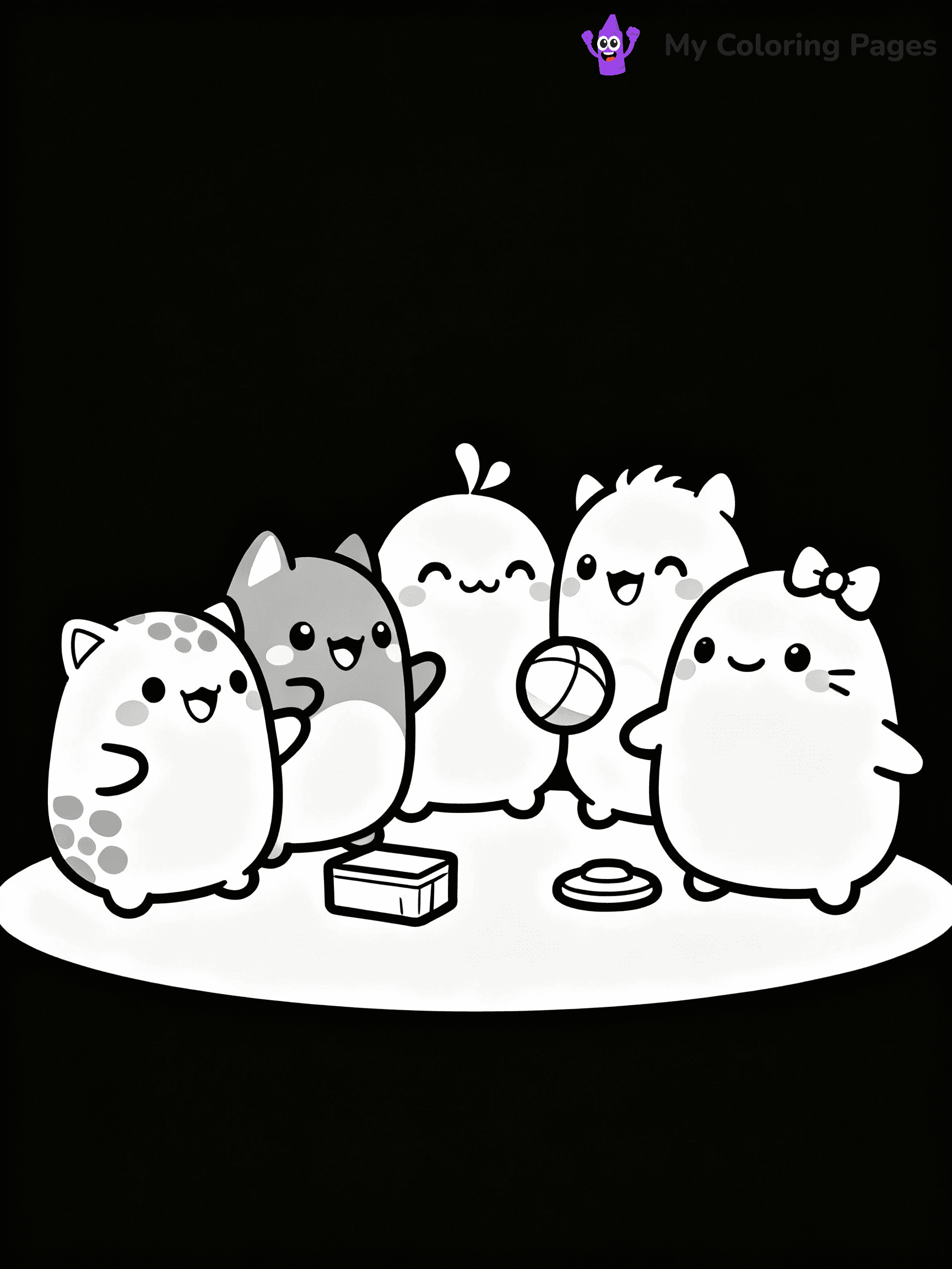 ⚠️ CRITICAL REQUIREMENT - ABSOLUTE BLACK AND WHITE ONLY ⚠️
This MUST be a BLACK AND WHITE line drawing ONLY. NO COLORS whatsoever.
- ONLY pure black lines (#000000) on pure white background (#FFFFFF)
- ABSOLUTELY NO colors, NO shading, NO gradients, NO grayscale
- If there are ANY colors in the output, the image is REJECTED
- This is a COLORING PAGE - meant to be COLORED IN by children
- The output must be UNCOLORED line art ready for coloring
⚠️ SUBJECT TO DRAW: A group of Squishmallows from Squishmallows playing together, smiles bright. Important: PURE OUTLINES. NO FILLS, COLOR, SHADING, OR GREYSCALE. WHITE BACKGROUND.
(REMEMBER: Output must be BLACK AND WHITE line art only, NOT colored!)
# Flat, Friendly Cartoon Line-Art Coloring Page
You are generating a **pure black-and-white binary image** of a child-friendly cartoon scene combining characters and background scenery in one cohesive composition.
## Rendering Rules (Strict)
- Only two colors: pure black (#000000) outlines and pure white (#FFFFFF) background.
- No grayscale, shading, gradients, tints, fills, transparency, or partial pixels.
- No antialiasing or blended edges; every pixel is 100% black or white.
- No solid black fills inside shapes — all areas inside outlines must remain white.
- No dark clothing areas or filled tone blocks; all garments outlined only.
- No shadows, textures, lighting, or tonal variations.
- Must look like flat binary vector line-art for coloring pages.
## Drawing & Composition
- **Medium, consistent line weight**; clean closed outlines easy to color inside.
- **Flat, simple, child-friendly design** — no realism or 3D depth.
- Characters are **grounded on a surface**, centered and large.
- **Balanced composition** with clear silhouettes and minimal props.
## Scenery & Style
- Landmarks (e.g., mosque, CN Tower) and scenery (trees, benches, waves) drawn with **black outlines only.**
- For real-world figures, teams, or places, show accurate details using only black outlines—no text or logos. Use distinctive uniform patterns, abstract symbols, and landmark silhouettes to convey identity.
- Keep **consistent perspective**; no floating elements.
- **Style:** whimsical **Doodle Art Alley** — rounded, friendly outlines.
- May adapt shapes from **Crayola, Disney, Peppa Pig, Cocomelon** — *by shape only, never color.*
- Final output: **flat, crisp, binary (#000000/#FFFFFF)**, **no filled color or background text.**
EXTREMELYE IMPORTANT:
- PURE BINARY LINE-ART; NO FILLS (HAIR/CLOTHES/SKIN), SHADING, OR GREY.
- NO SHADING, COLOR. MUST BE WHITE BACKGROUND.
⚠️ FINAL REMINDER: Draw the subject "A group of Squishmallows from Squishmallows playing together, smiles bright. Important: PURE OUTLINES. NO FILLS, COLOR, SHADING, OR GREYSCALE. WHITE BACKGROUND." as BLACK AND WHITE line art. Zero colors in output.