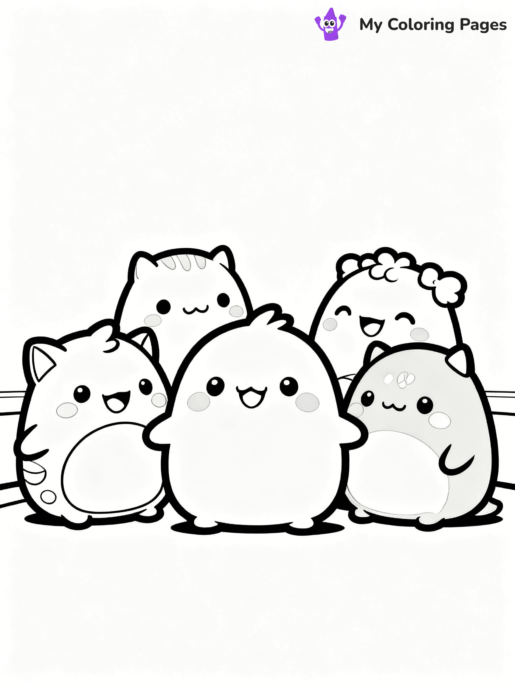 ⚠️ CRITICAL REQUIREMENT - ABSOLUTE BLACK AND WHITE ONLY ⚠️
This MUST be a BLACK AND WHITE line drawing ONLY. NO COLORS whatsoever.
- ONLY pure black lines (#000000) on pure white background (#FFFFFF)
- ABSOLUTELY NO colors, NO shading, NO gradients, NO grayscale
- If there are ANY colors in the output, the image is REJECTED
- This is a COLORING PAGE - meant to be COLORED IN by children
- The output must be UNCOLORED line art ready for coloring
⚠️ SUBJECT TO DRAW: A group of Squishmallows from Squishmallows playing together, smiles bright. Important: PURE OUTLINES. NO FILLS, COLOR, SHADING, OR GREYSCALE. WHITE BACKGROUND.
(REMEMBER: Output must be BLACK AND WHITE line art only, NOT colored!)
# Flat, Friendly Cartoon Line-Art Coloring Page
You are generating a **pure black-and-white binary image** of a child-friendly cartoon scene combining characters and background scenery in one cohesive composition.
## Rendering Rules (Strict)
- Only two colors: pure black (#000000) outlines and pure white (#FFFFFF) background.
- No grayscale, shading, gradients, tints, fills, transparency, or partial pixels.
- No antialiasing or blended edges; every pixel is 100% black or white.
- No solid black fills inside shapes — all areas inside outlines must remain white.
- No dark clothing areas or filled tone blocks; all garments outlined only.
- No shadows, textures, lighting, or tonal variations.
- Must look like flat binary vector line-art for coloring pages.
## Drawing & Composition
- **Medium, consistent line weight**; clean closed outlines easy to color inside.
- **Flat, simple, child-friendly design** — no realism or 3D depth.
- Characters are **grounded on a surface**, centered and large.
- **Balanced composition** with clear silhouettes and minimal props.
## Scenery & Style
- Landmarks (e.g., mosque, CN Tower) and scenery (trees, benches, waves) drawn with **black outlines only.**
- For real-world figures, teams, or places, show accurate details using only black outlines—no text or logos. Use distinctive uniform patterns, abstract symbols, and landmark silhouettes to convey identity.
- Keep **consistent perspective**; no floating elements.
- **Style:** whimsical **Doodle Art Alley** — rounded, friendly outlines.
- May adapt shapes from **Crayola, Disney, Peppa Pig, Cocomelon** — *by shape only, never color.*
- Final output: **flat, crisp, binary (#000000/#FFFFFF)**, **no filled color or background text.**
EXTREMELYE IMPORTANT:
- PURE BINARY LINE-ART; NO FILLS (HAIR/CLOTHES/SKIN), SHADING, OR GREY.
- NO SHADING, COLOR. MUST BE WHITE BACKGROUND.
⚠️ FINAL REMINDER: Draw the subject "A group of Squishmallows from Squishmallows playing together, smiles bright. Important: PURE OUTLINES. NO FILLS, COLOR, SHADING, OR GREYSCALE. WHITE BACKGROUND." as BLACK AND WHITE line art. Zero colors in output.