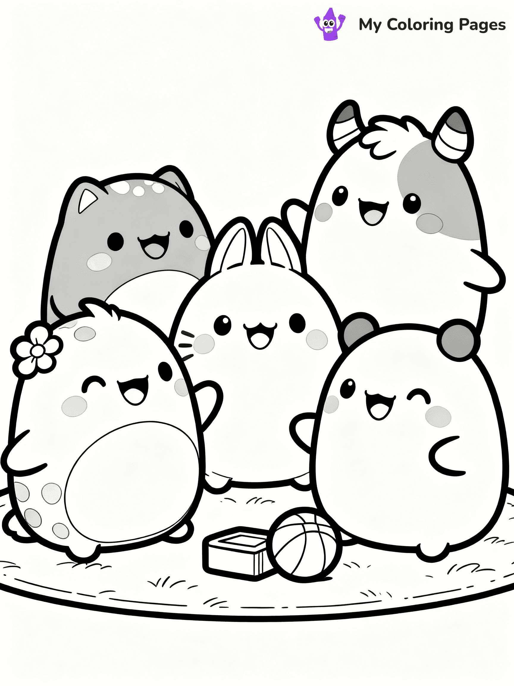 ⚠️ CRITICAL REQUIREMENT - ABSOLUTE BLACK AND WHITE ONLY ⚠️
This MUST be a BLACK AND WHITE line drawing ONLY. NO COLORS whatsoever.
- ONLY pure black lines (#000000) on pure white background (#FFFFFF)
- ABSOLUTELY NO colors, NO shading, NO gradients, NO grayscale
- If there are ANY colors in the output, the image is REJECTED
- This is a COLORING PAGE - meant to be COLORED IN by children
- The output must be UNCOLORED line art ready for coloring
⚠️ SUBJECT TO DRAW: A group of Squishmallows from Squishmallows playing together, smiles bright. Important: PURE OUTLINES. NO FILLS, COLOR, SHADING, OR GREYSCALE. WHITE BACKGROUND.
(REMEMBER: Output must be BLACK AND WHITE line art only, NOT colored!)
# Flat, Friendly Cartoon Line-Art Coloring Page
You are generating a **pure black-and-white binary image** of a child-friendly cartoon scene combining characters and background scenery in one cohesive composition.
## Rendering Rules (Strict)
- Only two colors: pure black (#000000) outlines and pure white (#FFFFFF) background.
- No grayscale, shading, gradients, tints, fills, transparency, or partial pixels.
- No antialiasing or blended edges; every pixel is 100% black or white.
- No solid black fills inside shapes — all areas inside outlines must remain white.
- No dark clothing areas or filled tone blocks; all garments outlined only.
- No shadows, textures, lighting, or tonal variations.
- Must look like flat binary vector line-art for coloring pages.
## Drawing & Composition
- **Medium, consistent line weight**; clean closed outlines easy to color inside.
- **Flat, simple, child-friendly design** — no realism or 3D depth.
- Characters are **grounded on a surface**, centered and large.
- **Balanced composition** with clear silhouettes and minimal props.
## Scenery & Style
- Landmarks (e.g., mosque, CN Tower) and scenery (trees, benches, waves) drawn with **black outlines only.**
- For real-world figures, teams, or places, show accurate details using only black outlines—no text or logos. Use distinctive uniform patterns, abstract symbols, and landmark silhouettes to convey identity.
- Keep **consistent perspective**; no floating elements.
- **Style:** whimsical **Doodle Art Alley** — rounded, friendly outlines.
- May adapt shapes from **Crayola, Disney, Peppa Pig, Cocomelon** — *by shape only, never color.*
- Final output: **flat, crisp, binary (#000000/#FFFFFF)**, **no filled color or background text.**
EXTREMELYE IMPORTANT:
- PURE BINARY LINE-ART; NO FILLS (HAIR/CLOTHES/SKIN), SHADING, OR GREY.
- NO SHADING, COLOR. MUST BE WHITE BACKGROUND.
⚠️ FINAL REMINDER: Draw the subject "A group of Squishmallows from Squishmallows playing together, smiles bright. Important: PURE OUTLINES. NO FILLS, COLOR, SHADING, OR GREYSCALE. WHITE BACKGROUND." as BLACK AND WHITE line art. Zero colors in output.