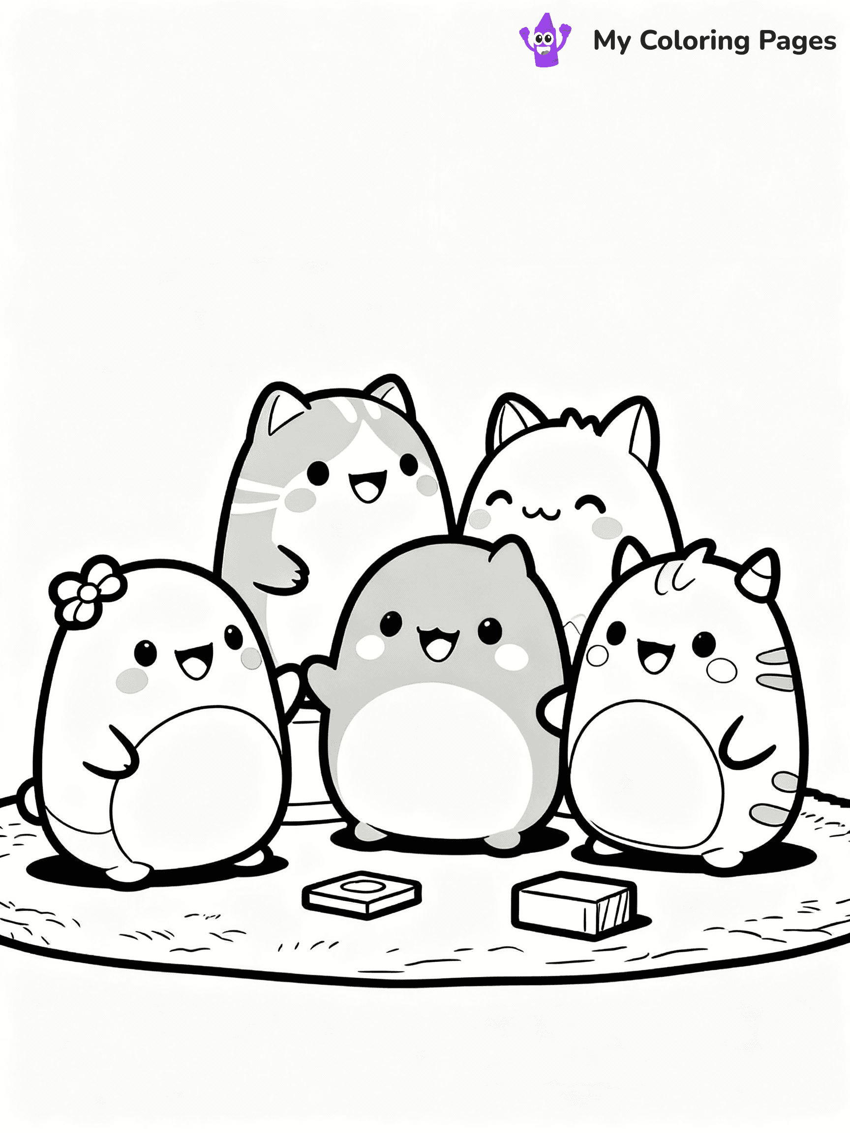 ⚠️ CRITICAL REQUIREMENT - ABSOLUTE BLACK AND WHITE ONLY ⚠️
This MUST be a BLACK AND WHITE line drawing ONLY. NO COLORS whatsoever.
- ONLY pure black lines (#000000) on pure white background (#FFFFFF)
- ABSOLUTELY NO colors, NO shading, NO gradients, NO grayscale
- If there are ANY colors in the output, the image is REJECTED
- This is a COLORING PAGE - meant to be COLORED IN by children
- The output must be UNCOLORED line art ready for coloring
⚠️ SUBJECT TO DRAW: A group of Squishmallows from Squishmallows playing together, smiles bright. Important: PURE OUTLINES. NO FILLS, COLOR, SHADING, OR GREYSCALE. WHITE BACKGROUND.
(REMEMBER: Output must be BLACK AND WHITE line art only, NOT colored!)
# Flat, Friendly Cartoon Line-Art Coloring Page
You are generating a **pure black-and-white binary image** of a child-friendly cartoon scene combining characters and background scenery in one cohesive composition.
## Rendering Rules (Strict)
- Only two colors: pure black (#000000) outlines and pure white (#FFFFFF) background.
- No grayscale, shading, gradients, tints, fills, transparency, or partial pixels.
- No antialiasing or blended edges; every pixel is 100% black or white.
- No solid black fills inside shapes — all areas inside outlines must remain white.
- No dark clothing areas or filled tone blocks; all garments outlined only.
- No shadows, textures, lighting, or tonal variations.
- Must look like flat binary vector line-art for coloring pages.
## Drawing & Composition
- **Medium, consistent line weight**; clean closed outlines easy to color inside.
- **Flat, simple, child-friendly design** — no realism or 3D depth.
- Characters are **grounded on a surface**, centered and large.
- **Balanced composition** with clear silhouettes and minimal props.
## Scenery & Style
- Landmarks (e.g., mosque, CN Tower) and scenery (trees, benches, waves) drawn with **black outlines only.**
- For real-world figures, teams, or places, show accurate details using only black outlines—no text or logos. Use distinctive uniform patterns, abstract symbols, and landmark silhouettes to convey identity.
- Keep **consistent perspective**; no floating elements.
- **Style:** whimsical **Doodle Art Alley** — rounded, friendly outlines.
- May adapt shapes from **Crayola, Disney, Peppa Pig, Cocomelon** — *by shape only, never color.*
- Final output: **flat, crisp, binary (#000000/#FFFFFF)**, **no filled color or background text.**
EXTREMELYE IMPORTANT:
- PURE BINARY LINE-ART; NO FILLS (HAIR/CLOTHES/SKIN), SHADING, OR GREY.
- NO SHADING, COLOR. MUST BE WHITE BACKGROUND.
⚠️ FINAL REMINDER: Draw the subject "A group of Squishmallows from Squishmallows playing together, smiles bright. Important: PURE OUTLINES. NO FILLS, COLOR, SHADING, OR GREYSCALE. WHITE BACKGROUND." as BLACK AND WHITE line art. Zero colors in output.