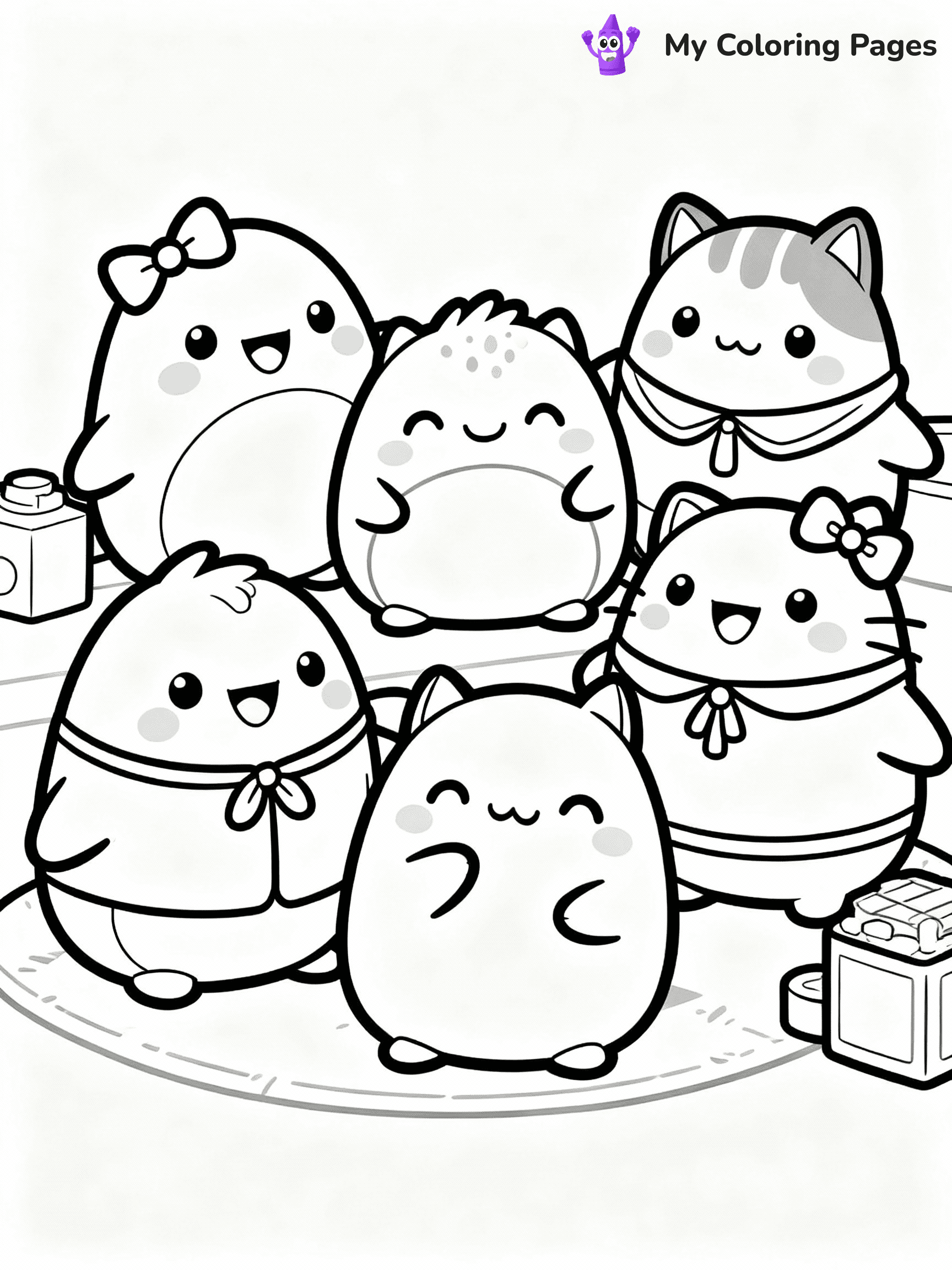 ⚠️ CRITICAL REQUIREMENT - ABSOLUTE BLACK AND WHITE ONLY ⚠️
This MUST be a BLACK AND WHITE line drawing ONLY. NO COLORS whatsoever.
- ONLY pure black lines (#000000) on pure white background (#FFFFFF)
- ABSOLUTELY NO colors, NO shading, NO gradients, NO grayscale
- If there are ANY colors in the output, the image is REJECTED
- This is a COLORING PAGE - meant to be COLORED IN by children
- The output must be UNCOLORED line art ready for coloring
⚠️ SUBJECT TO DRAW: A group of Squishmallows from Squishmallows playing together, smiles bright. Important: PURE OUTLINES. NO FILLS, COLOR, SHADING, OR GREYSCALE. WHITE BACKGROUND.
(REMEMBER: Output must be BLACK AND WHITE line art only, NOT colored!)
# Flat, Friendly Cartoon Line-Art Coloring Page
You are generating a **pure black-and-white binary image** of a child-friendly cartoon scene combining characters and background scenery in one cohesive composition.
## Rendering Rules (Strict)
- Only two colors: pure black (#000000) outlines and pure white (#FFFFFF) background.
- No grayscale, shading, gradients, tints, fills, transparency, or partial pixels.
- No antialiasing or blended edges; every pixel is 100% black or white.
- No solid black fills inside shapes — all areas inside outlines must remain white.
- No dark clothing areas or filled tone blocks; all garments outlined only.
- No shadows, textures, lighting, or tonal variations.
- Must look like flat binary vector line-art for coloring pages.
## Drawing & Composition
- **Medium, consistent line weight**; clean closed outlines easy to color inside.
- **Flat, simple, child-friendly design** — no realism or 3D depth.
- Characters are **grounded on a surface**, centered and large.
- **Balanced composition** with clear silhouettes and minimal props.
## Scenery & Style
- Landmarks (e.g., mosque, CN Tower) and scenery (trees, benches, waves) drawn with **black outlines only.**
- For real-world figures, teams, or places, show accurate details using only black outlines—no text or logos. Use distinctive uniform patterns, abstract symbols, and landmark silhouettes to convey identity.
- Keep **consistent perspective**; no floating elements.
- **Style:** whimsical **Doodle Art Alley** — rounded, friendly outlines.
- May adapt shapes from **Crayola, Disney, Peppa Pig, Cocomelon** — *by shape only, never color.*
- Final output: **flat, crisp, binary (#000000/#FFFFFF)**, **no filled color or background text.**
EXTREMELYE IMPORTANT:
- PURE BINARY LINE-ART; NO FILLS (HAIR/CLOTHES/SKIN), SHADING, OR GREY.
- NO SHADING, COLOR. MUST BE WHITE BACKGROUND.
⚠️ FINAL REMINDER: Draw the subject "A group of Squishmallows from Squishmallows playing together, smiles bright. Important: PURE OUTLINES. NO FILLS, COLOR, SHADING, OR GREYSCALE. WHITE BACKGROUND." as BLACK AND WHITE line art. Zero colors in output.