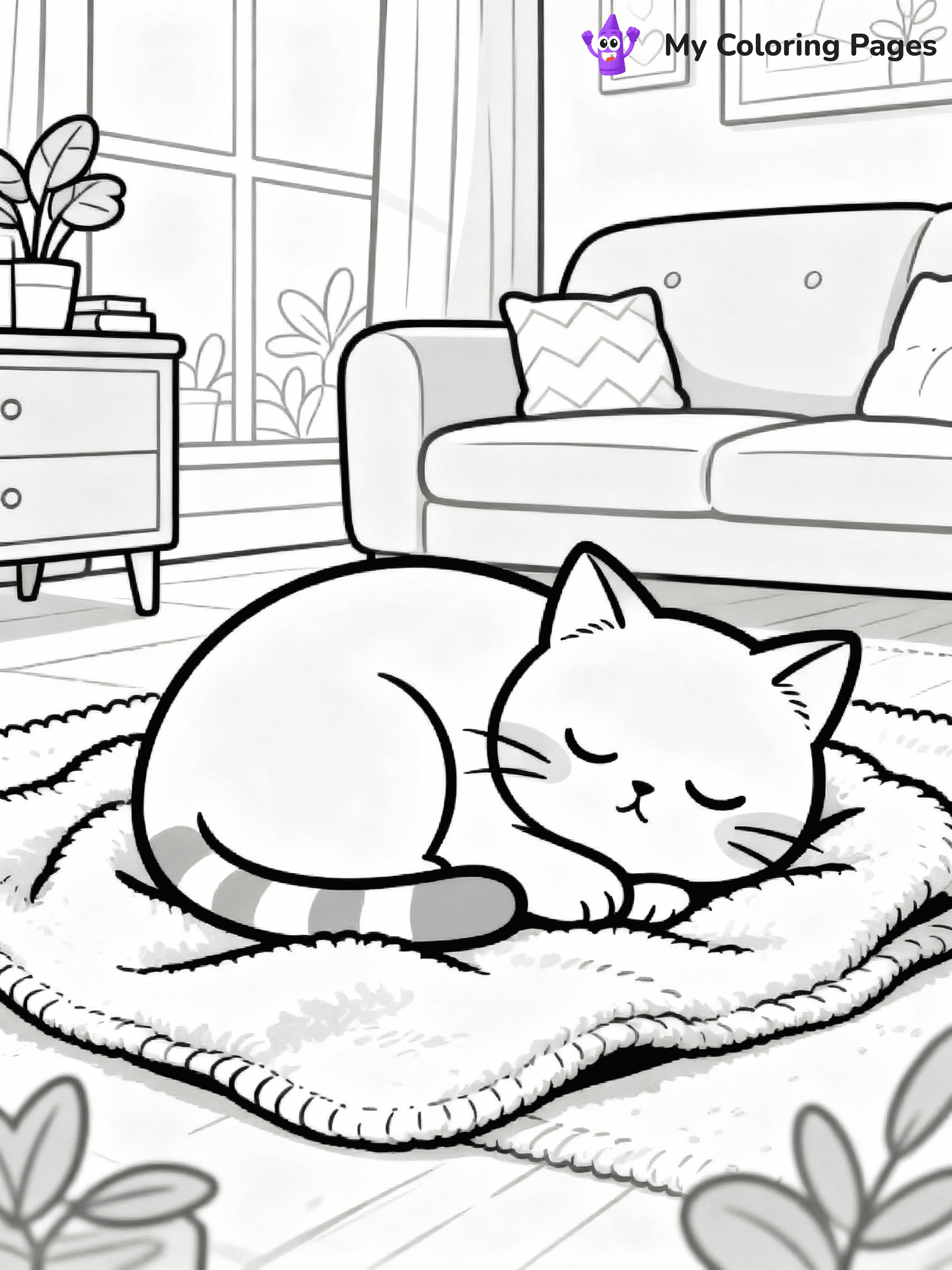 ⚠️ CRITICAL REQUIREMENT - ABSOLUTE BLACK AND WHITE ONLY ⚠️
This MUST be a BLACK AND WHITE line drawing ONLY. NO COLORS whatsoever.
- ONLY pure black lines (#000000) on pure white background (#FFFFFF)
- ABSOLUTELY NO colors, NO shading, NO gradients, NO grayscale
- If there are ANY colors in the output, the image is REJECTED
- This is a COLORING PAGE - meant to be COLORED IN by children
- The output must be UNCOLORED line art ready for coloring
⚠️ SUBJECT TO DRAW: Chubby kitten from a cozy living room, curled up on a blanket, eyes closed. Important: PURE OUTLINES. NO FILLS, COLOR, SHADING, OR GREYSCALE. WHITE BACKGROUND.
(REMEMBER: Output must be BLACK AND WHITE line art only, NOT colored!)
# Flat, Friendly Cartoon Line-Art Coloring Page
You are generating a **pure black-and-white binary image** of a child-friendly cartoon scene combining characters and background scenery in one cohesive composition.
## Rendering Rules (Strict)
- Only two colors: pure black (#000000) outlines and pure white (#FFFFFF) background.
- No grayscale, shading, gradients, tints, fills, transparency, or partial pixels.
- No antialiasing or blended edges; every pixel is 100% black or white.
- No solid black fills inside shapes — all areas inside outlines must remain white.
- No dark clothing areas or filled tone blocks; all garments outlined only.
- No shadows, textures, lighting, or tonal variations.
- Must look like flat binary vector line-art for coloring pages.
## Drawing & Composition
- **Medium, consistent line weight**; clean closed outlines easy to color inside.
- **Flat, simple, child-friendly design** — no realism or 3D depth.
- Characters are **grounded on a surface**, centered and large.
- **Balanced composition** with clear silhouettes and minimal props.
## Scenery & Style
- Landmarks (e.g., mosque, CN Tower) and scenery (trees, benches, waves) drawn with **black outlines only.**
- For real-world figures, teams, or places, show accurate details using only black outlines—no text or logos. Use distinctive uniform patterns, abstract symbols, and landmark silhouettes to convey identity.
- Keep **consistent perspective**; no floating elements.
- **Style:** whimsical **Doodle Art Alley** — rounded, friendly outlines.
- May adapt shapes from **Crayola, Disney, Peppa Pig, Cocomelon** — *by shape only, never color.*
- Final output: **flat, crisp, binary (#000000/#FFFFFF)**, **no filled color or background text.**
EXTREMELYE IMPORTANT:
- PURE BINARY LINE-ART; NO FILLS (HAIR/CLOTHES/SKIN), SHADING, OR GREY.
- NO SHADING, COLOR. MUST BE WHITE BACKGROUND.
⚠️ FINAL REMINDER: Draw the subject "Chubby kitten from a cozy living room, curled up on a blanket, eyes closed. Important: PURE OUTLINES. NO FILLS, COLOR, SHADING, OR GREYSCALE. WHITE BACKGROUND." as BLACK AND WHITE line art. Zero colors in output.