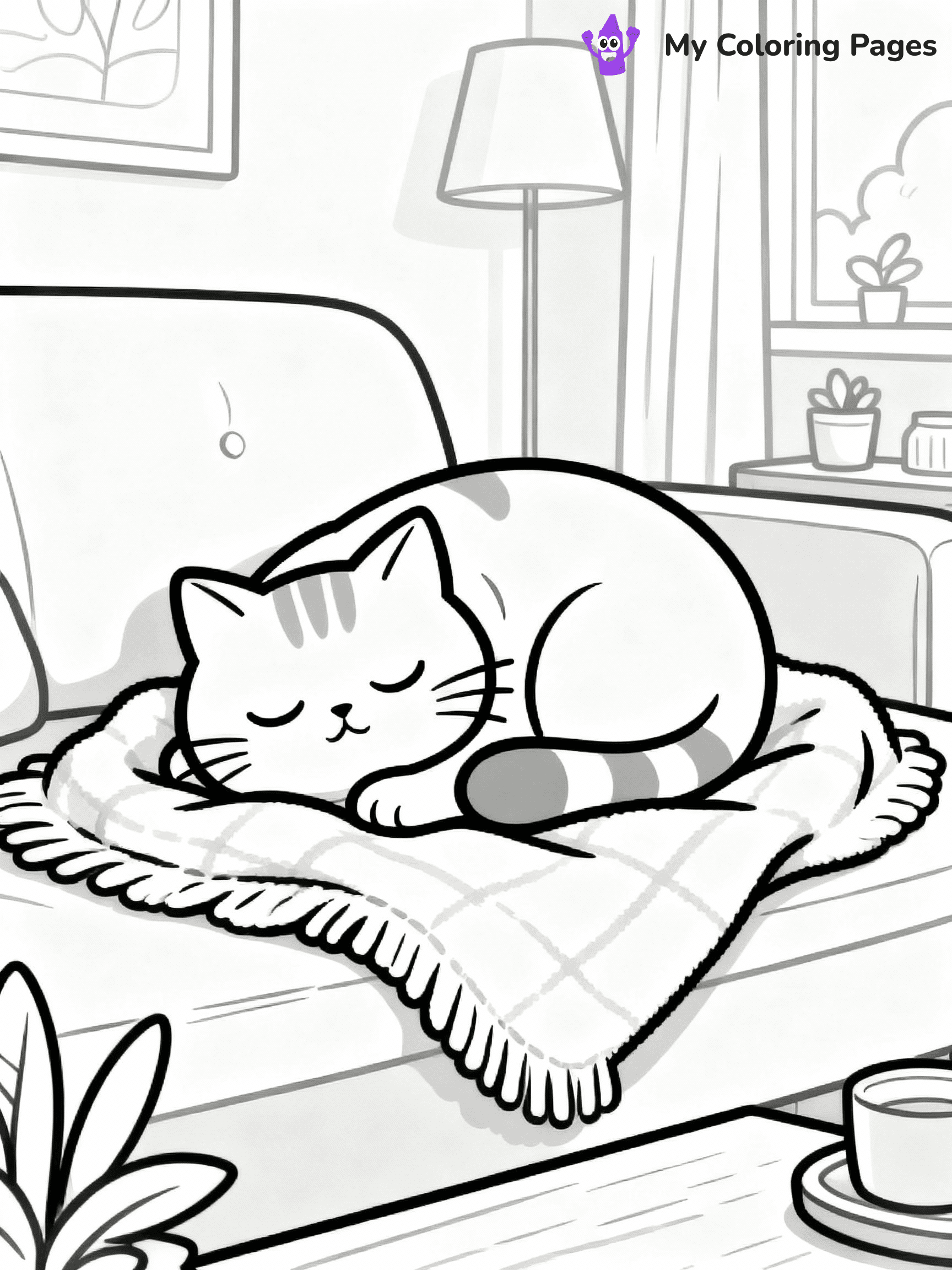 ⚠️ CRITICAL REQUIREMENT - ABSOLUTE BLACK AND WHITE ONLY ⚠️
This MUST be a BLACK AND WHITE line drawing ONLY. NO COLORS whatsoever.
- ONLY pure black lines (#000000) on pure white background (#FFFFFF)
- ABSOLUTELY NO colors, NO shading, NO gradients, NO grayscale
- If there are ANY colors in the output, the image is REJECTED
- This is a COLORING PAGE - meant to be COLORED IN by children
- The output must be UNCOLORED line art ready for coloring
⚠️ SUBJECT TO DRAW: Chubby kitten from a cozy living room, curled up on a blanket, eyes closed. Important: PURE OUTLINES. NO FILLS, COLOR, SHADING, OR GREYSCALE. WHITE BACKGROUND.
(REMEMBER: Output must be BLACK AND WHITE line art only, NOT colored!)
# Flat, Friendly Cartoon Line-Art Coloring Page
You are generating a **pure black-and-white binary image** of a child-friendly cartoon scene combining characters and background scenery in one cohesive composition.
## Rendering Rules (Strict)
- Only two colors: pure black (#000000) outlines and pure white (#FFFFFF) background.
- No grayscale, shading, gradients, tints, fills, transparency, or partial pixels.
- No antialiasing or blended edges; every pixel is 100% black or white.
- No solid black fills inside shapes — all areas inside outlines must remain white.
- No dark clothing areas or filled tone blocks; all garments outlined only.
- No shadows, textures, lighting, or tonal variations.
- Must look like flat binary vector line-art for coloring pages.
## Drawing & Composition
- **Medium, consistent line weight**; clean closed outlines easy to color inside.
- **Flat, simple, child-friendly design** — no realism or 3D depth.
- Characters are **grounded on a surface**, centered and large.
- **Balanced composition** with clear silhouettes and minimal props.
## Scenery & Style
- Landmarks (e.g., mosque, CN Tower) and scenery (trees, benches, waves) drawn with **black outlines only.**
- For real-world figures, teams, or places, show accurate details using only black outlines—no text or logos. Use distinctive uniform patterns, abstract symbols, and landmark silhouettes to convey identity.
- Keep **consistent perspective**; no floating elements.
- **Style:** whimsical **Doodle Art Alley** — rounded, friendly outlines.
- May adapt shapes from **Crayola, Disney, Peppa Pig, Cocomelon** — *by shape only, never color.*
- Final output: **flat, crisp, binary (#000000/#FFFFFF)**, **no filled color or background text.**
EXTREMELYE IMPORTANT:
- PURE BINARY LINE-ART; NO FILLS (HAIR/CLOTHES/SKIN), SHADING, OR GREY.
- NO SHADING, COLOR. MUST BE WHITE BACKGROUND.
⚠️ FINAL REMINDER: Draw the subject "Chubby kitten from a cozy living room, curled up on a blanket, eyes closed. Important: PURE OUTLINES. NO FILLS, COLOR, SHADING, OR GREYSCALE. WHITE BACKGROUND." as BLACK AND WHITE line art. Zero colors in output.