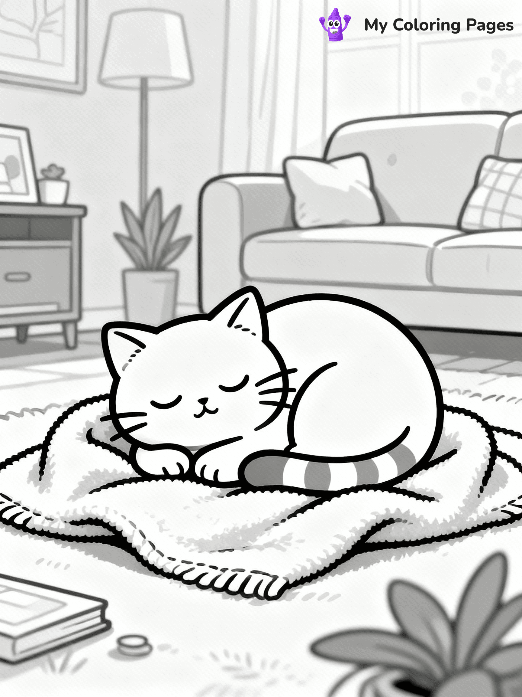 ⚠️ CRITICAL REQUIREMENT - ABSOLUTE BLACK AND WHITE ONLY ⚠️
This MUST be a BLACK AND WHITE line drawing ONLY. NO COLORS whatsoever.
- ONLY pure black lines (#000000) on pure white background (#FFFFFF)
- ABSOLUTELY NO colors, NO shading, NO gradients, NO grayscale
- If there are ANY colors in the output, the image is REJECTED
- This is a COLORING PAGE - meant to be COLORED IN by children
- The output must be UNCOLORED line art ready for coloring
⚠️ SUBJECT TO DRAW: Chubby kitten from a cozy living room, curled up on a blanket, eyes closed. Important: PURE OUTLINES. NO FILLS, COLOR, SHADING, OR GREYSCALE. WHITE BACKGROUND.
(REMEMBER: Output must be BLACK AND WHITE line art only, NOT colored!)
# Flat, Friendly Cartoon Line-Art Coloring Page
You are generating a **pure black-and-white binary image** of a child-friendly cartoon scene combining characters and background scenery in one cohesive composition.
## Rendering Rules (Strict)
- Only two colors: pure black (#000000) outlines and pure white (#FFFFFF) background.
- No grayscale, shading, gradients, tints, fills, transparency, or partial pixels.
- No antialiasing or blended edges; every pixel is 100% black or white.
- No solid black fills inside shapes — all areas inside outlines must remain white.
- No dark clothing areas or filled tone blocks; all garments outlined only.
- No shadows, textures, lighting, or tonal variations.
- Must look like flat binary vector line-art for coloring pages.
## Drawing & Composition
- **Medium, consistent line weight**; clean closed outlines easy to color inside.
- **Flat, simple, child-friendly design** — no realism or 3D depth.
- Characters are **grounded on a surface**, centered and large.
- **Balanced composition** with clear silhouettes and minimal props.
## Scenery & Style
- Landmarks (e.g., mosque, CN Tower) and scenery (trees, benches, waves) drawn with **black outlines only.**
- For real-world figures, teams, or places, show accurate details using only black outlines—no text or logos. Use distinctive uniform patterns, abstract symbols, and landmark silhouettes to convey identity.
- Keep **consistent perspective**; no floating elements.
- **Style:** whimsical **Doodle Art Alley** — rounded, friendly outlines.
- May adapt shapes from **Crayola, Disney, Peppa Pig, Cocomelon** — *by shape only, never color.*
- Final output: **flat, crisp, binary (#000000/#FFFFFF)**, **no filled color or background text.**
EXTREMELYE IMPORTANT:
- PURE BINARY LINE-ART; NO FILLS (HAIR/CLOTHES/SKIN), SHADING, OR GREY.
- NO SHADING, COLOR. MUST BE WHITE BACKGROUND.
⚠️ FINAL REMINDER: Draw the subject "Chubby kitten from a cozy living room, curled up on a blanket, eyes closed. Important: PURE OUTLINES. NO FILLS, COLOR, SHADING, OR GREYSCALE. WHITE BACKGROUND." as BLACK AND WHITE line art. Zero colors in output.