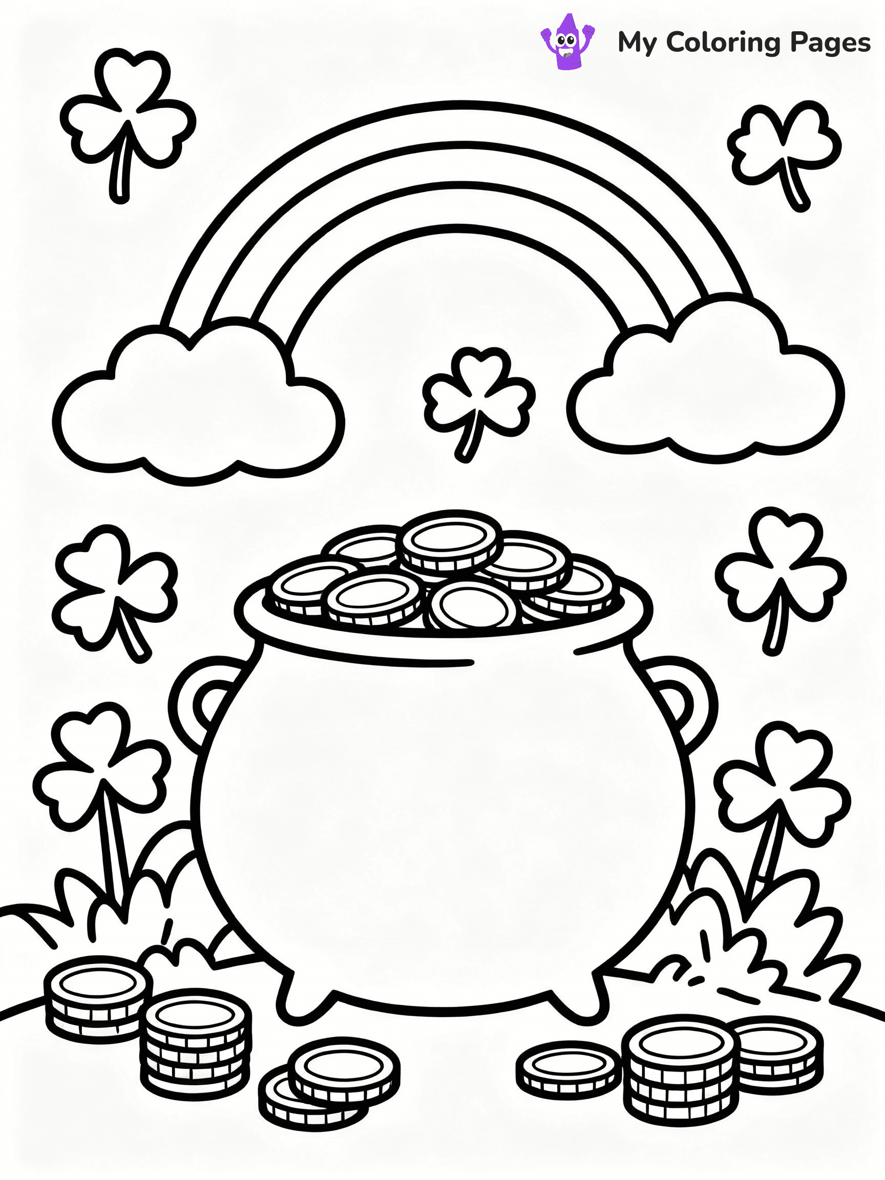 ⚠️ CRITICAL REQUIREMENT - ABSOLUTE BLACK AND WHITE ONLY ⚠️
This MUST be a BLACK AND WHITE line drawing ONLY. NO COLORS whatsoever.
- ONLY pure black lines (#000000) on pure white background (#FFFFFF)
- ABSOLUTELY NO colors, NO shading, NO gradients, NO grayscale
- If there are ANY colors in the output, the image is REJECTED
- This is a COLORING PAGE - meant to be COLORED IN by children
- The output must be UNCOLORED line art ready for coloring
⚠️ SUBJECT TO DRAW: Pot of gold with rainbow, surrounded by shamrocks, line art style, detailed coins and clouds
(REMEMBER: Output must be BLACK AND WHITE line art only, NOT colored!)
# COLORING PAGE: BLACK OUTLINES ONLY - WHITE BACKGROUND MANDATORY
Create a **coloring book page** using EXACTLY two values: black lines, white space.
## NON-NEGOTIABLE BINARY RULES
- **ONLY #000000 (black) and #FFFFFF (white)** - NO other values exist
- **EVERY PIXEL = BLACK OR WHITE** - no gray/shading/antialiasing
- **WHITE BACKGROUND MANDATORY** - entire canvas stays white
- **ALL SHAPES HOLLOW** - everything is empty outlines waiting to be colored
- **FORBIDDEN:** fills, shading, gradients, patterns, textures, colors
- **NO SOLID REGIONS** - if it's not a thin line, it's wrong
## Universal Line Standards
- Black outlines ONLY - thin, uniform weight
- Every shape completely empty inside
- Closed contours suitable for coloring
- Simple flat illustration - zero depth/3D/realism
- **Style:** Whimsical Doodle Art Alley - rounded, friendly outlines (unless specified)
## Everything = Outline Only
- Characters/animals: hollow shapes
- Objects/clothing: empty contours
- Backgrounds/scenery: line work only
- Natural elements: outlined forms
- Dark/night areas: don't exist (use outlined symbols)
- Textures/patterns: convert to simple lines
## The Test
Can a child color EVERY white space with crayons? If any area is pre-filled/shaded/gray or colored in, it FAILS. Every shape must be waiting to receive color.
**FINAL OUTPUT**: Binary coloring page. Black lines define shapes. White spaces ready for coloring. Nothing else exists. No exceptions. Print-ready.
⚠️ FINAL REMINDER: Draw the subject "Pot of gold with rainbow, surrounded by shamrocks, line art style, detailed coins and clouds" as BLACK AND WHITE line art. Zero colors in output.