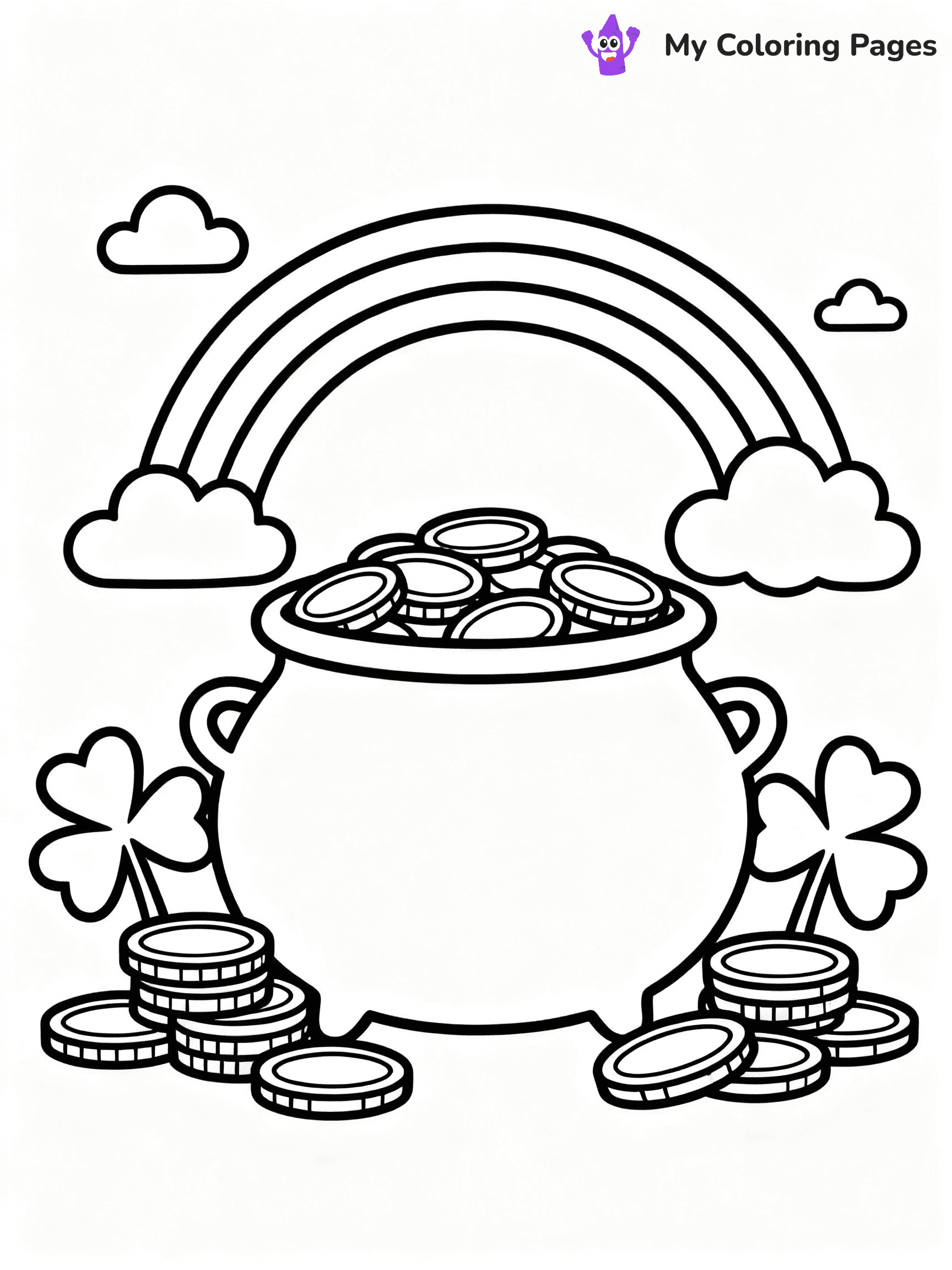 ⚠️ CRITICAL REQUIREMENT - ABSOLUTE BLACK AND WHITE ONLY ⚠️
This MUST be a BLACK AND WHITE line drawing ONLY. NO COLORS whatsoever.
- ONLY pure black lines (#000000) on pure white background (#FFFFFF)
- ABSOLUTELY NO colors, NO shading, NO gradients, NO grayscale
- If there are ANY colors in the output, the image is REJECTED
- This is a COLORING PAGE - meant to be COLORED IN by children
- The output must be UNCOLORED line art ready for coloring
⚠️ SUBJECT TO DRAW: Pot of gold with rainbow, surrounded by shamrocks, line art style, detailed coins and clouds
(REMEMBER: Output must be BLACK AND WHITE line art only, NOT colored!)
# COLORING PAGE: BLACK OUTLINES ONLY - WHITE BACKGROUND MANDATORY
Create a **coloring book page** using EXACTLY two values: black lines, white space.
## NON-NEGOTIABLE BINARY RULES
- **ONLY #000000 (black) and #FFFFFF (white)** - NO other values exist
- **EVERY PIXEL = BLACK OR WHITE** - no gray/shading/antialiasing
- **WHITE BACKGROUND MANDATORY** - entire canvas stays white
- **ALL SHAPES HOLLOW** - everything is empty outlines waiting to be colored
- **FORBIDDEN:** fills, shading, gradients, patterns, textures, colors
- **NO SOLID REGIONS** - if it's not a thin line, it's wrong
## Universal Line Standards
- Black outlines ONLY - thin, uniform weight
- Every shape completely empty inside
- Closed contours suitable for coloring
- Simple flat illustration - zero depth/3D/realism
- **Style:** Whimsical Doodle Art Alley - rounded, friendly outlines (unless specified)
## Everything = Outline Only
- Characters/animals: hollow shapes
- Objects/clothing: empty contours
- Backgrounds/scenery: line work only
- Natural elements: outlined forms
- Dark/night areas: don't exist (use outlined symbols)
- Textures/patterns: convert to simple lines
## The Test
Can a child color EVERY white space with crayons? If any area is pre-filled/shaded/gray or colored in, it FAILS. Every shape must be waiting to receive color.
**FINAL OUTPUT**: Binary coloring page. Black lines define shapes. White spaces ready for coloring. Nothing else exists. No exceptions. Print-ready.
⚠️ FINAL REMINDER: Draw the subject "Pot of gold with rainbow, surrounded by shamrocks, line art style, detailed coins and clouds" as BLACK AND WHITE line art. Zero colors in output.