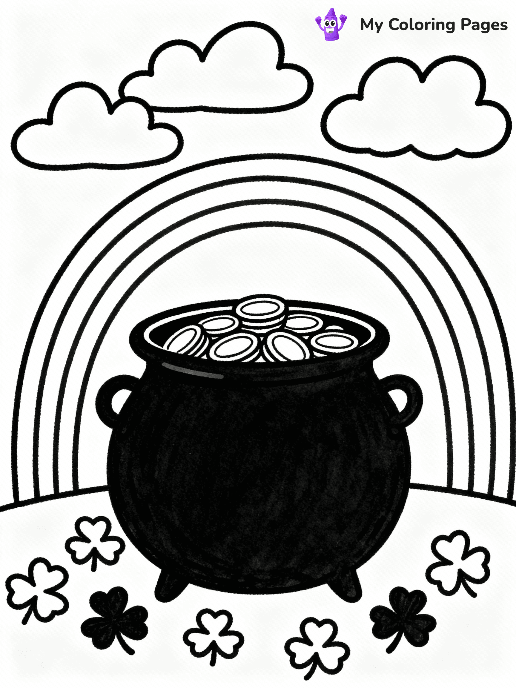 ⚠️ CRITICAL REQUIREMENT - ABSOLUTE BLACK AND WHITE ONLY ⚠️
This MUST be a BLACK AND WHITE line drawing ONLY. NO COLORS whatsoever.
- ONLY pure black lines (#000000) on pure white background (#FFFFFF)
- ABSOLUTELY NO colors, NO shading, NO gradients, NO grayscale
- If there are ANY colors in the output, the image is REJECTED
- This is a COLORING PAGE - meant to be COLORED IN by children
- The output must be UNCOLORED line art ready for coloring
⚠️ SUBJECT TO DRAW: Pot of gold with rainbow, surrounded by shamrocks, line art style, detailed coins and clouds
(REMEMBER: Output must be BLACK AND WHITE line art only, NOT colored!)
# COLORING PAGE: BLACK OUTLINES ONLY - WHITE BACKGROUND MANDATORY
Create a **coloring book page** using EXACTLY two values: black lines, white space.
## NON-NEGOTIABLE BINARY RULES
- **ONLY #000000 (black) and #FFFFFF (white)** - NO other values exist
- **EVERY PIXEL = BLACK OR WHITE** - no gray/shading/antialiasing
- **WHITE BACKGROUND MANDATORY** - entire canvas stays white
- **ALL SHAPES HOLLOW** - everything is empty outlines waiting to be colored
- **FORBIDDEN:** fills, shading, gradients, patterns, textures, colors
- **NO SOLID REGIONS** - if it's not a thin line, it's wrong
## Universal Line Standards
- Black outlines ONLY - thin, uniform weight
- Every shape completely empty inside
- Closed contours suitable for coloring
- Simple flat illustration - zero depth/3D/realism
- **Style:** Whimsical Doodle Art Alley - rounded, friendly outlines (unless specified)
## Everything = Outline Only
- Characters/animals: hollow shapes
- Objects/clothing: empty contours
- Backgrounds/scenery: line work only
- Natural elements: outlined forms
- Dark/night areas: don't exist (use outlined symbols)
- Textures/patterns: convert to simple lines
## The Test
Can a child color EVERY white space with crayons? If any area is pre-filled/shaded/gray or colored in, it FAILS. Every shape must be waiting to receive color.
**FINAL OUTPUT**: Binary coloring page. Black lines define shapes. White spaces ready for coloring. Nothing else exists. No exceptions. Print-ready.
⚠️ FINAL REMINDER: Draw the subject "Pot of gold with rainbow, surrounded by shamrocks, line art style, detailed coins and clouds" as BLACK AND WHITE line art. Zero colors in output.