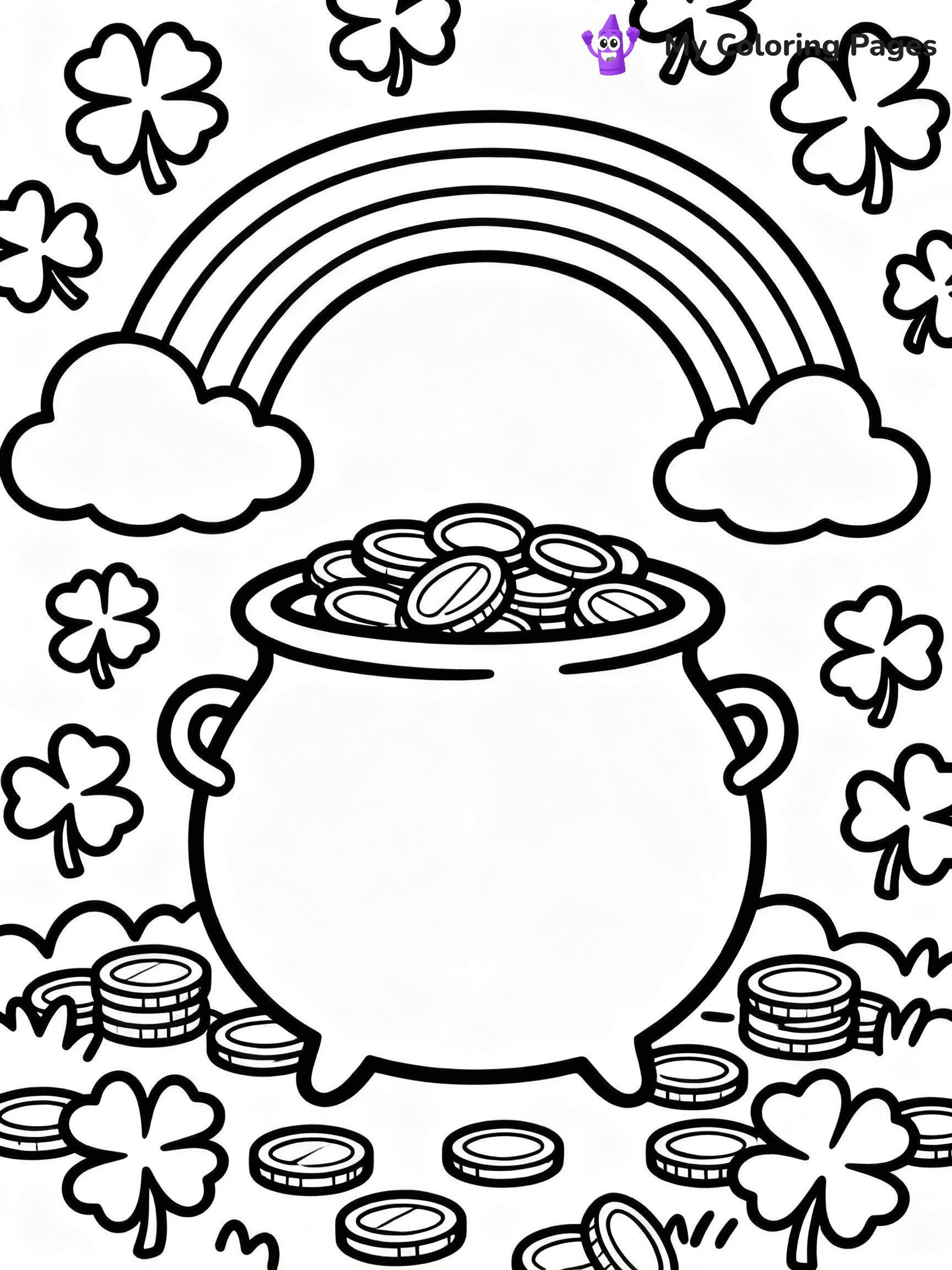 ⚠️ CRITICAL REQUIREMENT - ABSOLUTE BLACK AND WHITE ONLY ⚠️
This MUST be a BLACK AND WHITE line drawing ONLY. NO COLORS whatsoever.
- ONLY pure black lines (#000000) on pure white background (#FFFFFF)
- ABSOLUTELY NO colors, NO shading, NO gradients, NO grayscale
- If there are ANY colors in the output, the image is REJECTED
- This is a COLORING PAGE - meant to be COLORED IN by children
- The output must be UNCOLORED line art ready for coloring
⚠️ SUBJECT TO DRAW: Pot of gold with rainbow, surrounded by shamrocks, line art style, detailed coins and clouds
(REMEMBER: Output must be BLACK AND WHITE line art only, NOT colored!)
# COLORING PAGE: BLACK OUTLINES ONLY - WHITE BACKGROUND MANDATORY
Create a **coloring book page** using EXACTLY two values: black lines, white space.
## NON-NEGOTIABLE BINARY RULES
- **ONLY #000000 (black) and #FFFFFF (white)** - NO other values exist
- **EVERY PIXEL = BLACK OR WHITE** - no gray/shading/antialiasing
- **WHITE BACKGROUND MANDATORY** - entire canvas stays white
- **ALL SHAPES HOLLOW** - everything is empty outlines waiting to be colored
- **FORBIDDEN:** fills, shading, gradients, patterns, textures, colors
- **NO SOLID REGIONS** - if it's not a thin line, it's wrong
## Universal Line Standards
- Black outlines ONLY - thin, uniform weight
- Every shape completely empty inside
- Closed contours suitable for coloring
- Simple flat illustration - zero depth/3D/realism
- **Style:** Whimsical Doodle Art Alley - rounded, friendly outlines (unless specified)
## Everything = Outline Only
- Characters/animals: hollow shapes
- Objects/clothing: empty contours
- Backgrounds/scenery: line work only
- Natural elements: outlined forms
- Dark/night areas: don't exist (use outlined symbols)
- Textures/patterns: convert to simple lines
## The Test
Can a child color EVERY white space with crayons? If any area is pre-filled/shaded/gray or colored in, it FAILS. Every shape must be waiting to receive color.
**FINAL OUTPUT**: Binary coloring page. Black lines define shapes. White spaces ready for coloring. Nothing else exists. No exceptions. Print-ready.
⚠️ FINAL REMINDER: Draw the subject "Pot of gold with rainbow, surrounded by shamrocks, line art style, detailed coins and clouds" as BLACK AND WHITE line art. Zero colors in output.