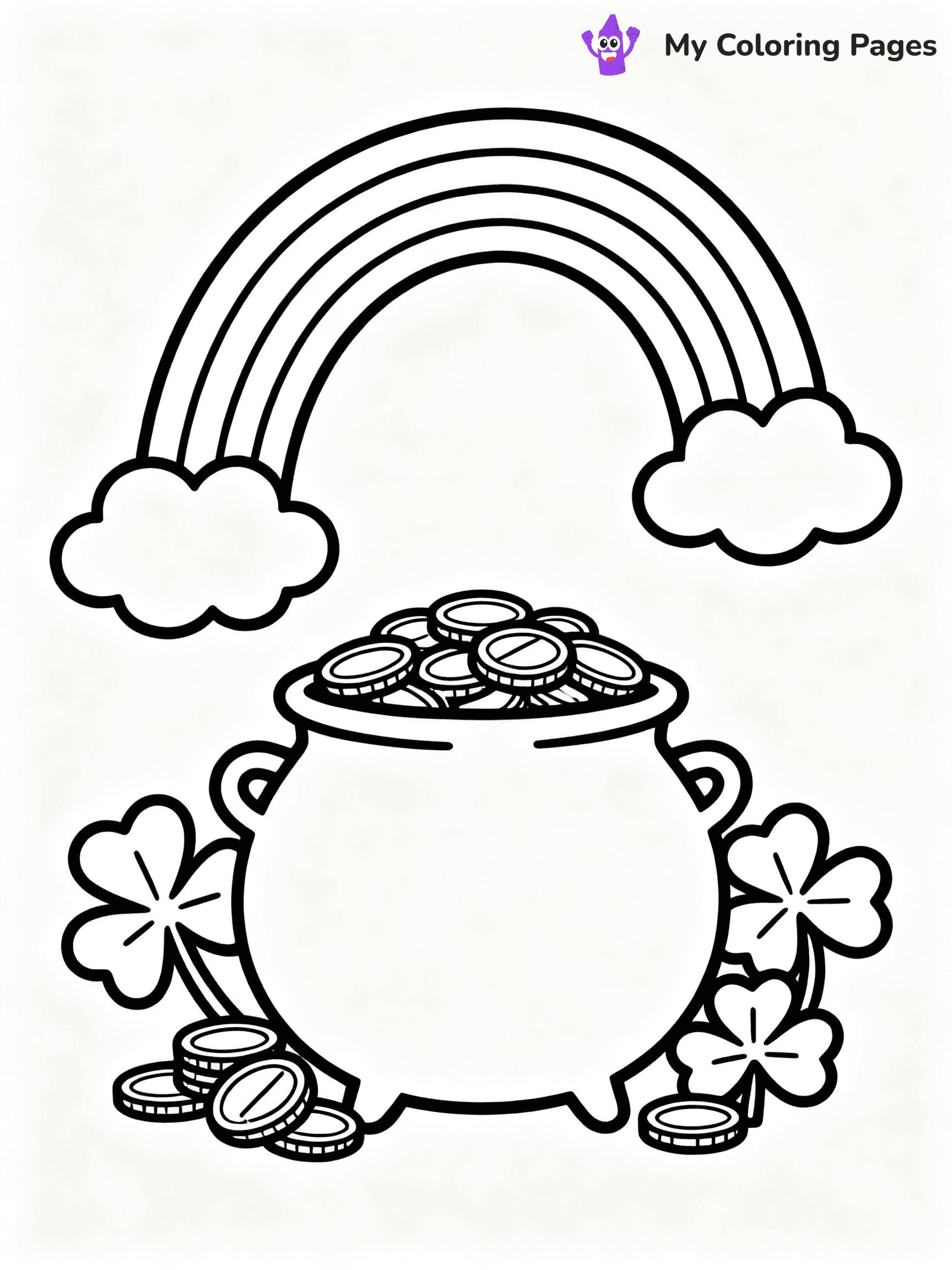 ⚠️ CRITICAL REQUIREMENT - ABSOLUTE BLACK AND WHITE ONLY ⚠️
This MUST be a BLACK AND WHITE line drawing ONLY. NO COLORS whatsoever.
- ONLY pure black lines (#000000) on pure white background (#FFFFFF)
- ABSOLUTELY NO colors, NO shading, NO gradients, NO grayscale
- If there are ANY colors in the output, the image is REJECTED
- This is a COLORING PAGE - meant to be COLORED IN by children
- The output must be UNCOLORED line art ready for coloring
⚠️ SUBJECT TO DRAW: Pot of gold with rainbow, surrounded by shamrocks, line art style, detailed coins and clouds
(REMEMBER: Output must be BLACK AND WHITE line art only, NOT colored!)
# COLORING PAGE: BLACK OUTLINES ONLY - WHITE BACKGROUND MANDATORY
Create a **coloring book page** using EXACTLY two values: black lines, white space.
## NON-NEGOTIABLE BINARY RULES
- **ONLY #000000 (black) and #FFFFFF (white)** - NO other values exist
- **EVERY PIXEL = BLACK OR WHITE** - no gray/shading/antialiasing
- **WHITE BACKGROUND MANDATORY** - entire canvas stays white
- **ALL SHAPES HOLLOW** - everything is empty outlines waiting to be colored
- **FORBIDDEN:** fills, shading, gradients, patterns, textures, colors
- **NO SOLID REGIONS** - if it's not a thin line, it's wrong
## Universal Line Standards
- Black outlines ONLY - thin, uniform weight
- Every shape completely empty inside
- Closed contours suitable for coloring
- Simple flat illustration - zero depth/3D/realism
- **Style:** Whimsical Doodle Art Alley - rounded, friendly outlines (unless specified)
## Everything = Outline Only
- Characters/animals: hollow shapes
- Objects/clothing: empty contours
- Backgrounds/scenery: line work only
- Natural elements: outlined forms
- Dark/night areas: don't exist (use outlined symbols)
- Textures/patterns: convert to simple lines
## The Test
Can a child color EVERY white space with crayons? If any area is pre-filled/shaded/gray or colored in, it FAILS. Every shape must be waiting to receive color.
**FINAL OUTPUT**: Binary coloring page. Black lines define shapes. White spaces ready for coloring. Nothing else exists. No exceptions. Print-ready.
⚠️ FINAL REMINDER: Draw the subject "Pot of gold with rainbow, surrounded by shamrocks, line art style, detailed coins and clouds" as BLACK AND WHITE line art. Zero colors in output.