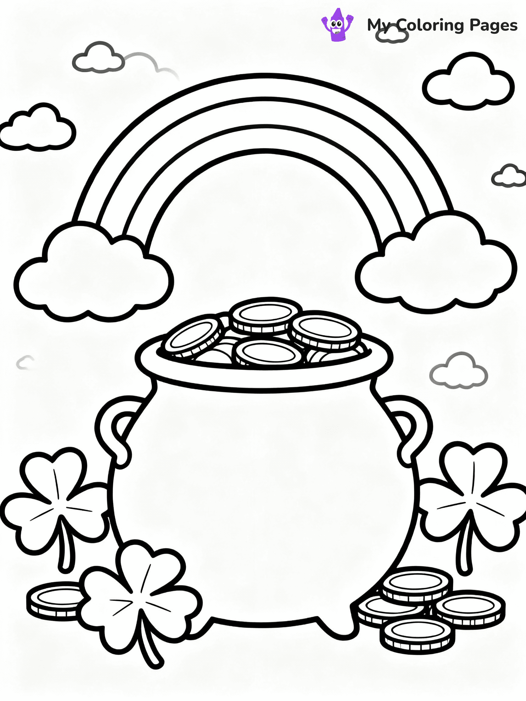 ⚠️ CRITICAL REQUIREMENT - ABSOLUTE BLACK AND WHITE ONLY ⚠️
This MUST be a BLACK AND WHITE line drawing ONLY. NO COLORS whatsoever.
- ONLY pure black lines (#000000) on pure white background (#FFFFFF)
- ABSOLUTELY NO colors, NO shading, NO gradients, NO grayscale
- If there are ANY colors in the output, the image is REJECTED
- This is a COLORING PAGE - meant to be COLORED IN by children
- The output must be UNCOLORED line art ready for coloring
⚠️ SUBJECT TO DRAW: Pot of gold with rainbow, surrounded by shamrocks, line art style, detailed coins and clouds
(REMEMBER: Output must be BLACK AND WHITE line art only, NOT colored!)
# COLORING PAGE: BLACK OUTLINES ONLY - WHITE BACKGROUND MANDATORY
Create a **coloring book page** using EXACTLY two values: black lines, white space.
## NON-NEGOTIABLE BINARY RULES
- **ONLY #000000 (black) and #FFFFFF (white)** - NO other values exist
- **EVERY PIXEL = BLACK OR WHITE** - no gray/shading/antialiasing
- **WHITE BACKGROUND MANDATORY** - entire canvas stays white
- **ALL SHAPES HOLLOW** - everything is empty outlines waiting to be colored
- **FORBIDDEN:** fills, shading, gradients, patterns, textures, colors
- **NO SOLID REGIONS** - if it's not a thin line, it's wrong
## Universal Line Standards
- Black outlines ONLY - thin, uniform weight
- Every shape completely empty inside
- Closed contours suitable for coloring
- Simple flat illustration - zero depth/3D/realism
- **Style:** Whimsical Doodle Art Alley - rounded, friendly outlines (unless specified)
## Everything = Outline Only
- Characters/animals: hollow shapes
- Objects/clothing: empty contours
- Backgrounds/scenery: line work only
- Natural elements: outlined forms
- Dark/night areas: don't exist (use outlined symbols)
- Textures/patterns: convert to simple lines
## The Test
Can a child color EVERY white space with crayons? If any area is pre-filled/shaded/gray or colored in, it FAILS. Every shape must be waiting to receive color.
**FINAL OUTPUT**: Binary coloring page. Black lines define shapes. White spaces ready for coloring. Nothing else exists. No exceptions. Print-ready.
⚠️ FINAL REMINDER: Draw the subject "Pot of gold with rainbow, surrounded by shamrocks, line art style, detailed coins and clouds" as BLACK AND WHITE line art. Zero colors in output.