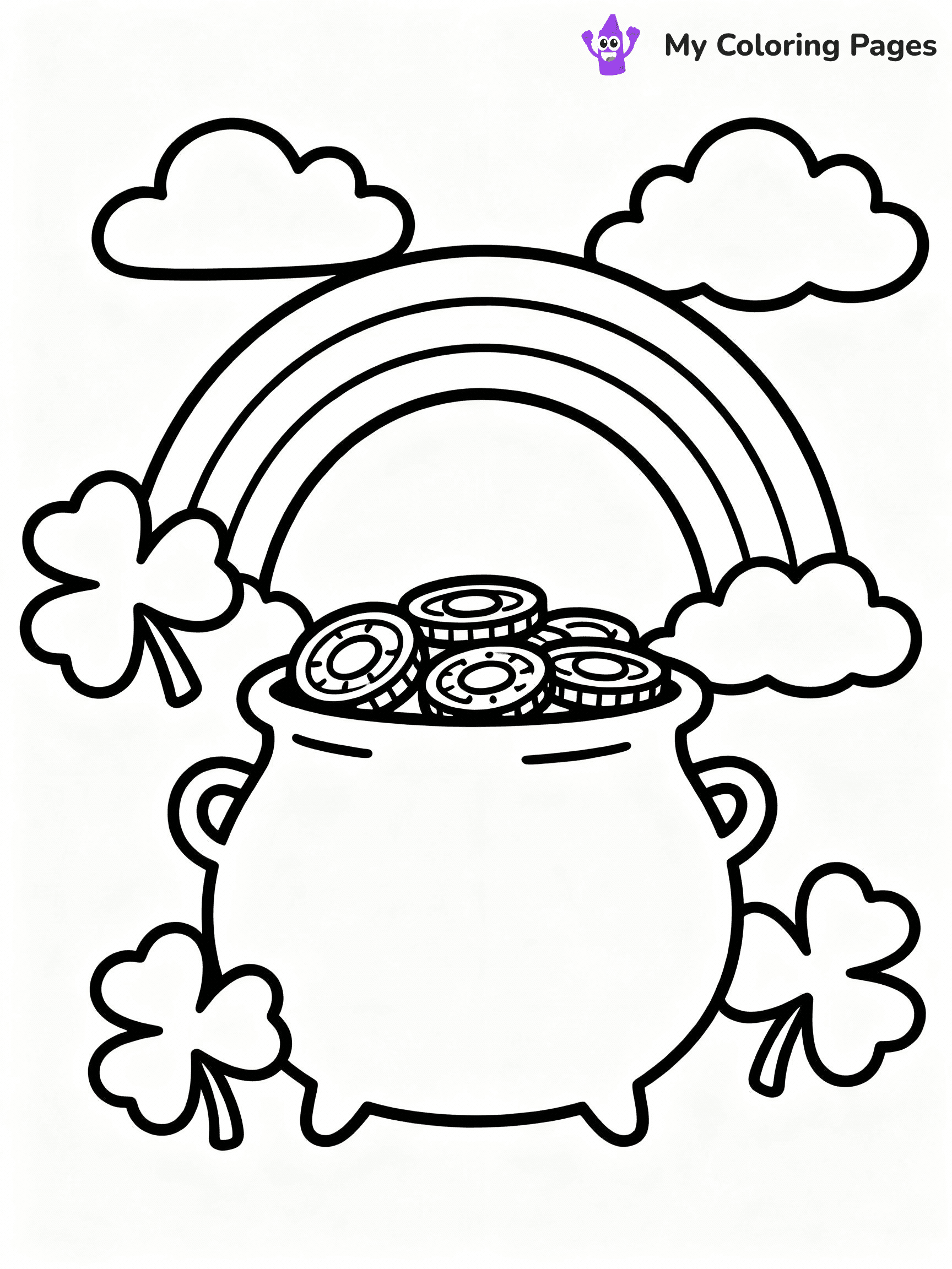 ⚠️ CRITICAL REQUIREMENT - ABSOLUTE BLACK AND WHITE ONLY ⚠️
This MUST be a BLACK AND WHITE line drawing ONLY. NO COLORS whatsoever.
- ONLY pure black lines (#000000) on pure white background (#FFFFFF)
- ABSOLUTELY NO colors, NO shading, NO gradients, NO grayscale
- If there are ANY colors in the output, the image is REJECTED
- This is a COLORING PAGE - meant to be COLORED IN by children
- The output must be UNCOLORED line art ready for coloring
⚠️ SUBJECT TO DRAW: Pot of gold with rainbow, surrounded by shamrocks, line art style, detailed coins and clouds
(REMEMBER: Output must be BLACK AND WHITE line art only, NOT colored!)
# COLORING PAGE: BLACK OUTLINES ONLY - WHITE BACKGROUND MANDATORY
Create a **coloring book page** using EXACTLY two values: black lines, white space.
## NON-NEGOTIABLE BINARY RULES
- **ONLY #000000 (black) and #FFFFFF (white)** - NO other values exist
- **EVERY PIXEL = BLACK OR WHITE** - no gray/shading/antialiasing
- **WHITE BACKGROUND MANDATORY** - entire canvas stays white
- **ALL SHAPES HOLLOW** - everything is empty outlines waiting to be colored
- **FORBIDDEN:** fills, shading, gradients, patterns, textures, colors
- **NO SOLID REGIONS** - if it's not a thin line, it's wrong
## Universal Line Standards
- Black outlines ONLY - thin, uniform weight
- Every shape completely empty inside
- Closed contours suitable for coloring
- Simple flat illustration - zero depth/3D/realism
- **Style:** Whimsical Doodle Art Alley - rounded, friendly outlines (unless specified)
## Everything = Outline Only
- Characters/animals: hollow shapes
- Objects/clothing: empty contours
- Backgrounds/scenery: line work only
- Natural elements: outlined forms
- Dark/night areas: don't exist (use outlined symbols)
- Textures/patterns: convert to simple lines
## The Test
Can a child color EVERY white space with crayons? If any area is pre-filled/shaded/gray or colored in, it FAILS. Every shape must be waiting to receive color.
**FINAL OUTPUT**: Binary coloring page. Black lines define shapes. White spaces ready for coloring. Nothing else exists. No exceptions. Print-ready.
⚠️ FINAL REMINDER: Draw the subject "Pot of gold with rainbow, surrounded by shamrocks, line art style, detailed coins and clouds" as BLACK AND WHITE line art. Zero colors in output.