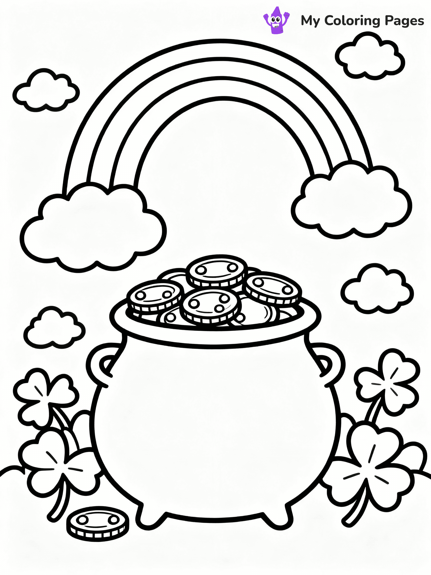 ⚠️ CRITICAL REQUIREMENT - ABSOLUTE BLACK AND WHITE ONLY ⚠️
This MUST be a BLACK AND WHITE line drawing ONLY. NO COLORS whatsoever.
- ONLY pure black lines (#000000) on pure white background (#FFFFFF)
- ABSOLUTELY NO colors, NO shading, NO gradients, NO grayscale
- If there are ANY colors in the output, the image is REJECTED
- This is a COLORING PAGE - meant to be COLORED IN by children
- The output must be UNCOLORED line art ready for coloring
⚠️ SUBJECT TO DRAW: Pot of gold with rainbow, surrounded by shamrocks, line art style, detailed coins and clouds
(REMEMBER: Output must be BLACK AND WHITE line art only, NOT colored!)
# COLORING PAGE: BLACK OUTLINES ONLY - WHITE BACKGROUND MANDATORY
Create a **coloring book page** using EXACTLY two values: black lines, white space.
## NON-NEGOTIABLE BINARY RULES
- **ONLY #000000 (black) and #FFFFFF (white)** - NO other values exist
- **EVERY PIXEL = BLACK OR WHITE** - no gray/shading/antialiasing
- **WHITE BACKGROUND MANDATORY** - entire canvas stays white
- **ALL SHAPES HOLLOW** - everything is empty outlines waiting to be colored
- **FORBIDDEN:** fills, shading, gradients, patterns, textures, colors
- **NO SOLID REGIONS** - if it's not a thin line, it's wrong
## Universal Line Standards
- Black outlines ONLY - thin, uniform weight
- Every shape completely empty inside
- Closed contours suitable for coloring
- Simple flat illustration - zero depth/3D/realism
- **Style:** Whimsical Doodle Art Alley - rounded, friendly outlines (unless specified)
## Everything = Outline Only
- Characters/animals: hollow shapes
- Objects/clothing: empty contours
- Backgrounds/scenery: line work only
- Natural elements: outlined forms
- Dark/night areas: don't exist (use outlined symbols)
- Textures/patterns: convert to simple lines
## The Test
Can a child color EVERY white space with crayons? If any area is pre-filled/shaded/gray or colored in, it FAILS. Every shape must be waiting to receive color.
**FINAL OUTPUT**: Binary coloring page. Black lines define shapes. White spaces ready for coloring. Nothing else exists. No exceptions. Print-ready.
⚠️ FINAL REMINDER: Draw the subject "Pot of gold with rainbow, surrounded by shamrocks, line art style, detailed coins and clouds" as BLACK AND WHITE line art. Zero colors in output.