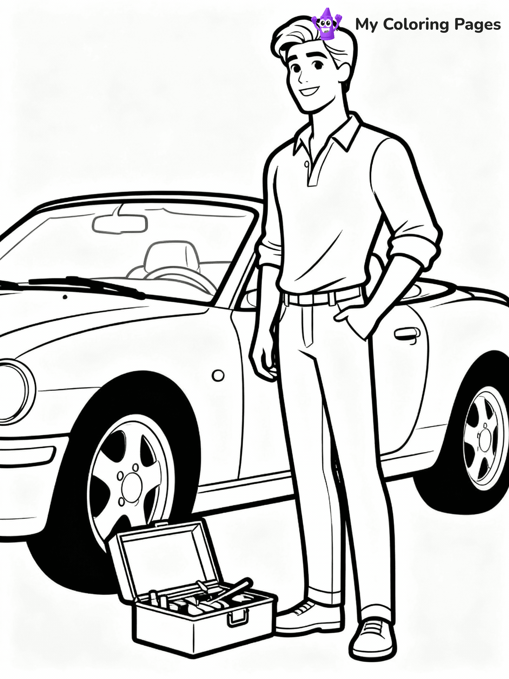 ⚠️ CRITICAL REQUIREMENT - ABSOLUTE BLACK AND WHITE ONLY ⚠️
This MUST be a BLACK AND WHITE line drawing ONLY. NO COLORS whatsoever.
- ONLY pure black lines (#000000) on pure white background (#FFFFFF)
- ABSOLUTELY NO colors, NO shading, NO gradients, NO grayscale
- If there are ANY colors in the output, the image is REJECTED
- This is a COLORING PAGE - meant to be COLORED IN by children
- The output must be UNCOLORED line art ready for coloring
⚠️ SUBJECT TO DRAW: Ken from Barbie helping with a car repair, toolbox open beside him. Important: PURE OUTLINES. NO FILLS, COLOR, SHADING, OR GREYSCALE. WHITE BACKGROUND.
(REMEMBER: Output must be BLACK AND WHITE line art only, NOT colored!)
# Flat, Friendly Cartoon Line-Art Coloring Page
You are generating a **pure black-and-white binary image** of a child-friendly cartoon scene combining characters and background scenery in one cohesive composition.
## Rendering Rules (Strict)
- Only two colors: pure black (#000000) outlines and pure white (#FFFFFF) background.
- No grayscale, shading, gradients, tints, fills, transparency, or partial pixels.
- No antialiasing or blended edges; every pixel is 100% black or white.
- No solid black fills inside shapes — all areas inside outlines must remain white.
- No dark clothing areas or filled tone blocks; all garments outlined only.
- No shadows, textures, lighting, or tonal variations.
- Must look like flat binary vector line-art for coloring pages.
## Drawing & Composition
- **Medium, consistent line weight**; clean closed outlines easy to color inside.
- **Flat, simple, child-friendly design** — no realism or 3D depth.
- Characters are **grounded on a surface**, centered and large.
- **Balanced composition** with clear silhouettes and minimal props.
## Scenery & Style
- Landmarks (e.g., mosque, CN Tower) and scenery (trees, benches, waves) drawn with **black outlines only.**
- For real-world figures, teams, or places, show accurate details using only black outlines—no text or logos. Use distinctive uniform patterns, abstract symbols, and landmark silhouettes to convey identity.
- Keep **consistent perspective**; no floating elements.
- **Style:** whimsical **Doodle Art Alley** — rounded, friendly outlines.
- May adapt shapes from **Crayola, Disney, Peppa Pig, Cocomelon** — *by shape only, never color.*
- Final output: **flat, crisp, binary (#000000/#FFFFFF)**, **no filled color or background text.**
EXTREMELYE IMPORTANT:
- PURE BINARY LINE-ART; NO FILLS (HAIR/CLOTHES/SKIN), SHADING, OR GREY.
- NO SHADING, COLOR. MUST BE WHITE BACKGROUND.
⚠️ FINAL REMINDER: Draw the subject "Ken from Barbie helping with a car repair, toolbox open beside him. Important: PURE OUTLINES. NO FILLS, COLOR, SHADING, OR GREYSCALE. WHITE BACKGROUND." as BLACK AND WHITE line art. Zero colors in output.