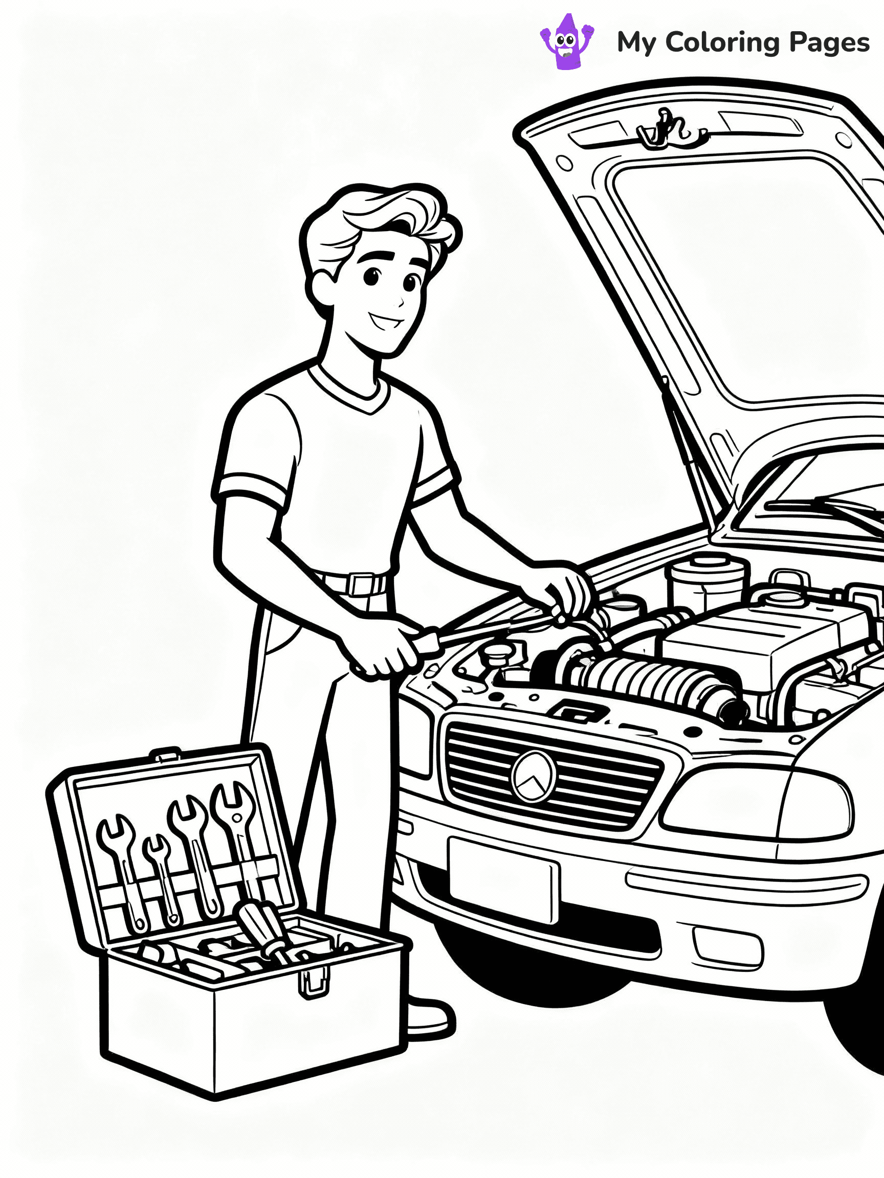 ⚠️ CRITICAL REQUIREMENT - ABSOLUTE BLACK AND WHITE ONLY ⚠️
This MUST be a BLACK AND WHITE line drawing ONLY. NO COLORS whatsoever.
- ONLY pure black lines (#000000) on pure white background (#FFFFFF)
- ABSOLUTELY NO colors, NO shading, NO gradients, NO grayscale
- If there are ANY colors in the output, the image is REJECTED
- This is a COLORING PAGE - meant to be COLORED IN by children
- The output must be UNCOLORED line art ready for coloring
⚠️ SUBJECT TO DRAW: Ken from Barbie helping with a car repair, toolbox open beside him. Important: PURE OUTLINES. NO FILLS, COLOR, SHADING, OR GREYSCALE. WHITE BACKGROUND.
(REMEMBER: Output must be BLACK AND WHITE line art only, NOT colored!)
# Flat, Friendly Cartoon Line-Art Coloring Page
You are generating a **pure black-and-white binary image** of a child-friendly cartoon scene combining characters and background scenery in one cohesive composition.
## Rendering Rules (Strict)
- Only two colors: pure black (#000000) outlines and pure white (#FFFFFF) background.
- No grayscale, shading, gradients, tints, fills, transparency, or partial pixels.
- No antialiasing or blended edges; every pixel is 100% black or white.
- No solid black fills inside shapes — all areas inside outlines must remain white.
- No dark clothing areas or filled tone blocks; all garments outlined only.
- No shadows, textures, lighting, or tonal variations.
- Must look like flat binary vector line-art for coloring pages.
## Drawing & Composition
- **Medium, consistent line weight**; clean closed outlines easy to color inside.
- **Flat, simple, child-friendly design** — no realism or 3D depth.
- Characters are **grounded on a surface**, centered and large.
- **Balanced composition** with clear silhouettes and minimal props.
## Scenery & Style
- Landmarks (e.g., mosque, CN Tower) and scenery (trees, benches, waves) drawn with **black outlines only.**
- For real-world figures, teams, or places, show accurate details using only black outlines—no text or logos. Use distinctive uniform patterns, abstract symbols, and landmark silhouettes to convey identity.
- Keep **consistent perspective**; no floating elements.
- **Style:** whimsical **Doodle Art Alley** — rounded, friendly outlines.
- May adapt shapes from **Crayola, Disney, Peppa Pig, Cocomelon** — *by shape only, never color.*
- Final output: **flat, crisp, binary (#000000/#FFFFFF)**, **no filled color or background text.**
EXTREMELYE IMPORTANT:
- PURE BINARY LINE-ART; NO FILLS (HAIR/CLOTHES/SKIN), SHADING, OR GREY.
- NO SHADING, COLOR. MUST BE WHITE BACKGROUND.
⚠️ FINAL REMINDER: Draw the subject "Ken from Barbie helping with a car repair, toolbox open beside him. Important: PURE OUTLINES. NO FILLS, COLOR, SHADING, OR GREYSCALE. WHITE BACKGROUND." as BLACK AND WHITE line art. Zero colors in output.