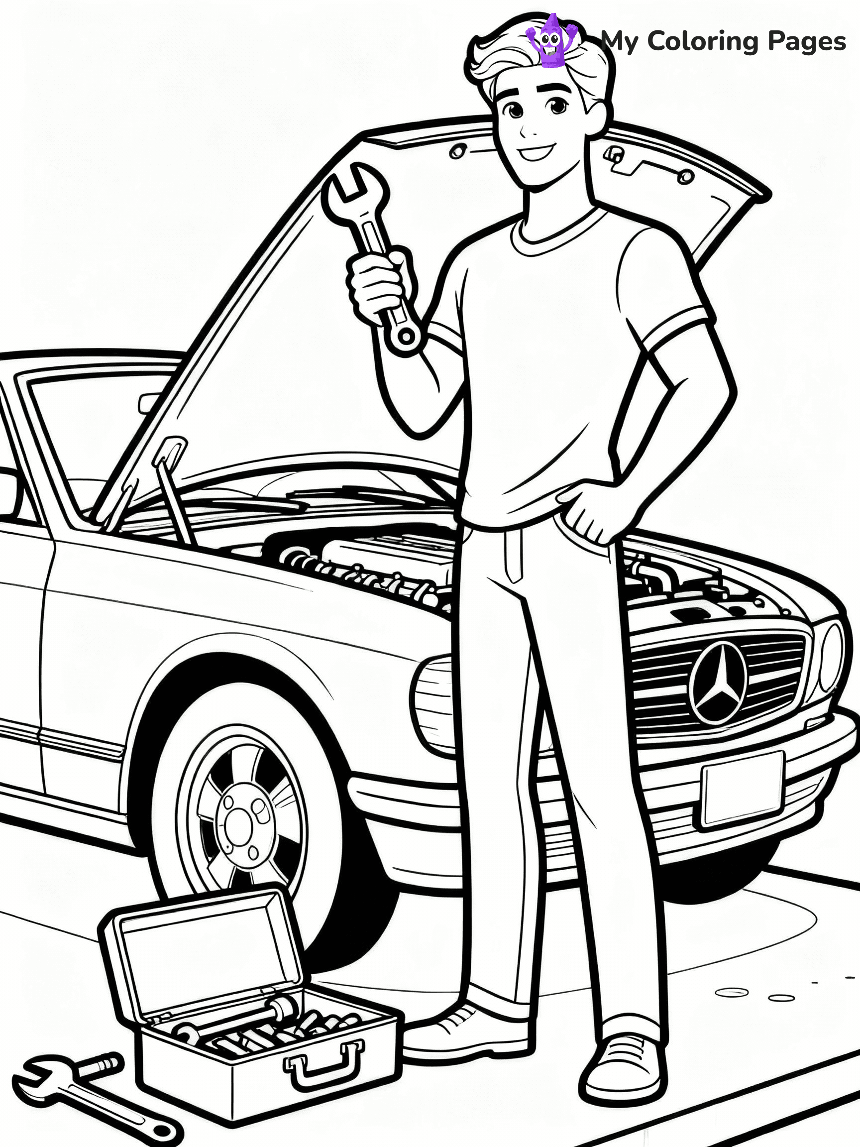 ⚠️ CRITICAL REQUIREMENT - ABSOLUTE BLACK AND WHITE ONLY ⚠️
This MUST be a BLACK AND WHITE line drawing ONLY. NO COLORS whatsoever.
- ONLY pure black lines (#000000) on pure white background (#FFFFFF)
- ABSOLUTELY NO colors, NO shading, NO gradients, NO grayscale
- If there are ANY colors in the output, the image is REJECTED
- This is a COLORING PAGE - meant to be COLORED IN by children
- The output must be UNCOLORED line art ready for coloring
⚠️ SUBJECT TO DRAW: Ken from Barbie helping with a car repair, toolbox open beside him. Important: PURE OUTLINES. NO FILLS, COLOR, SHADING, OR GREYSCALE. WHITE BACKGROUND.
(REMEMBER: Output must be BLACK AND WHITE line art only, NOT colored!)
# Flat, Friendly Cartoon Line-Art Coloring Page
You are generating a **pure black-and-white binary image** of a child-friendly cartoon scene combining characters and background scenery in one cohesive composition.
## Rendering Rules (Strict)
- Only two colors: pure black (#000000) outlines and pure white (#FFFFFF) background.
- No grayscale, shading, gradients, tints, fills, transparency, or partial pixels.
- No antialiasing or blended edges; every pixel is 100% black or white.
- No solid black fills inside shapes — all areas inside outlines must remain white.
- No dark clothing areas or filled tone blocks; all garments outlined only.
- No shadows, textures, lighting, or tonal variations.
- Must look like flat binary vector line-art for coloring pages.
## Drawing & Composition
- **Medium, consistent line weight**; clean closed outlines easy to color inside.
- **Flat, simple, child-friendly design** — no realism or 3D depth.
- Characters are **grounded on a surface**, centered and large.
- **Balanced composition** with clear silhouettes and minimal props.
## Scenery & Style
- Landmarks (e.g., mosque, CN Tower) and scenery (trees, benches, waves) drawn with **black outlines only.**
- For real-world figures, teams, or places, show accurate details using only black outlines—no text or logos. Use distinctive uniform patterns, abstract symbols, and landmark silhouettes to convey identity.
- Keep **consistent perspective**; no floating elements.
- **Style:** whimsical **Doodle Art Alley** — rounded, friendly outlines.
- May adapt shapes from **Crayola, Disney, Peppa Pig, Cocomelon** — *by shape only, never color.*
- Final output: **flat, crisp, binary (#000000/#FFFFFF)**, **no filled color or background text.**
EXTREMELYE IMPORTANT:
- PURE BINARY LINE-ART; NO FILLS (HAIR/CLOTHES/SKIN), SHADING, OR GREY.
- NO SHADING, COLOR. MUST BE WHITE BACKGROUND.
⚠️ FINAL REMINDER: Draw the subject "Ken from Barbie helping with a car repair, toolbox open beside him. Important: PURE OUTLINES. NO FILLS, COLOR, SHADING, OR GREYSCALE. WHITE BACKGROUND." as BLACK AND WHITE line art. Zero colors in output.