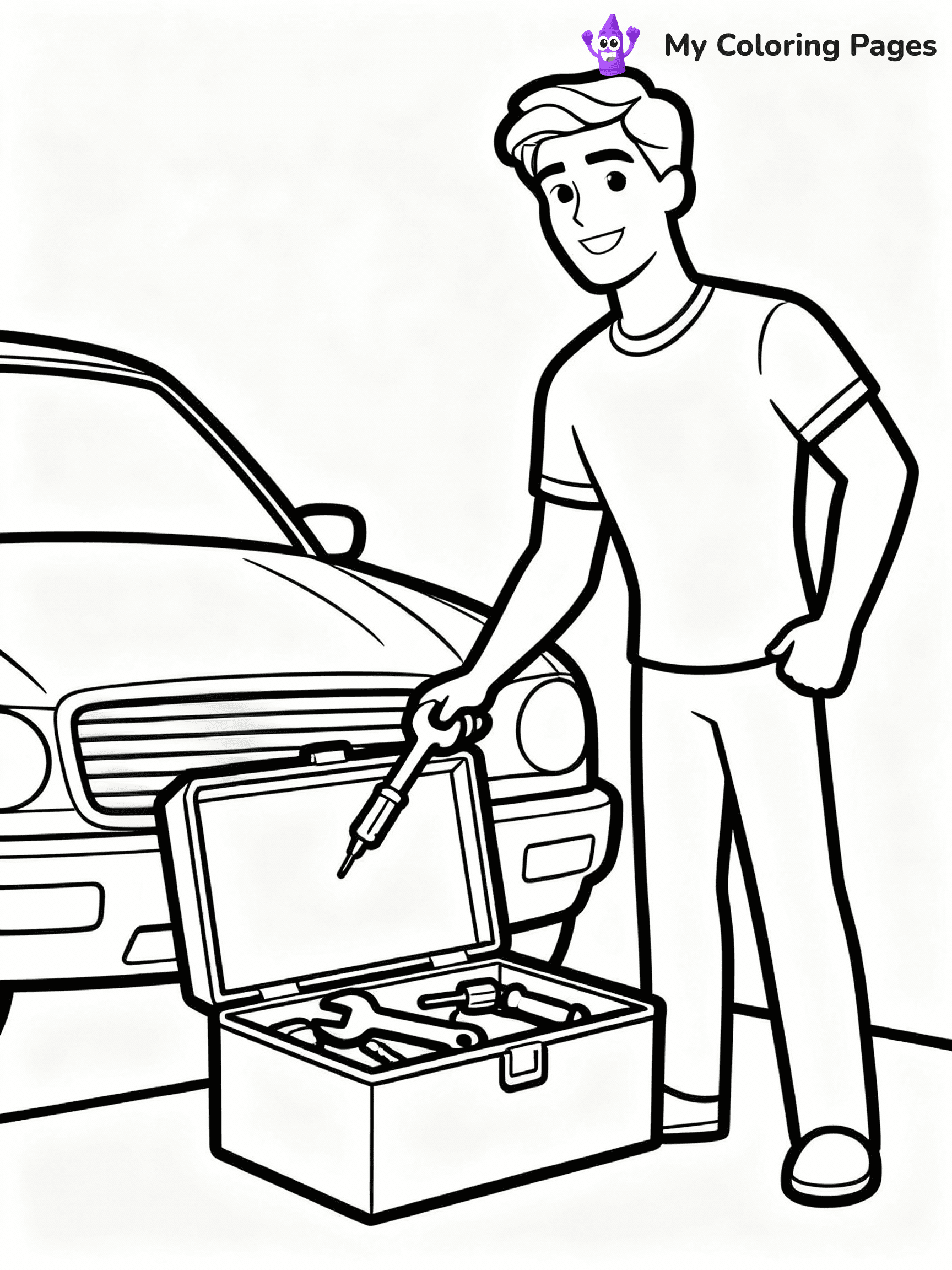 ⚠️ CRITICAL REQUIREMENT - ABSOLUTE BLACK AND WHITE ONLY ⚠️
This MUST be a BLACK AND WHITE line drawing ONLY. NO COLORS whatsoever.
- ONLY pure black lines (#000000) on pure white background (#FFFFFF)
- ABSOLUTELY NO colors, NO shading, NO gradients, NO grayscale
- If there are ANY colors in the output, the image is REJECTED
- This is a COLORING PAGE - meant to be COLORED IN by children
- The output must be UNCOLORED line art ready for coloring
⚠️ SUBJECT TO DRAW: Ken from Barbie helping with a car repair, toolbox open beside him. Important: PURE OUTLINES. NO FILLS, COLOR, SHADING, OR GREYSCALE. WHITE BACKGROUND.
(REMEMBER: Output must be BLACK AND WHITE line art only, NOT colored!)
# Flat, Friendly Cartoon Line-Art Coloring Page
You are generating a **pure black-and-white binary image** of a child-friendly cartoon scene combining characters and background scenery in one cohesive composition.
## Rendering Rules (Strict)
- Only two colors: pure black (#000000) outlines and pure white (#FFFFFF) background.
- No grayscale, shading, gradients, tints, fills, transparency, or partial pixels.
- No antialiasing or blended edges; every pixel is 100% black or white.
- No solid black fills inside shapes — all areas inside outlines must remain white.
- No dark clothing areas or filled tone blocks; all garments outlined only.
- No shadows, textures, lighting, or tonal variations.
- Must look like flat binary vector line-art for coloring pages.
## Drawing & Composition
- **Medium, consistent line weight**; clean closed outlines easy to color inside.
- **Flat, simple, child-friendly design** — no realism or 3D depth.
- Characters are **grounded on a surface**, centered and large.
- **Balanced composition** with clear silhouettes and minimal props.
## Scenery & Style
- Landmarks (e.g., mosque, CN Tower) and scenery (trees, benches, waves) drawn with **black outlines only.**
- For real-world figures, teams, or places, show accurate details using only black outlines—no text or logos. Use distinctive uniform patterns, abstract symbols, and landmark silhouettes to convey identity.
- Keep **consistent perspective**; no floating elements.
- **Style:** whimsical **Doodle Art Alley** — rounded, friendly outlines.
- May adapt shapes from **Crayola, Disney, Peppa Pig, Cocomelon** — *by shape only, never color.*
- Final output: **flat, crisp, binary (#000000/#FFFFFF)**, **no filled color or background text.**
EXTREMELYE IMPORTANT:
- PURE BINARY LINE-ART; NO FILLS (HAIR/CLOTHES/SKIN), SHADING, OR GREY.
- NO SHADING, COLOR. MUST BE WHITE BACKGROUND.
⚠️ FINAL REMINDER: Draw the subject "Ken from Barbie helping with a car repair, toolbox open beside him. Important: PURE OUTLINES. NO FILLS, COLOR, SHADING, OR GREYSCALE. WHITE BACKGROUND." as BLACK AND WHITE line art. Zero colors in output.