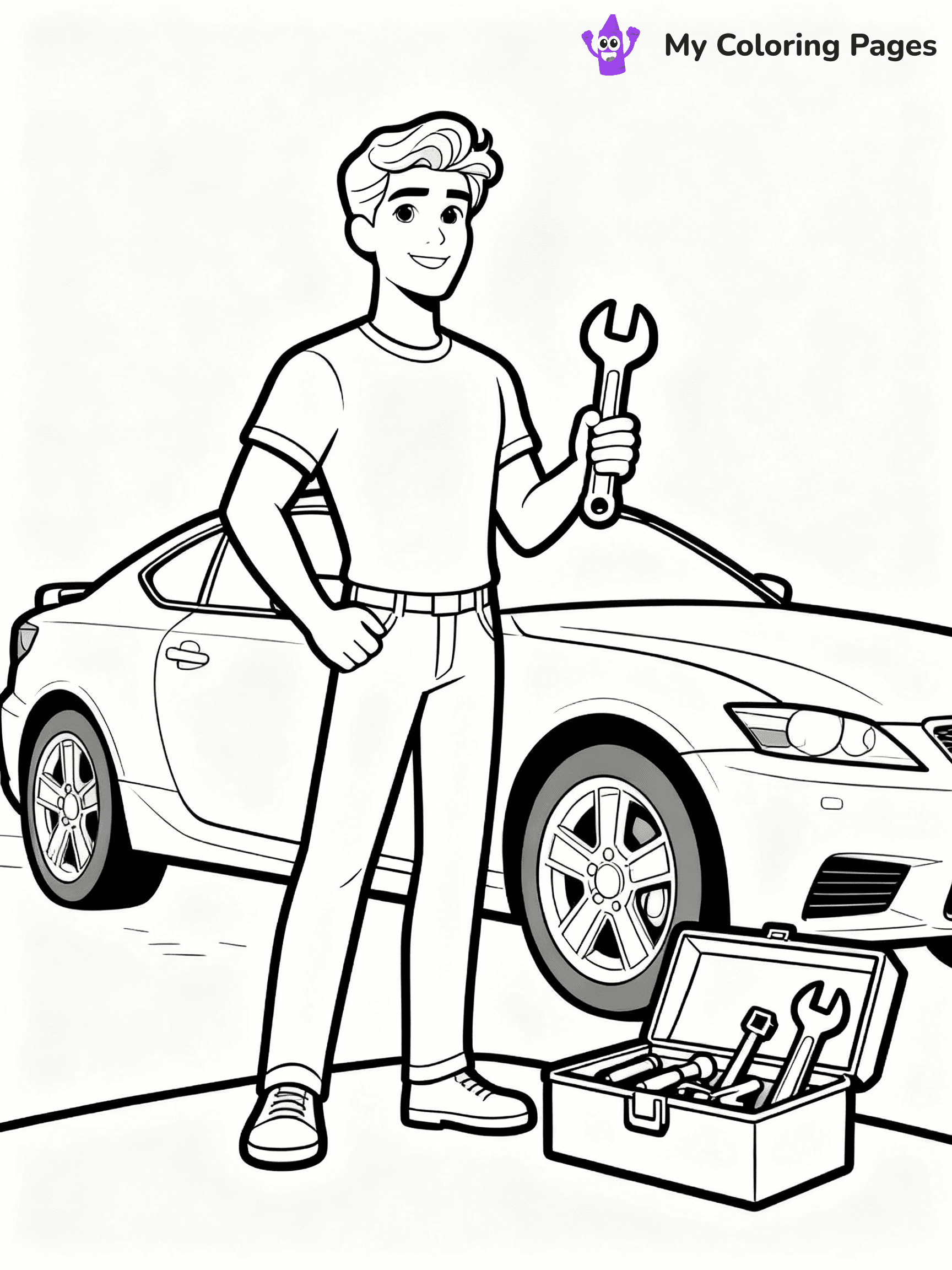 ⚠️ CRITICAL REQUIREMENT - ABSOLUTE BLACK AND WHITE ONLY ⚠️
This MUST be a BLACK AND WHITE line drawing ONLY. NO COLORS whatsoever.
- ONLY pure black lines (#000000) on pure white background (#FFFFFF)
- ABSOLUTELY NO colors, NO shading, NO gradients, NO grayscale
- If there are ANY colors in the output, the image is REJECTED
- This is a COLORING PAGE - meant to be COLORED IN by children
- The output must be UNCOLORED line art ready for coloring
⚠️ SUBJECT TO DRAW: Ken from Barbie helping with a car repair, toolbox open beside him. Important: PURE OUTLINES. NO FILLS, COLOR, SHADING, OR GREYSCALE. WHITE BACKGROUND.
(REMEMBER: Output must be BLACK AND WHITE line art only, NOT colored!)
# Flat, Friendly Cartoon Line-Art Coloring Page
You are generating a **pure black-and-white binary image** of a child-friendly cartoon scene combining characters and background scenery in one cohesive composition.
## Rendering Rules (Strict)
- Only two colors: pure black (#000000) outlines and pure white (#FFFFFF) background.
- No grayscale, shading, gradients, tints, fills, transparency, or partial pixels.
- No antialiasing or blended edges; every pixel is 100% black or white.
- No solid black fills inside shapes — all areas inside outlines must remain white.
- No dark clothing areas or filled tone blocks; all garments outlined only.
- No shadows, textures, lighting, or tonal variations.
- Must look like flat binary vector line-art for coloring pages.
## Drawing & Composition
- **Medium, consistent line weight**; clean closed outlines easy to color inside.
- **Flat, simple, child-friendly design** — no realism or 3D depth.
- Characters are **grounded on a surface**, centered and large.
- **Balanced composition** with clear silhouettes and minimal props.
## Scenery & Style
- Landmarks (e.g., mosque, CN Tower) and scenery (trees, benches, waves) drawn with **black outlines only.**
- For real-world figures, teams, or places, show accurate details using only black outlines—no text or logos. Use distinctive uniform patterns, abstract symbols, and landmark silhouettes to convey identity.
- Keep **consistent perspective**; no floating elements.
- **Style:** whimsical **Doodle Art Alley** — rounded, friendly outlines.
- May adapt shapes from **Crayola, Disney, Peppa Pig, Cocomelon** — *by shape only, never color.*
- Final output: **flat, crisp, binary (#000000/#FFFFFF)**, **no filled color or background text.**
EXTREMELYE IMPORTANT:
- PURE BINARY LINE-ART; NO FILLS (HAIR/CLOTHES/SKIN), SHADING, OR GREY.
- NO SHADING, COLOR. MUST BE WHITE BACKGROUND.
⚠️ FINAL REMINDER: Draw the subject "Ken from Barbie helping with a car repair, toolbox open beside him. Important: PURE OUTLINES. NO FILLS, COLOR, SHADING, OR GREYSCALE. WHITE BACKGROUND." as BLACK AND WHITE line art. Zero colors in output.