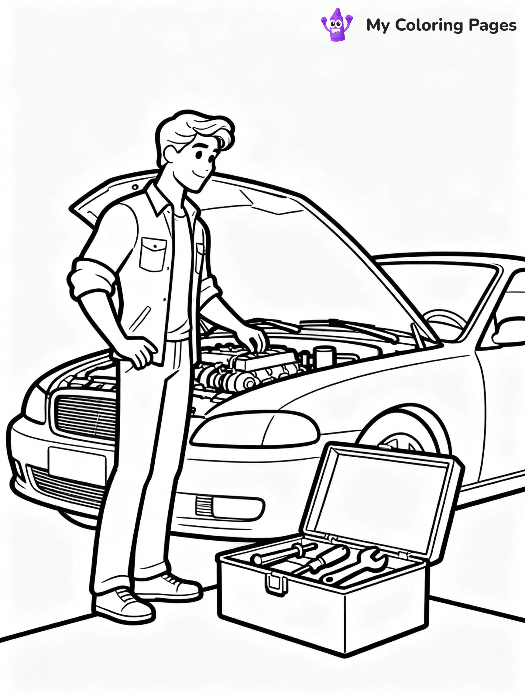 ⚠️ CRITICAL REQUIREMENT - ABSOLUTE BLACK AND WHITE ONLY ⚠️
This MUST be a BLACK AND WHITE line drawing ONLY. NO COLORS whatsoever.
- ONLY pure black lines (#000000) on pure white background (#FFFFFF)
- ABSOLUTELY NO colors, NO shading, NO gradients, NO grayscale
- If there are ANY colors in the output, the image is REJECTED
- This is a COLORING PAGE - meant to be COLORED IN by children
- The output must be UNCOLORED line art ready for coloring
⚠️ SUBJECT TO DRAW: Ken from Barbie helping with a car repair, toolbox open beside him. Important: PURE OUTLINES. NO FILLS, COLOR, SHADING, OR GREYSCALE. WHITE BACKGROUND.
(REMEMBER: Output must be BLACK AND WHITE line art only, NOT colored!)
# Flat, Friendly Cartoon Line-Art Coloring Page
You are generating a **pure black-and-white binary image** of a child-friendly cartoon scene combining characters and background scenery in one cohesive composition.
## Rendering Rules (Strict)
- Only two colors: pure black (#000000) outlines and pure white (#FFFFFF) background.
- No grayscale, shading, gradients, tints, fills, transparency, or partial pixels.
- No antialiasing or blended edges; every pixel is 100% black or white.
- No solid black fills inside shapes — all areas inside outlines must remain white.
- No dark clothing areas or filled tone blocks; all garments outlined only.
- No shadows, textures, lighting, or tonal variations.
- Must look like flat binary vector line-art for coloring pages.
## Drawing & Composition
- **Medium, consistent line weight**; clean closed outlines easy to color inside.
- **Flat, simple, child-friendly design** — no realism or 3D depth.
- Characters are **grounded on a surface**, centered and large.
- **Balanced composition** with clear silhouettes and minimal props.
## Scenery & Style
- Landmarks (e.g., mosque, CN Tower) and scenery (trees, benches, waves) drawn with **black outlines only.**
- For real-world figures, teams, or places, show accurate details using only black outlines—no text or logos. Use distinctive uniform patterns, abstract symbols, and landmark silhouettes to convey identity.
- Keep **consistent perspective**; no floating elements.
- **Style:** whimsical **Doodle Art Alley** — rounded, friendly outlines.
- May adapt shapes from **Crayola, Disney, Peppa Pig, Cocomelon** — *by shape only, never color.*
- Final output: **flat, crisp, binary (#000000/#FFFFFF)**, **no filled color or background text.**
EXTREMELYE IMPORTANT:
- PURE BINARY LINE-ART; NO FILLS (HAIR/CLOTHES/SKIN), SHADING, OR GREY.
- NO SHADING, COLOR. MUST BE WHITE BACKGROUND.
⚠️ FINAL REMINDER: Draw the subject "Ken from Barbie helping with a car repair, toolbox open beside him. Important: PURE OUTLINES. NO FILLS, COLOR, SHADING, OR GREYSCALE. WHITE BACKGROUND." as BLACK AND WHITE line art. Zero colors in output.