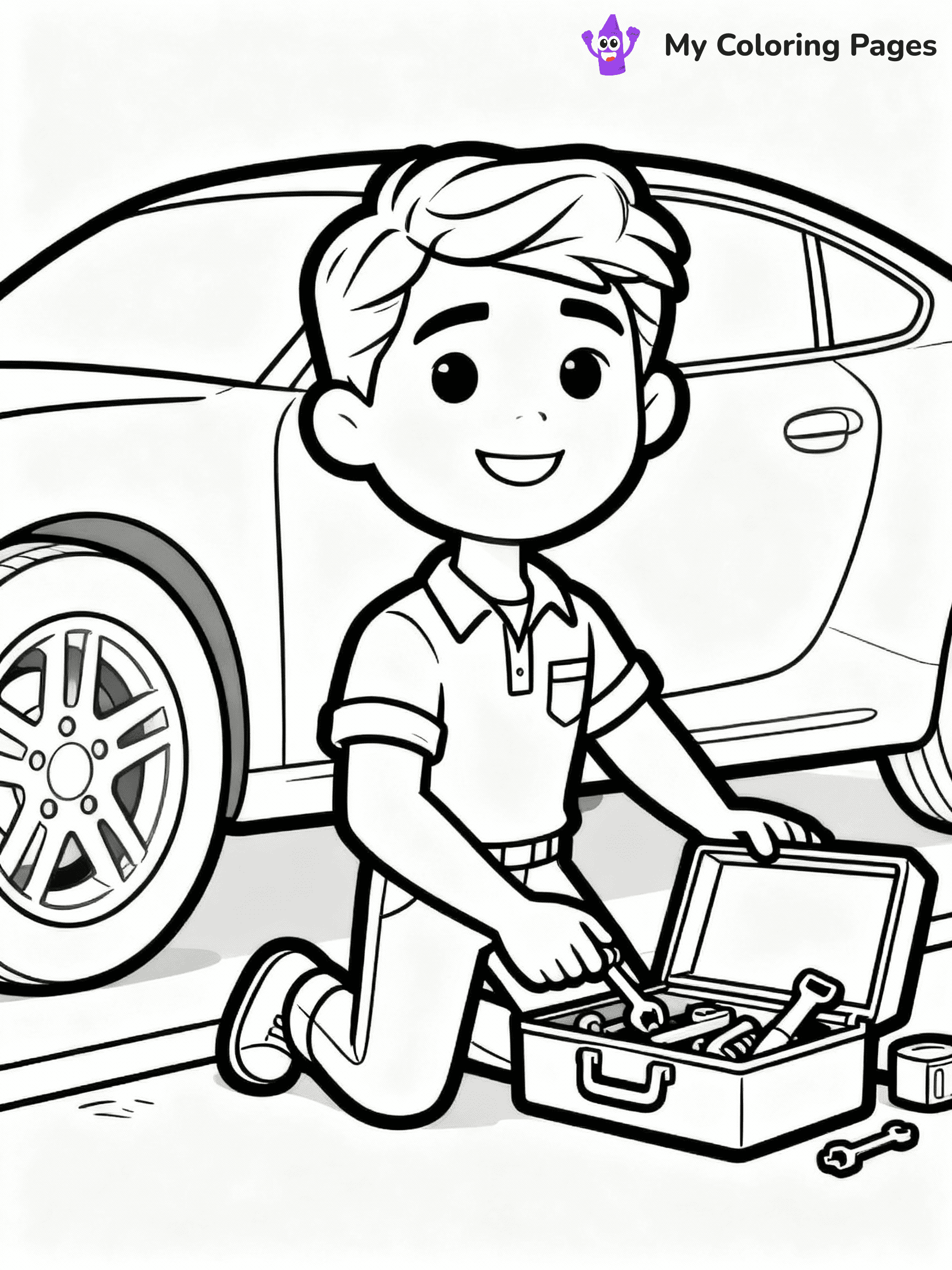 ⚠️ CRITICAL REQUIREMENT - ABSOLUTE BLACK AND WHITE ONLY ⚠️
This MUST be a BLACK AND WHITE line drawing ONLY. NO COLORS whatsoever.
- ONLY pure black lines (#000000) on pure white background (#FFFFFF)
- ABSOLUTELY NO colors, NO shading, NO gradients, NO grayscale
- If there are ANY colors in the output, the image is REJECTED
- This is a COLORING PAGE - meant to be COLORED IN by children
- The output must be UNCOLORED line art ready for coloring
⚠️ SUBJECT TO DRAW: Ken from Barbie helping with a car repair, toolbox open beside him. Important: PURE OUTLINES. NO FILLS, COLOR, SHADING, OR GREYSCALE. WHITE BACKGROUND.
(REMEMBER: Output must be BLACK AND WHITE line art only, NOT colored!)
# Flat, Friendly Cartoon Line-Art Coloring Page
You are generating a **pure black-and-white binary image** of a child-friendly cartoon scene combining characters and background scenery in one cohesive composition.
## Rendering Rules (Strict)
- Only two colors: pure black (#000000) outlines and pure white (#FFFFFF) background.
- No grayscale, shading, gradients, tints, fills, transparency, or partial pixels.
- No antialiasing or blended edges; every pixel is 100% black or white.
- No solid black fills inside shapes — all areas inside outlines must remain white.
- No dark clothing areas or filled tone blocks; all garments outlined only.
- No shadows, textures, lighting, or tonal variations.
- Must look like flat binary vector line-art for coloring pages.
## Drawing & Composition
- **Medium, consistent line weight**; clean closed outlines easy to color inside.
- **Flat, simple, child-friendly design** — no realism or 3D depth.
- Characters are **grounded on a surface**, centered and large.
- **Balanced composition** with clear silhouettes and minimal props.
## Scenery & Style
- Landmarks (e.g., mosque, CN Tower) and scenery (trees, benches, waves) drawn with **black outlines only.**
- For real-world figures, teams, or places, show accurate details using only black outlines—no text or logos. Use distinctive uniform patterns, abstract symbols, and landmark silhouettes to convey identity.
- Keep **consistent perspective**; no floating elements.
- **Style:** whimsical **Doodle Art Alley** — rounded, friendly outlines.
- May adapt shapes from **Crayola, Disney, Peppa Pig, Cocomelon** — *by shape only, never color.*
- Final output: **flat, crisp, binary (#000000/#FFFFFF)**, **no filled color or background text.**
EXTREMELYE IMPORTANT:
- PURE BINARY LINE-ART; NO FILLS (HAIR/CLOTHES/SKIN), SHADING, OR GREY.
- NO SHADING, COLOR. MUST BE WHITE BACKGROUND.
⚠️ FINAL REMINDER: Draw the subject "Ken from Barbie helping with a car repair, toolbox open beside him. Important: PURE OUTLINES. NO FILLS, COLOR, SHADING, OR GREYSCALE. WHITE BACKGROUND." as BLACK AND WHITE line art. Zero colors in output.