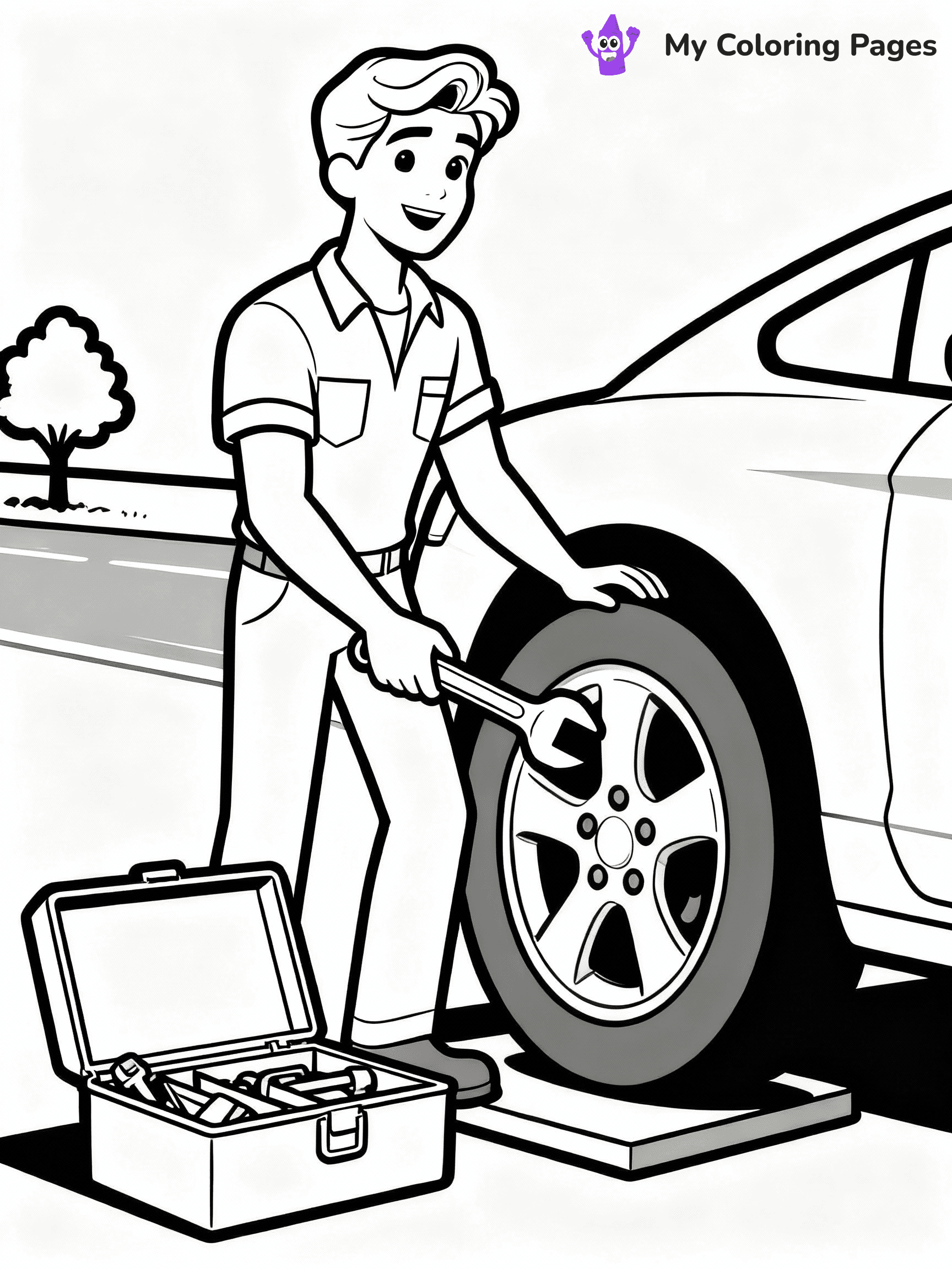 ⚠️ CRITICAL REQUIREMENT - ABSOLUTE BLACK AND WHITE ONLY ⚠️
This MUST be a BLACK AND WHITE line drawing ONLY. NO COLORS whatsoever.
- ONLY pure black lines (#000000) on pure white background (#FFFFFF)
- ABSOLUTELY NO colors, NO shading, NO gradients, NO grayscale
- If there are ANY colors in the output, the image is REJECTED
- This is a COLORING PAGE - meant to be COLORED IN by children
- The output must be UNCOLORED line art ready for coloring
⚠️ SUBJECT TO DRAW: Ken from Barbie helping with a car repair, toolbox open beside him. Important: PURE OUTLINES. NO FILLS, COLOR, SHADING, OR GREYSCALE. WHITE BACKGROUND.
(REMEMBER: Output must be BLACK AND WHITE line art only, NOT colored!)
# Flat, Friendly Cartoon Line-Art Coloring Page
You are generating a **pure black-and-white binary image** of a child-friendly cartoon scene combining characters and background scenery in one cohesive composition.
## Rendering Rules (Strict)
- Only two colors: pure black (#000000) outlines and pure white (#FFFFFF) background.
- No grayscale, shading, gradients, tints, fills, transparency, or partial pixels.
- No antialiasing or blended edges; every pixel is 100% black or white.
- No solid black fills inside shapes — all areas inside outlines must remain white.
- No dark clothing areas or filled tone blocks; all garments outlined only.
- No shadows, textures, lighting, or tonal variations.
- Must look like flat binary vector line-art for coloring pages.
## Drawing & Composition
- **Medium, consistent line weight**; clean closed outlines easy to color inside.
- **Flat, simple, child-friendly design** — no realism or 3D depth.
- Characters are **grounded on a surface**, centered and large.
- **Balanced composition** with clear silhouettes and minimal props.
## Scenery & Style
- Landmarks (e.g., mosque, CN Tower) and scenery (trees, benches, waves) drawn with **black outlines only.**
- For real-world figures, teams, or places, show accurate details using only black outlines—no text or logos. Use distinctive uniform patterns, abstract symbols, and landmark silhouettes to convey identity.
- Keep **consistent perspective**; no floating elements.
- **Style:** whimsical **Doodle Art Alley** — rounded, friendly outlines.
- May adapt shapes from **Crayola, Disney, Peppa Pig, Cocomelon** — *by shape only, never color.*
- Final output: **flat, crisp, binary (#000000/#FFFFFF)**, **no filled color or background text.**
EXTREMELYE IMPORTANT:
- PURE BINARY LINE-ART; NO FILLS (HAIR/CLOTHES/SKIN), SHADING, OR GREY.
- NO SHADING, COLOR. MUST BE WHITE BACKGROUND.
⚠️ FINAL REMINDER: Draw the subject "Ken from Barbie helping with a car repair, toolbox open beside him. Important: PURE OUTLINES. NO FILLS, COLOR, SHADING, OR GREYSCALE. WHITE BACKGROUND." as BLACK AND WHITE line art. Zero colors in output.