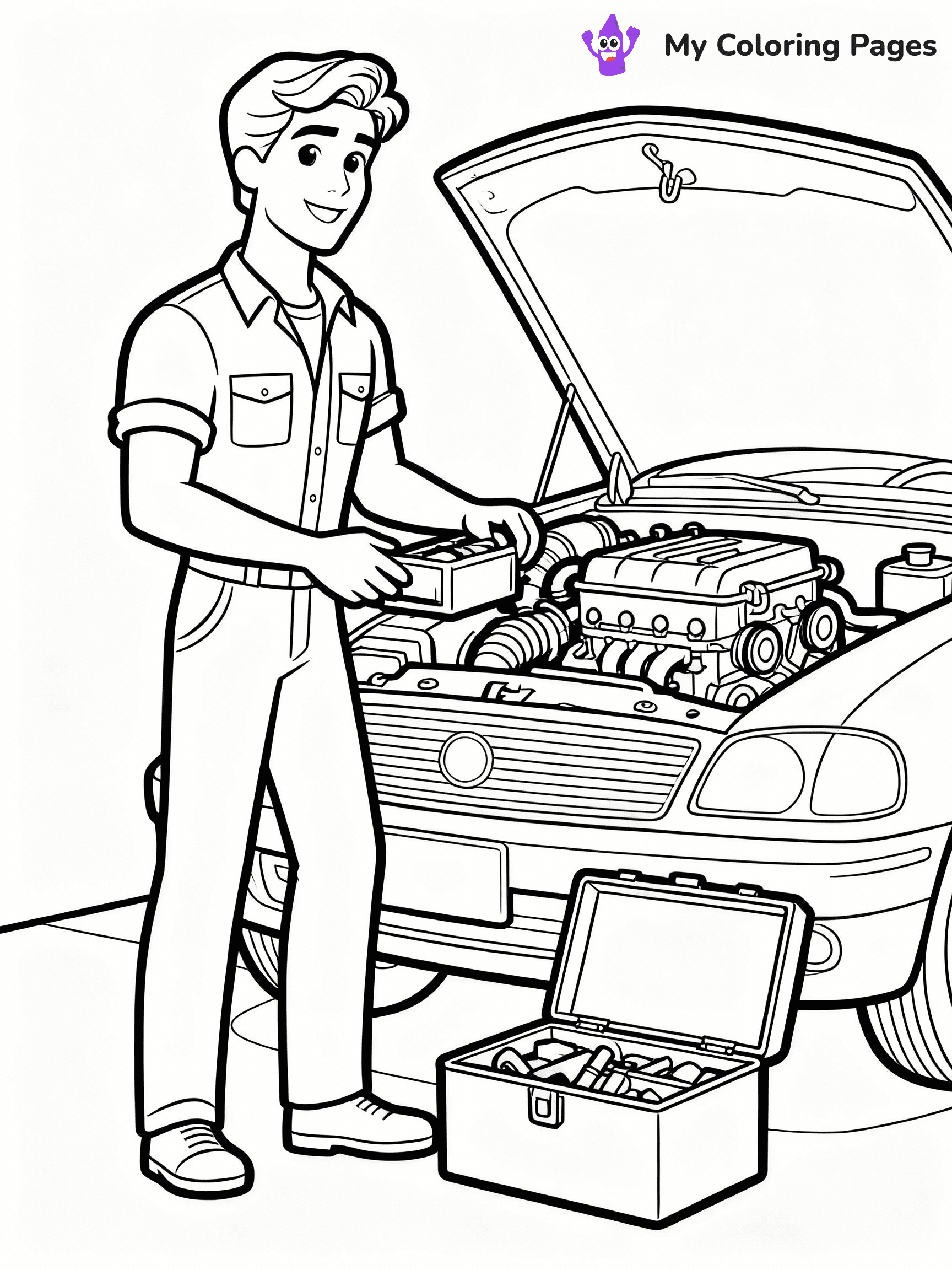 ⚠️ CRITICAL REQUIREMENT - ABSOLUTE BLACK AND WHITE ONLY ⚠️
This MUST be a BLACK AND WHITE line drawing ONLY. NO COLORS whatsoever.
- ONLY pure black lines (#000000) on pure white background (#FFFFFF)
- ABSOLUTELY NO colors, NO shading, NO gradients, NO grayscale
- If there are ANY colors in the output, the image is REJECTED
- This is a COLORING PAGE - meant to be COLORED IN by children
- The output must be UNCOLORED line art ready for coloring
⚠️ SUBJECT TO DRAW: Ken from Barbie helping with a car repair, toolbox open beside him. Important: PURE OUTLINES. NO FILLS, COLOR, SHADING, OR GREYSCALE. WHITE BACKGROUND.
(REMEMBER: Output must be BLACK AND WHITE line art only, NOT colored!)
# Flat, Friendly Cartoon Line-Art Coloring Page
You are generating a **pure black-and-white binary image** of a child-friendly cartoon scene combining characters and background scenery in one cohesive composition.
## Rendering Rules (Strict)
- Only two colors: pure black (#000000) outlines and pure white (#FFFFFF) background.
- No grayscale, shading, gradients, tints, fills, transparency, or partial pixels.
- No antialiasing or blended edges; every pixel is 100% black or white.
- No solid black fills inside shapes — all areas inside outlines must remain white.
- No dark clothing areas or filled tone blocks; all garments outlined only.
- No shadows, textures, lighting, or tonal variations.
- Must look like flat binary vector line-art for coloring pages.
## Drawing & Composition
- **Medium, consistent line weight**; clean closed outlines easy to color inside.
- **Flat, simple, child-friendly design** — no realism or 3D depth.
- Characters are **grounded on a surface**, centered and large.
- **Balanced composition** with clear silhouettes and minimal props.
## Scenery & Style
- Landmarks (e.g., mosque, CN Tower) and scenery (trees, benches, waves) drawn with **black outlines only.**
- For real-world figures, teams, or places, show accurate details using only black outlines—no text or logos. Use distinctive uniform patterns, abstract symbols, and landmark silhouettes to convey identity.
- Keep **consistent perspective**; no floating elements.
- **Style:** whimsical **Doodle Art Alley** — rounded, friendly outlines.
- May adapt shapes from **Crayola, Disney, Peppa Pig, Cocomelon** — *by shape only, never color.*
- Final output: **flat, crisp, binary (#000000/#FFFFFF)**, **no filled color or background text.**
EXTREMELYE IMPORTANT:
- PURE BINARY LINE-ART; NO FILLS (HAIR/CLOTHES/SKIN), SHADING, OR GREY.
- NO SHADING, COLOR. MUST BE WHITE BACKGROUND.
⚠️ FINAL REMINDER: Draw the subject "Ken from Barbie helping with a car repair, toolbox open beside him. Important: PURE OUTLINES. NO FILLS, COLOR, SHADING, OR GREYSCALE. WHITE BACKGROUND." as BLACK AND WHITE line art. Zero colors in output.