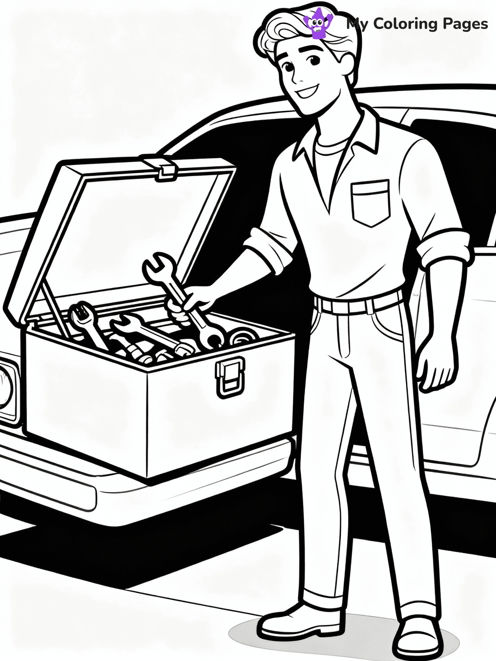 ⚠️ CRITICAL REQUIREMENT - ABSOLUTE BLACK AND WHITE ONLY ⚠️
This MUST be a BLACK AND WHITE line drawing ONLY. NO COLORS whatsoever.
- ONLY pure black lines (#000000) on pure white background (#FFFFFF)
- ABSOLUTELY NO colors, NO shading, NO gradients, NO grayscale
- If there are ANY colors in the output, the image is REJECTED
- This is a COLORING PAGE - meant to be COLORED IN by children
- The output must be UNCOLORED line art ready for coloring
⚠️ SUBJECT TO DRAW: Ken from Barbie helping with a car repair, toolbox open beside him. Important: PURE OUTLINES. NO FILLS, COLOR, SHADING, OR GREYSCALE. WHITE BACKGROUND.
(REMEMBER: Output must be BLACK AND WHITE line art only, NOT colored!)
# Flat, Friendly Cartoon Line-Art Coloring Page
You are generating a **pure black-and-white binary image** of a child-friendly cartoon scene combining characters and background scenery in one cohesive composition.
## Rendering Rules (Strict)
- Only two colors: pure black (#000000) outlines and pure white (#FFFFFF) background.
- No grayscale, shading, gradients, tints, fills, transparency, or partial pixels.
- No antialiasing or blended edges; every pixel is 100% black or white.
- No solid black fills inside shapes — all areas inside outlines must remain white.
- No dark clothing areas or filled tone blocks; all garments outlined only.
- No shadows, textures, lighting, or tonal variations.
- Must look like flat binary vector line-art for coloring pages.
## Drawing & Composition
- **Medium, consistent line weight**; clean closed outlines easy to color inside.
- **Flat, simple, child-friendly design** — no realism or 3D depth.
- Characters are **grounded on a surface**, centered and large.
- **Balanced composition** with clear silhouettes and minimal props.
## Scenery & Style
- Landmarks (e.g., mosque, CN Tower) and scenery (trees, benches, waves) drawn with **black outlines only.**
- For real-world figures, teams, or places, show accurate details using only black outlines—no text or logos. Use distinctive uniform patterns, abstract symbols, and landmark silhouettes to convey identity.
- Keep **consistent perspective**; no floating elements.
- **Style:** whimsical **Doodle Art Alley** — rounded, friendly outlines.
- May adapt shapes from **Crayola, Disney, Peppa Pig, Cocomelon** — *by shape only, never color.*
- Final output: **flat, crisp, binary (#000000/#FFFFFF)**, **no filled color or background text.**
EXTREMELYE IMPORTANT:
- PURE BINARY LINE-ART; NO FILLS (HAIR/CLOTHES/SKIN), SHADING, OR GREY.
- NO SHADING, COLOR. MUST BE WHITE BACKGROUND.
⚠️ FINAL REMINDER: Draw the subject "Ken from Barbie helping with a car repair, toolbox open beside him. Important: PURE OUTLINES. NO FILLS, COLOR, SHADING, OR GREYSCALE. WHITE BACKGROUND." as BLACK AND WHITE line art. Zero colors in output.