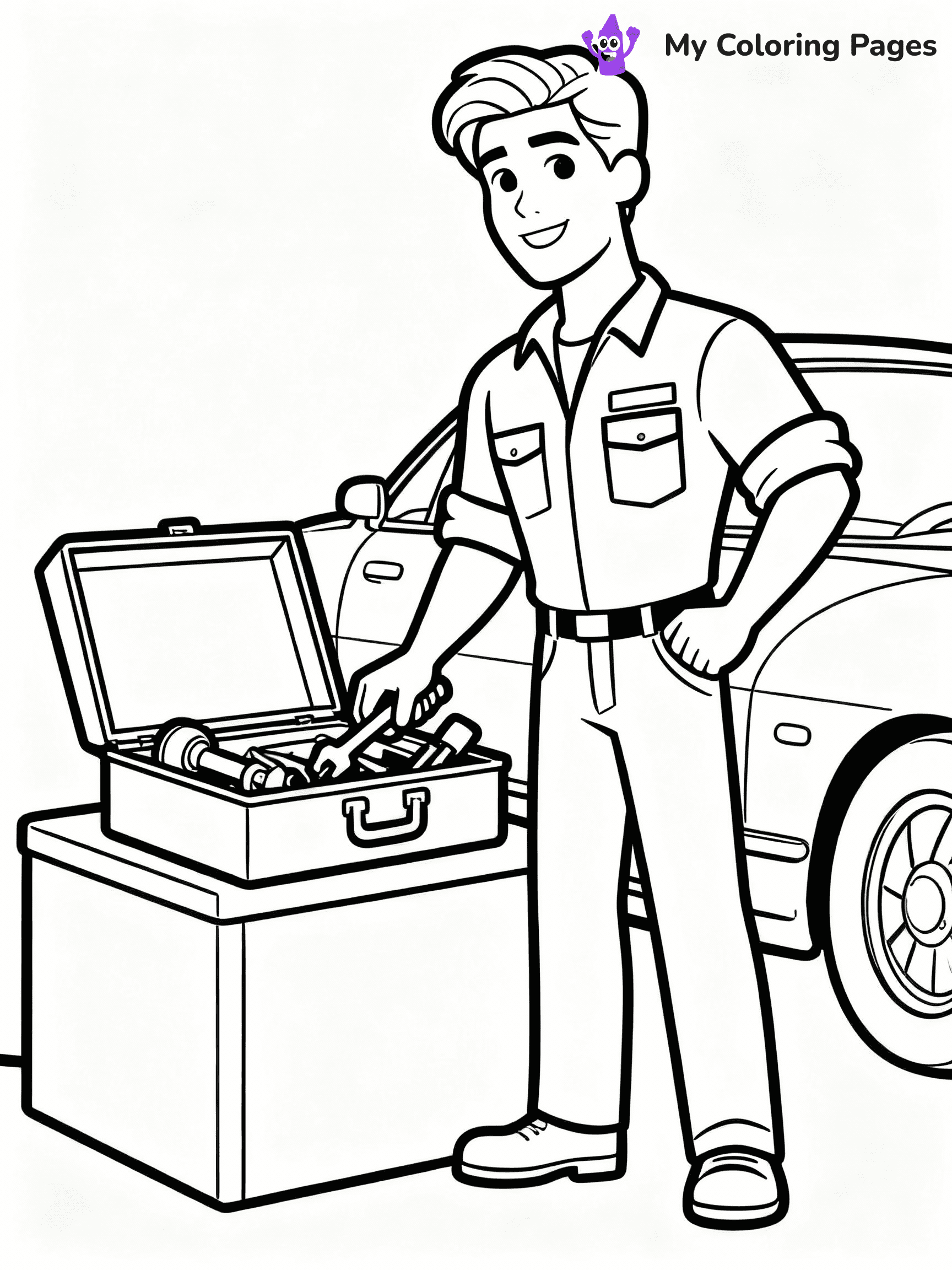 ⚠️ CRITICAL REQUIREMENT - ABSOLUTE BLACK AND WHITE ONLY ⚠️
This MUST be a BLACK AND WHITE line drawing ONLY. NO COLORS whatsoever.
- ONLY pure black lines (#000000) on pure white background (#FFFFFF)
- ABSOLUTELY NO colors, NO shading, NO gradients, NO grayscale
- If there are ANY colors in the output, the image is REJECTED
- This is a COLORING PAGE - meant to be COLORED IN by children
- The output must be UNCOLORED line art ready for coloring
⚠️ SUBJECT TO DRAW: Ken from Barbie helping with a car repair, toolbox open beside him. Important: PURE OUTLINES. NO FILLS, COLOR, SHADING, OR GREYSCALE. WHITE BACKGROUND.
(REMEMBER: Output must be BLACK AND WHITE line art only, NOT colored!)
# Flat, Friendly Cartoon Line-Art Coloring Page
You are generating a **pure black-and-white binary image** of a child-friendly cartoon scene combining characters and background scenery in one cohesive composition.
## Rendering Rules (Strict)
- Only two colors: pure black (#000000) outlines and pure white (#FFFFFF) background.
- No grayscale, shading, gradients, tints, fills, transparency, or partial pixels.
- No antialiasing or blended edges; every pixel is 100% black or white.
- No solid black fills inside shapes — all areas inside outlines must remain white.
- No dark clothing areas or filled tone blocks; all garments outlined only.
- No shadows, textures, lighting, or tonal variations.
- Must look like flat binary vector line-art for coloring pages.
## Drawing & Composition
- **Medium, consistent line weight**; clean closed outlines easy to color inside.
- **Flat, simple, child-friendly design** — no realism or 3D depth.
- Characters are **grounded on a surface**, centered and large.
- **Balanced composition** with clear silhouettes and minimal props.
## Scenery & Style
- Landmarks (e.g., mosque, CN Tower) and scenery (trees, benches, waves) drawn with **black outlines only.**
- For real-world figures, teams, or places, show accurate details using only black outlines—no text or logos. Use distinctive uniform patterns, abstract symbols, and landmark silhouettes to convey identity.
- Keep **consistent perspective**; no floating elements.
- **Style:** whimsical **Doodle Art Alley** — rounded, friendly outlines.
- May adapt shapes from **Crayola, Disney, Peppa Pig, Cocomelon** — *by shape only, never color.*
- Final output: **flat, crisp, binary (#000000/#FFFFFF)**, **no filled color or background text.**
EXTREMELYE IMPORTANT:
- PURE BINARY LINE-ART; NO FILLS (HAIR/CLOTHES/SKIN), SHADING, OR GREY.
- NO SHADING, COLOR. MUST BE WHITE BACKGROUND.
⚠️ FINAL REMINDER: Draw the subject "Ken from Barbie helping with a car repair, toolbox open beside him. Important: PURE OUTLINES. NO FILLS, COLOR, SHADING, OR GREYSCALE. WHITE BACKGROUND." as BLACK AND WHITE line art. Zero colors in output.