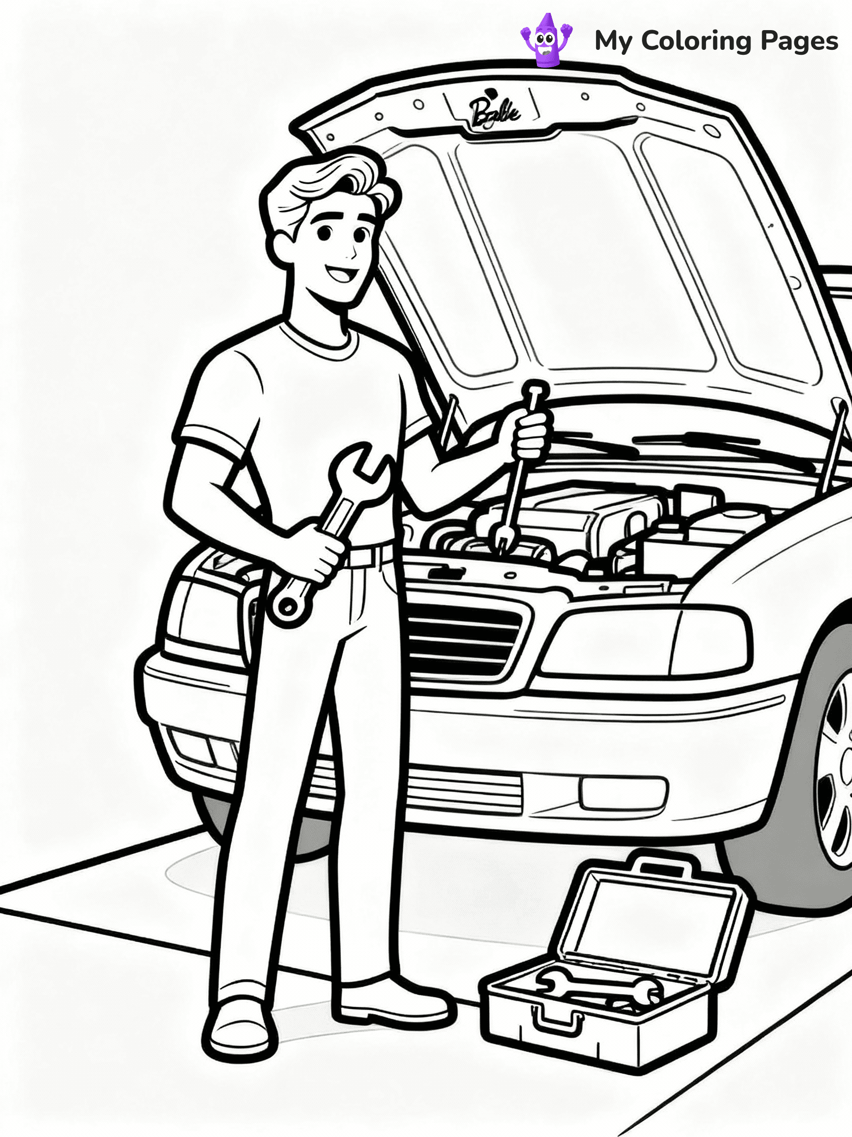 ⚠️ CRITICAL REQUIREMENT - ABSOLUTE BLACK AND WHITE ONLY ⚠️
This MUST be a BLACK AND WHITE line drawing ONLY. NO COLORS whatsoever.
- ONLY pure black lines (#000000) on pure white background (#FFFFFF)
- ABSOLUTELY NO colors, NO shading, NO gradients, NO grayscale
- If there are ANY colors in the output, the image is REJECTED
- This is a COLORING PAGE - meant to be COLORED IN by children
- The output must be UNCOLORED line art ready for coloring
⚠️ SUBJECT TO DRAW: Ken from Barbie helping with a car repair, toolbox open beside him. Important: PURE OUTLINES. NO FILLS, COLOR, SHADING, OR GREYSCALE. WHITE BACKGROUND.
(REMEMBER: Output must be BLACK AND WHITE line art only, NOT colored!)
# Flat, Friendly Cartoon Line-Art Coloring Page
You are generating a **pure black-and-white binary image** of a child-friendly cartoon scene combining characters and background scenery in one cohesive composition.
## Rendering Rules (Strict)
- Only two colors: pure black (#000000) outlines and pure white (#FFFFFF) background.
- No grayscale, shading, gradients, tints, fills, transparency, or partial pixels.
- No antialiasing or blended edges; every pixel is 100% black or white.
- No solid black fills inside shapes — all areas inside outlines must remain white.
- No dark clothing areas or filled tone blocks; all garments outlined only.
- No shadows, textures, lighting, or tonal variations.
- Must look like flat binary vector line-art for coloring pages.
## Drawing & Composition
- **Medium, consistent line weight**; clean closed outlines easy to color inside.
- **Flat, simple, child-friendly design** — no realism or 3D depth.
- Characters are **grounded on a surface**, centered and large.
- **Balanced composition** with clear silhouettes and minimal props.
## Scenery & Style
- Landmarks (e.g., mosque, CN Tower) and scenery (trees, benches, waves) drawn with **black outlines only.**
- For real-world figures, teams, or places, show accurate details using only black outlines—no text or logos. Use distinctive uniform patterns, abstract symbols, and landmark silhouettes to convey identity.
- Keep **consistent perspective**; no floating elements.
- **Style:** whimsical **Doodle Art Alley** — rounded, friendly outlines.
- May adapt shapes from **Crayola, Disney, Peppa Pig, Cocomelon** — *by shape only, never color.*
- Final output: **flat, crisp, binary (#000000/#FFFFFF)**, **no filled color or background text.**
EXTREMELYE IMPORTANT:
- PURE BINARY LINE-ART; NO FILLS (HAIR/CLOTHES/SKIN), SHADING, OR GREY.
- NO SHADING, COLOR. MUST BE WHITE BACKGROUND.
⚠️ FINAL REMINDER: Draw the subject "Ken from Barbie helping with a car repair, toolbox open beside him. Important: PURE OUTLINES. NO FILLS, COLOR, SHADING, OR GREYSCALE. WHITE BACKGROUND." as BLACK AND WHITE line art. Zero colors in output.