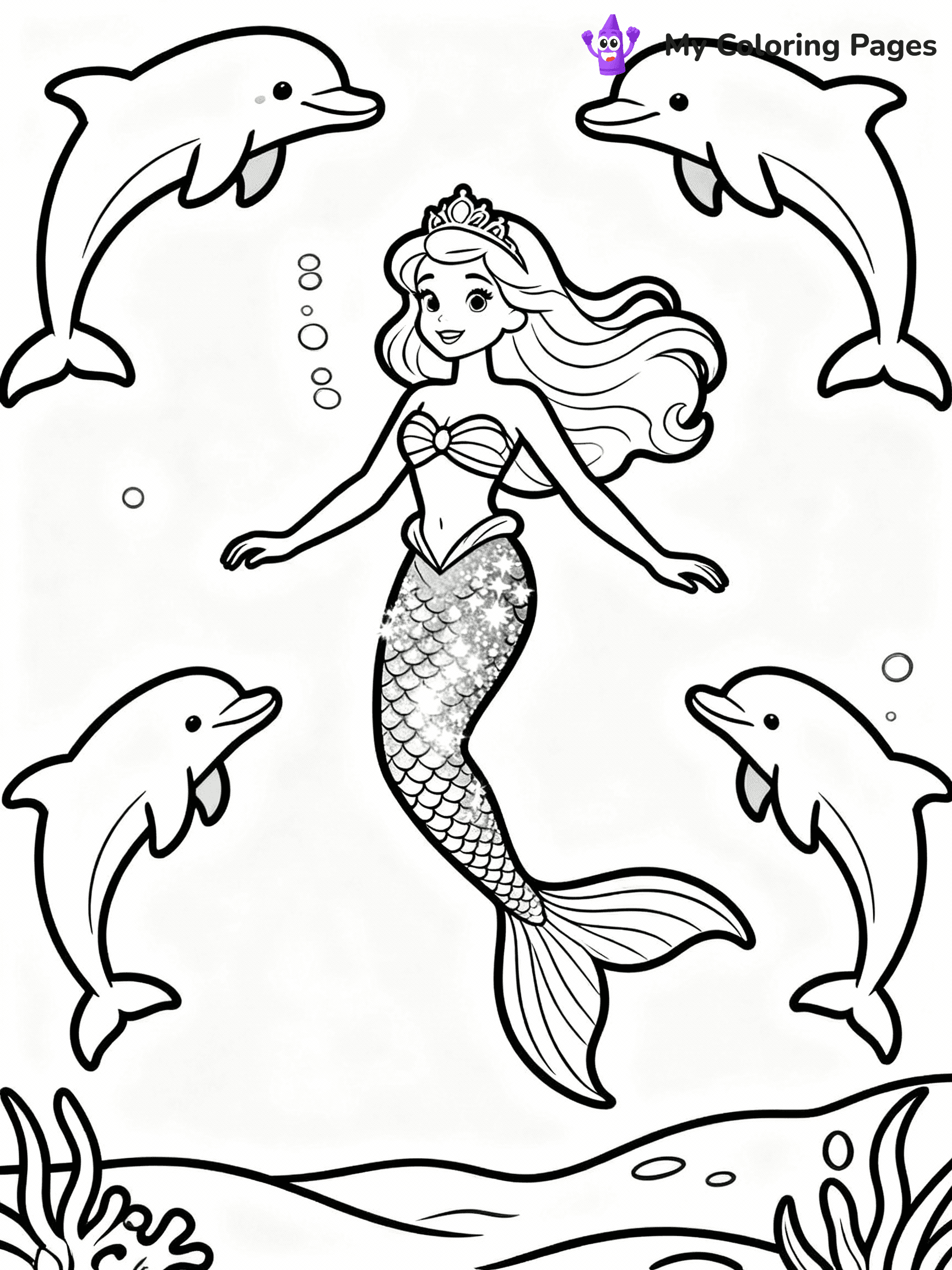 ⚠️ CRITICAL REQUIREMENT - ABSOLUTE BLACK AND WHITE ONLY ⚠️
This MUST be a BLACK AND WHITE line drawing ONLY. NO COLORS whatsoever.
- ONLY pure black lines (#000000) on pure white background (#FFFFFF)
- ABSOLUTELY NO colors, NO shading, NO gradients, NO grayscale
- If there are ANY colors in the output, the image is REJECTED
- This is a COLORING PAGE - meant to be COLORED IN by children
- The output must be UNCOLORED line art ready for coloring
⚠️ SUBJECT TO DRAW: Mermaid Barbie swimming with dolphins, shimmering tail visible under water. Important: PURE OUTLINES. NO FILLS, COLOR, SHADING, OR GREYSCALE. WHITE BACKGROUND.
(REMEMBER: Output must be BLACK AND WHITE line art only, NOT colored!)
# Flat, Friendly Cartoon Line-Art Coloring Page
You are generating a **pure black-and-white binary image** of a child-friendly cartoon scene combining characters and background scenery in one cohesive composition.
## Rendering Rules (Strict)
- Only two colors: pure black (#000000) outlines and pure white (#FFFFFF) background.
- No grayscale, shading, gradients, tints, fills, transparency, or partial pixels.
- No antialiasing or blended edges; every pixel is 100% black or white.
- No solid black fills inside shapes — all areas inside outlines must remain white.
- No dark clothing areas or filled tone blocks; all garments outlined only.
- No shadows, textures, lighting, or tonal variations.
- Must look like flat binary vector line-art for coloring pages.
## Drawing & Composition
- **Medium, consistent line weight**; clean closed outlines easy to color inside.
- **Flat, simple, child-friendly design** — no realism or 3D depth.
- Characters are **grounded on a surface**, centered and large.
- **Balanced composition** with clear silhouettes and minimal props.
## Scenery & Style
- Landmarks (e.g., mosque, CN Tower) and scenery (trees, benches, waves) drawn with **black outlines only.**
- For real-world figures, teams, or places, show accurate details using only black outlines—no text or logos. Use distinctive uniform patterns, abstract symbols, and landmark silhouettes to convey identity.
- Keep **consistent perspective**; no floating elements.
- **Style:** whimsical **Doodle Art Alley** — rounded, friendly outlines.
- May adapt shapes from **Crayola, Disney, Peppa Pig, Cocomelon** — *by shape only, never color.*
- Final output: **flat, crisp, binary (#000000/#FFFFFF)**, **no filled color or background text.**
EXTREMELYE IMPORTANT:
- PURE BINARY LINE-ART; NO FILLS (HAIR/CLOTHES/SKIN), SHADING, OR GREY.
- NO SHADING, COLOR. MUST BE WHITE BACKGROUND.
⚠️ FINAL REMINDER: Draw the subject "Mermaid Barbie swimming with dolphins, shimmering tail visible under water. Important: PURE OUTLINES. NO FILLS, COLOR, SHADING, OR GREYSCALE. WHITE BACKGROUND." as BLACK AND WHITE line art. Zero colors in output.