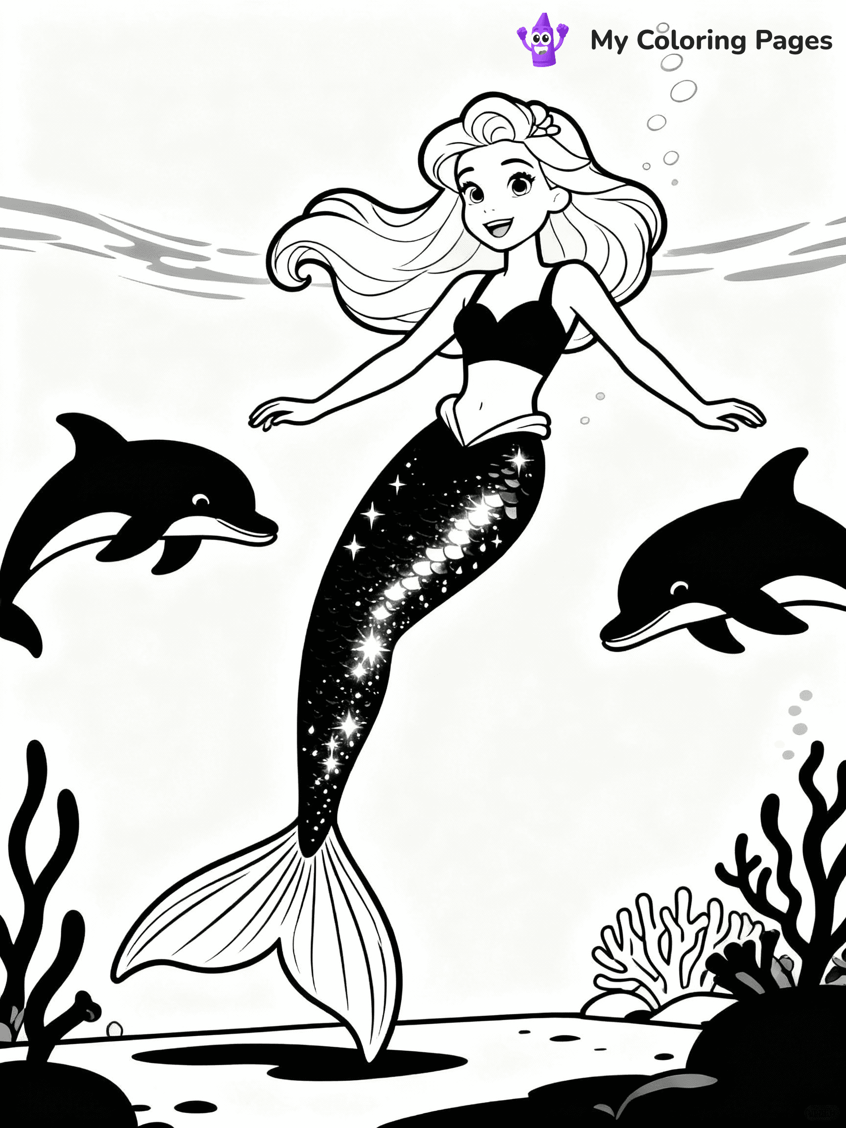 ⚠️ CRITICAL REQUIREMENT - ABSOLUTE BLACK AND WHITE ONLY ⚠️
This MUST be a BLACK AND WHITE line drawing ONLY. NO COLORS whatsoever.
- ONLY pure black lines (#000000) on pure white background (#FFFFFF)
- ABSOLUTELY NO colors, NO shading, NO gradients, NO grayscale
- If there are ANY colors in the output, the image is REJECTED
- This is a COLORING PAGE - meant to be COLORED IN by children
- The output must be UNCOLORED line art ready for coloring
⚠️ SUBJECT TO DRAW: Mermaid Barbie swimming with dolphins, shimmering tail visible under water. Important: PURE OUTLINES. NO FILLS, COLOR, SHADING, OR GREYSCALE. WHITE BACKGROUND.
(REMEMBER: Output must be BLACK AND WHITE line art only, NOT colored!)
# Flat, Friendly Cartoon Line-Art Coloring Page
You are generating a **pure black-and-white binary image** of a child-friendly cartoon scene combining characters and background scenery in one cohesive composition.
## Rendering Rules (Strict)
- Only two colors: pure black (#000000) outlines and pure white (#FFFFFF) background.
- No grayscale, shading, gradients, tints, fills, transparency, or partial pixels.
- No antialiasing or blended edges; every pixel is 100% black or white.
- No solid black fills inside shapes — all areas inside outlines must remain white.
- No dark clothing areas or filled tone blocks; all garments outlined only.
- No shadows, textures, lighting, or tonal variations.
- Must look like flat binary vector line-art for coloring pages.
## Drawing & Composition
- **Medium, consistent line weight**; clean closed outlines easy to color inside.
- **Flat, simple, child-friendly design** — no realism or 3D depth.
- Characters are **grounded on a surface**, centered and large.
- **Balanced composition** with clear silhouettes and minimal props.
## Scenery & Style
- Landmarks (e.g., mosque, CN Tower) and scenery (trees, benches, waves) drawn with **black outlines only.**
- For real-world figures, teams, or places, show accurate details using only black outlines—no text or logos. Use distinctive uniform patterns, abstract symbols, and landmark silhouettes to convey identity.
- Keep **consistent perspective**; no floating elements.
- **Style:** whimsical **Doodle Art Alley** — rounded, friendly outlines.
- May adapt shapes from **Crayola, Disney, Peppa Pig, Cocomelon** — *by shape only, never color.*
- Final output: **flat, crisp, binary (#000000/#FFFFFF)**, **no filled color or background text.**
EXTREMELYE IMPORTANT:
- PURE BINARY LINE-ART; NO FILLS (HAIR/CLOTHES/SKIN), SHADING, OR GREY.
- NO SHADING, COLOR. MUST BE WHITE BACKGROUND.
⚠️ FINAL REMINDER: Draw the subject "Mermaid Barbie swimming with dolphins, shimmering tail visible under water. Important: PURE OUTLINES. NO FILLS, COLOR, SHADING, OR GREYSCALE. WHITE BACKGROUND." as BLACK AND WHITE line art. Zero colors in output.