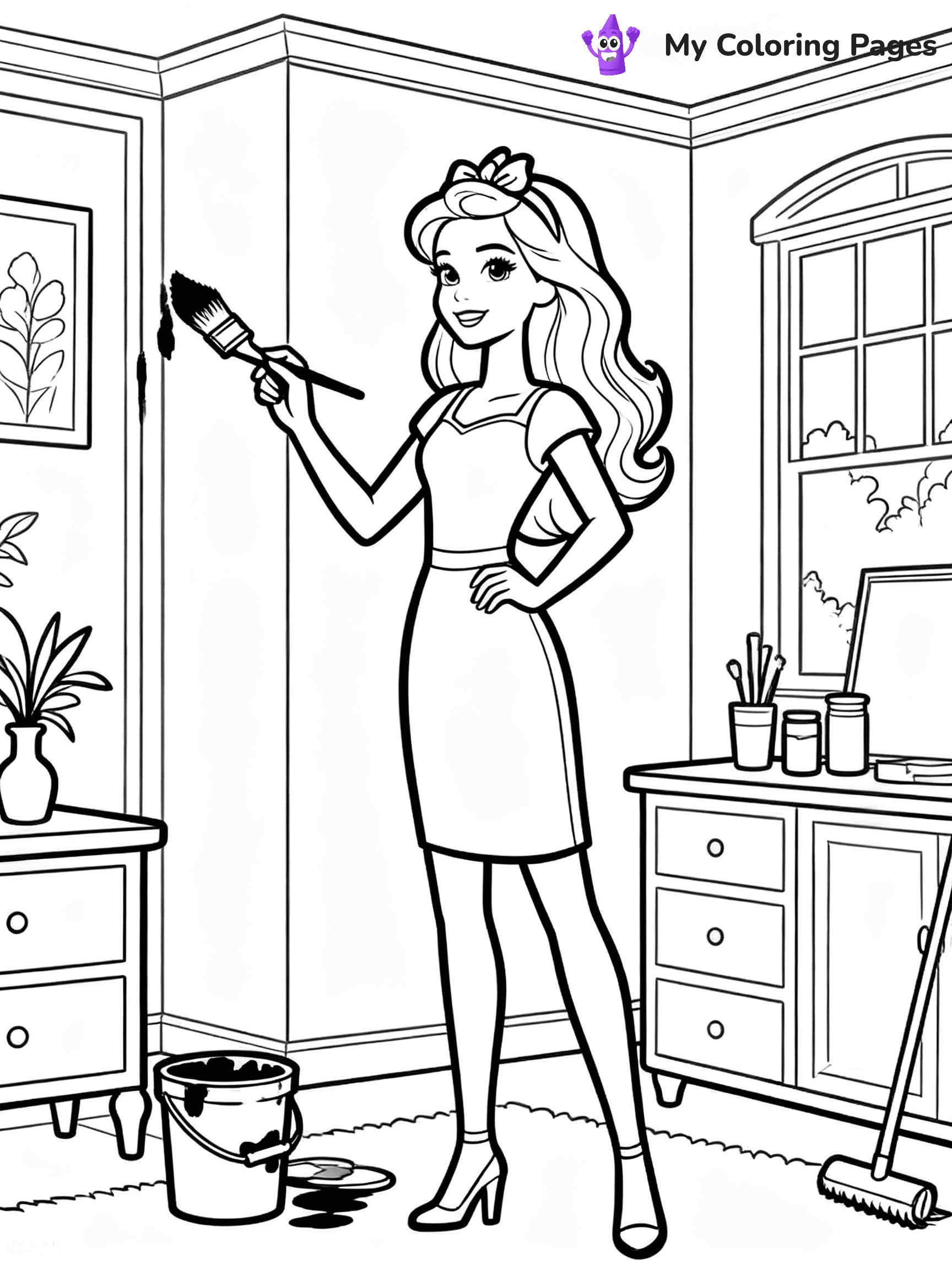 ⚠️ CRITICAL REQUIREMENT - ABSOLUTE BLACK AND WHITE ONLY ⚠️
This MUST be a BLACK AND WHITE line drawing ONLY. NO COLORS whatsoever.
- ONLY pure black lines (#000000) on pure white background (#FFFFFF)
- ABSOLUTELY NO colors, NO shading, NO gradients, NO grayscale
- If there are ANY colors in the output, the image is REJECTED
- This is a COLORING PAGE - meant to be COLORED IN by children
- The output must be UNCOLORED line art ready for coloring
⚠️ SUBJECT TO DRAW: Barbie from Barbie's Dream House decorating a room, paintbrush in hand. Important: PURE OUTLINES. NO FILLS, COLOR, SHADING, OR GREYSCALE. WHITE BACKGROUND.
(REMEMBER: Output must be BLACK AND WHITE line art only, NOT colored!)
# Flat, Friendly Cartoon Line-Art Coloring Page
You are generating a **pure black-and-white binary image** of a child-friendly cartoon scene combining characters and background scenery in one cohesive composition.
## Rendering Rules (Strict)
- Only two colors: pure black (#000000) outlines and pure white (#FFFFFF) background.
- No grayscale, shading, gradients, tints, fills, transparency, or partial pixels.
- No antialiasing or blended edges; every pixel is 100% black or white.
- No solid black fills inside shapes — all areas inside outlines must remain white.
- No dark clothing areas or filled tone blocks; all garments outlined only.
- No shadows, textures, lighting, or tonal variations.
- Must look like flat binary vector line-art for coloring pages.
## Drawing & Composition
- **Medium, consistent line weight**; clean closed outlines easy to color inside.
- **Flat, simple, child-friendly design** — no realism or 3D depth.
- Characters are **grounded on a surface**, centered and large.
- **Balanced composition** with clear silhouettes and minimal props.
## Scenery & Style
- Landmarks (e.g., mosque, CN Tower) and scenery (trees, benches, waves) drawn with **black outlines only.**
- For real-world figures, teams, or places, show accurate details using only black outlines—no text or logos. Use distinctive uniform patterns, abstract symbols, and landmark silhouettes to convey identity.
- Keep **consistent perspective**; no floating elements.
- **Style:** whimsical **Doodle Art Alley** — rounded, friendly outlines.
- May adapt shapes from **Crayola, Disney, Peppa Pig, Cocomelon** — *by shape only, never color.*
- Final output: **flat, crisp, binary (#000000/#FFFFFF)**, **no filled color or background text.**
EXTREMELYE IMPORTANT:
- PURE BINARY LINE-ART; NO FILLS (HAIR/CLOTHES/SKIN), SHADING, OR GREY.
- NO SHADING, COLOR. MUST BE WHITE BACKGROUND.
⚠️ FINAL REMINDER: Draw the subject "Barbie from Barbie's Dream House decorating a room, paintbrush in hand. Important: PURE OUTLINES. NO FILLS, COLOR, SHADING, OR GREYSCALE. WHITE BACKGROUND." as BLACK AND WHITE line art. Zero colors in output.