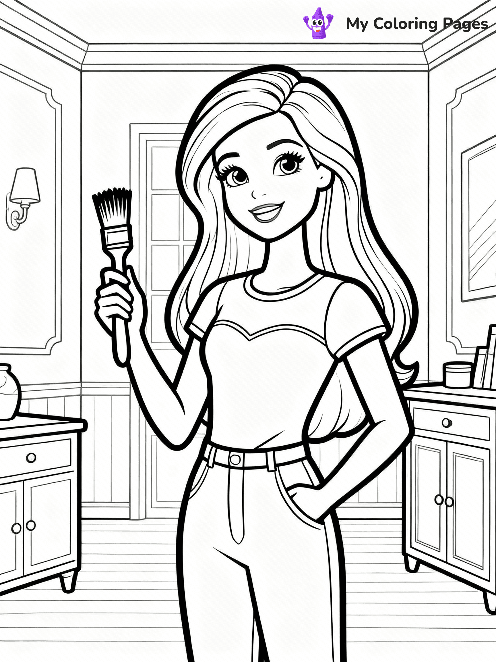 ⚠️ CRITICAL REQUIREMENT - ABSOLUTE BLACK AND WHITE ONLY ⚠️
This MUST be a BLACK AND WHITE line drawing ONLY. NO COLORS whatsoever.
- ONLY pure black lines (#000000) on pure white background (#FFFFFF)
- ABSOLUTELY NO colors, NO shading, NO gradients, NO grayscale
- If there are ANY colors in the output, the image is REJECTED
- This is a COLORING PAGE - meant to be COLORED IN by children
- The output must be UNCOLORED line art ready for coloring
⚠️ SUBJECT TO DRAW: Barbie from Barbie's Dream House decorating a room, paintbrush in hand. Important: PURE OUTLINES. NO FILLS, COLOR, SHADING, OR GREYSCALE. WHITE BACKGROUND.
(REMEMBER: Output must be BLACK AND WHITE line art only, NOT colored!)
# Flat, Friendly Cartoon Line-Art Coloring Page
You are generating a **pure black-and-white binary image** of a child-friendly cartoon scene combining characters and background scenery in one cohesive composition.
## Rendering Rules (Strict)
- Only two colors: pure black (#000000) outlines and pure white (#FFFFFF) background.
- No grayscale, shading, gradients, tints, fills, transparency, or partial pixels.
- No antialiasing or blended edges; every pixel is 100% black or white.
- No solid black fills inside shapes — all areas inside outlines must remain white.
- No dark clothing areas or filled tone blocks; all garments outlined only.
- No shadows, textures, lighting, or tonal variations.
- Must look like flat binary vector line-art for coloring pages.
## Drawing & Composition
- **Medium, consistent line weight**; clean closed outlines easy to color inside.
- **Flat, simple, child-friendly design** — no realism or 3D depth.
- Characters are **grounded on a surface**, centered and large.
- **Balanced composition** with clear silhouettes and minimal props.
## Scenery & Style
- Landmarks (e.g., mosque, CN Tower) and scenery (trees, benches, waves) drawn with **black outlines only.**
- For real-world figures, teams, or places, show accurate details using only black outlines—no text or logos. Use distinctive uniform patterns, abstract symbols, and landmark silhouettes to convey identity.
- Keep **consistent perspective**; no floating elements.
- **Style:** whimsical **Doodle Art Alley** — rounded, friendly outlines.
- May adapt shapes from **Crayola, Disney, Peppa Pig, Cocomelon** — *by shape only, never color.*
- Final output: **flat, crisp, binary (#000000/#FFFFFF)**, **no filled color or background text.**
EXTREMELYE IMPORTANT:
- PURE BINARY LINE-ART; NO FILLS (HAIR/CLOTHES/SKIN), SHADING, OR GREY.
- NO SHADING, COLOR. MUST BE WHITE BACKGROUND.
⚠️ FINAL REMINDER: Draw the subject "Barbie from Barbie's Dream House decorating a room, paintbrush in hand. Important: PURE OUTLINES. NO FILLS, COLOR, SHADING, OR GREYSCALE. WHITE BACKGROUND." as BLACK AND WHITE line art. Zero colors in output.