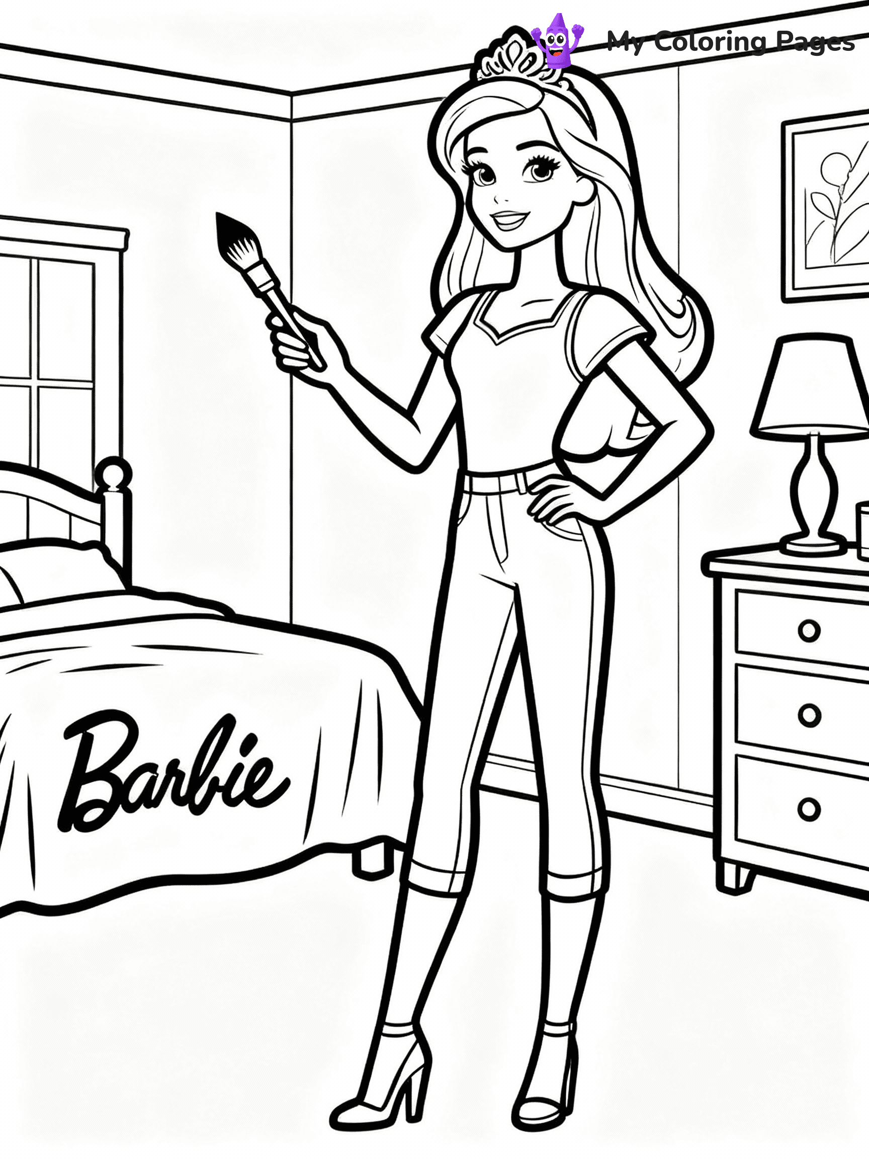 ⚠️ CRITICAL REQUIREMENT - ABSOLUTE BLACK AND WHITE ONLY ⚠️
This MUST be a BLACK AND WHITE line drawing ONLY. NO COLORS whatsoever.
- ONLY pure black lines (#000000) on pure white background (#FFFFFF)
- ABSOLUTELY NO colors, NO shading, NO gradients, NO grayscale
- If there are ANY colors in the output, the image is REJECTED
- This is a COLORING PAGE - meant to be COLORED IN by children
- The output must be UNCOLORED line art ready for coloring
⚠️ SUBJECT TO DRAW: Barbie from Barbie's Dream House decorating a room, paintbrush in hand. Important: PURE OUTLINES. NO FILLS, COLOR, SHADING, OR GREYSCALE. WHITE BACKGROUND.
(REMEMBER: Output must be BLACK AND WHITE line art only, NOT colored!)
# Flat, Friendly Cartoon Line-Art Coloring Page
You are generating a **pure black-and-white binary image** of a child-friendly cartoon scene combining characters and background scenery in one cohesive composition.
## Rendering Rules (Strict)
- Only two colors: pure black (#000000) outlines and pure white (#FFFFFF) background.
- No grayscale, shading, gradients, tints, fills, transparency, or partial pixels.
- No antialiasing or blended edges; every pixel is 100% black or white.
- No solid black fills inside shapes — all areas inside outlines must remain white.
- No dark clothing areas or filled tone blocks; all garments outlined only.
- No shadows, textures, lighting, or tonal variations.
- Must look like flat binary vector line-art for coloring pages.
## Drawing & Composition
- **Medium, consistent line weight**; clean closed outlines easy to color inside.
- **Flat, simple, child-friendly design** — no realism or 3D depth.
- Characters are **grounded on a surface**, centered and large.
- **Balanced composition** with clear silhouettes and minimal props.
## Scenery & Style
- Landmarks (e.g., mosque, CN Tower) and scenery (trees, benches, waves) drawn with **black outlines only.**
- For real-world figures, teams, or places, show accurate details using only black outlines—no text or logos. Use distinctive uniform patterns, abstract symbols, and landmark silhouettes to convey identity.
- Keep **consistent perspective**; no floating elements.
- **Style:** whimsical **Doodle Art Alley** — rounded, friendly outlines.
- May adapt shapes from **Crayola, Disney, Peppa Pig, Cocomelon** — *by shape only, never color.*
- Final output: **flat, crisp, binary (#000000/#FFFFFF)**, **no filled color or background text.**
EXTREMELYE IMPORTANT:
- PURE BINARY LINE-ART; NO FILLS (HAIR/CLOTHES/SKIN), SHADING, OR GREY.
- NO SHADING, COLOR. MUST BE WHITE BACKGROUND.
⚠️ FINAL REMINDER: Draw the subject "Barbie from Barbie's Dream House decorating a room, paintbrush in hand. Important: PURE OUTLINES. NO FILLS, COLOR, SHADING, OR GREYSCALE. WHITE BACKGROUND." as BLACK AND WHITE line art. Zero colors in output.